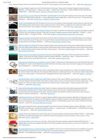 1/10/23, 10:58 AM Advanced View Arduino Projects List - Use Arduino for Projects
https://duino4projects.com/advanced-view-arduino-projects-list/?page31074=3 11/58
circuit... Electronics Projects, Arduino Uno FM AM Transmitter Circuit SI4713 "arduino projects, microcontroller projects, " The…... Listed under: Radio Projects
IoT for coins Need to organize your coins? Get some help with this project. Things used in this project Hardware components Arduino
MKR1000 × 1 ATX Power Supply × 1 Adafruit coin acceptor × 1 Adafruit Proto Screw Shield × 1 Adafruit GRAPHIC ST7565 POSITIVE LCD
(128X64) WITH…... Listed under: Internet – Ethernet – LAN Projects, Projects, Tutorials
The Sensometer: 22+ Sensors This is the "Sensometer", a great example of IoT! Get all sensors working at once! Things used in this project
Hardware components Arduino MKR1000 × 1 Arduino Mega 2560 & Genuino Mega 2560 × 1 Real Time Clock (RTC) × 1 ProtoCentral Pulse
Oximeter &…... Listed under: Projects, Sensor – Transducer – Detector Projects
LED POV CLOCK ARDUINO PRO MINI The Arduino led pov clock circuit has been an interesting project, and the author has made use of the
arduino feeding system with the popular wireless energy transmission method, which is an additional circuit...Electronics Projects, Led Pov
Clock Arduino Pro Mini "arduino projects, led projects, microcontroller projects, "…... Listed under: Clock – Timer Projects
Project “Gallon” – Smart Drinking Water Monitoring Platform This project is a platform for drinking water monitoring and analytics, consists of
IoT device, cloud, and mobile and web app. Things used in this project Hardware components Arduino MKR1000 × 1 PCF8574 × 1 AC-DC
Module 5V 500mA × 1 10 Segment LED Bar…... Listed under: Metering – Instrument Projects, Projects, Wifi - WLan Projects
Gestured Controlled Smart Home Not only this project has all the Smart Home features but it also includes MYO gesture control, allowing
control of lights with your arm. Things used in this project Hardware components Myo Gesture Control Armband Armband used to detect
arm gestures and control different hardwares…... Listed under: Home Automation Projects, Projects
ARDUINO LIBRARY FILES PROTEUS The Proteus simulation program works especially well for testing microcontroller projects, but at least it
gives some insight. Proteus libraries for Arduino Arduino Proteus Models Proteus Arduino Mega1280 Proteus Arduino UNO Proteus Arduino
Pro... Electronics Projects, Arduino Library Files Proteus "arduino projects, " The Proteus simulation program works especially…... Listed under:
Arduino Programmer Projects
Monitor and control your irrigation system with a mobile app Create your Blynk mobile app to monitor your garden and activate the
irrigation. Things used in this project Hardware components Arduino MKR1000 × 1 Seeed Grove - Relay × 1 Arduino Rural Hack Kit × 1
Software apps and online services Blynk Story In this…... Listed under: Irrigation Projects, Projects
LoRa gateway and node boards run on Raspberry Pi power Pi Supply is Kickstartering Iot LoRa Gateway and IoT LoRa Node pHAT add-ons for
the Raspberry Pi, as well as a LoRa Node that works with the Micro:bit. An Arduino node is also in the works.Pi Supply, which has produced a
variety of Raspberry Pi…... Listed under: Wireless Projects
BALANCE ROBOT ARDUINO UNO Previously shared “ Analog Balance Robot “project using Arduino Uno . Motor drive SparkFun Ardumoto
this module is based on the L298 motor drive integration SMD materials are used because the size of the...Electronics Projects, Balance Robot
Arduino Uno "arduino projects, " Previously shared “ Analog Balance Robot “project using Arduino…... Listed under: Robotics – Automation
Projects
ARDUINO EXTERNAL CIRCUIT CONNECTION CHARTS Arduino transistors, LEDs, motors, MOSFETs, various electronic components, circuit
connection diagrams that will be of great use for Arduino projects, Arduino circuits or those who are new to Arduino programming … Circuit
diagrams are... Electronics Projects, Arduino External Circuit Connection Charts "arduino projects, " Arduino transistors, LEDs, motors,
MOSFETs,…... Listed under: Motor Projects
ATMEL ARDUINO COLORED CONNECTION CHART Projects or schematics, drawings that will work when preparing pcb Atmel AVR
Microprocessors Information Tags for “Share” drawings directly on Atmel microcontrollers. Colored linking expansions are more
comprehensible for those dealing with Atmel Series... Electronics Projects, Atmel Arduino Colored Connection Chart "arduino projects, "
Projects or schematics, drawings that…... Listed under: Other Projects
esp8266/Arduino NTC library A thermistor is a type of negative coefficient resistor whose resistance is dependent on temperature, more so
than in standard resistors. The resistance of a NTC Negative Temperature Coefficient thermistor (https://en.wikipedia.org/wiki/Thermistor)
decreases as temperature rises. The Steinhart-Hart Thermistor Equation or the Beta Model Equation can be used to correlate the thermistor
resistance…... Listed under: Temperature Measurement Projects
Smart Garage Change the way you operate your garage! Things used in this project Hardware components Arduino MKR1000 × 1 GY-521
MPU-6050 3 Axis Gyroscope + Accelerometer Module For Arduino × 1 Ultrasonic Sensor - HC-SR04 (Generic) × 1 SSD1306 OLED I2C Display
× 1 Relay (generic)…... Listed under: Home Automation Projects
PuzzleBox Protect your valuables with a puzzle! Things used in this project Hardware components Arduino MKR IoT Bundle × 1 Software apps
and online services Blynk Story Keeping your valuable items away from prying eyes can be hard sometimes, unless you put it in a big…...
Listed under: Security – Safety Projects
Love You Pillow Open source is love, and so are hugs! Things used in this project Hardware components Arduino MKR IoT Bundle × 1
Software apps and online services Telegram Story We all know that being without that special person in your life can be difficult, but…... Listed
under: Other Projects
Home Automation System for a Camp with Cellular Internet Wouldn't it be nice if you could start warming up the camp before you leave the
house? How about using Alexa to do it for you! Things used in this project Hardware components Amazon Alexa Echo Dot × 1 Arduino
MKR1000 × 1 ControlEverything.com Relay…... Listed under: Home Automation Projects
 