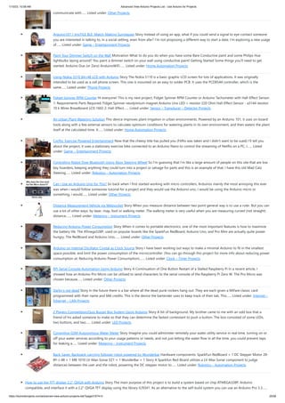 1/10/23, 10:58 AM Advanced View Arduino Projects List - Use Arduino for Projects
https://duino4projects.com/advanced-view-arduino-projects-list/?page31074=3 25/58
communicate with…... Listed under: Other Projects
Arduino101 / tinyTILE BLE: Match-Making Sunglasses Story Instead of using an app, what if you could send a signal to eye-contact someone
you are interested in talking to, in a social setting, even from afar? I'm not proposing a different way to start a date. I'm exploring a new usage
of…... Listed under: Game – Entertainment Projects
Paint Your Dimmer Switch on the Wall Motivation What to do you do when you have some Bare Conductive paint and some Philips Hue
lightbulbs laying around? You paint a dimmer switch on your wall using conductive paint! Getting Started Some things you'll need to get
started: Arduino Due (or Zero) AnduinoWiFi…... Listed under: Home Automation Projects
Using Nokia 3310 84×48 LCD with Arduino Story The Nokia 5110 is a basic graphic LCD screen for lots of applications. It was originally
intended to be used as a cell phone screen. This one is mounted on an easy to solder PCB. It uses the PCD8544 controller, which is the
same…... Listed under: Phone Projects
Fidget Spinner RPM Counter Hi everyone! This is my next project, Fidget Spinner RPM Counter or Arduino Tachometer with Hall-Effect Sensor.
1: Requirements Parts Required: Fidget Spinner neodyimium magnet Arduino Uno LED + resistor 220 Ohm Hall-Effect Sensor - a3144 resistor
10 k Wires Breadboard LCD 1602 2: Hall-Effect…... Listed under: Sensor – Transducer – Detector Projects
An Urban Plant Watering Solution This device improves plant irrigation in urban environments. Powered by an Arduino 101, it uses on-board
tools along with a few external sensors to calculate optimum conditions for watering plants in its own environment, and then waters the plant
itself at the calculated time. It…... Listed under: Home Automation Projects
Cycflix: Exercise Powered Entertainment Now that the cheesy title has pulled you (Fitflix was taken and I didn't want to be sued) I'll tell you
about the project, it uses a stationary exercise bike connected to an Arduino Nano to control the streaming of Netflix on a PC, I…... Listed
under: Game – Entertainment Projects
Controlling Robot Over Bluetooth Using Xbox Steering Wheel So I'm guessing that I'm like a large amount of people on this site that are low
key hoarders, keeping anything they could turn into a project or salvage for parts and this is an example of that. I have this old Mad Catz
Steering…... Listed under: Robotics – Automation Projects
Can I Use an Arduino Uno for This? So back when I first started working with micro controllers, Arduinos mainly the most annoying this ever
was when i would follow someones tutorial for a project and they would use the Arduino uno, I would be using the Arduino micro or
something, i would…... Listed under: Other Projects
Distance Measurement Vehicle via Websocket Story When you measure distance between two point general way is to use a ruler. But you can
use a lot of other ways: by laser, map, foot or walking meter. The walking meter is very useful when you are measuring curved (not straight)
distance.…... Listed under: Metering – Instrument Projects
Reducing Arduino Power Consumption Story When it comes to portable electronics, one of the most important features is how to maximize
the battery life. The ATmega328P, used on popular boards like the SparkFun RedBoard, Arduino Uno, and Pro Mini are actually quite power
hungry. The RedBoard and Arduino Uno,…... Listed under: Other Projects
Arduino on Internal Oscillator Crystal as Clock Source Story I have been working out ways to make a minimal Arduino to fit in the smallest
space possible, and limit the power consumption of the microcontroller. (You can go through this project for more info about reducing power
consumption at: Reducing Arduino Power Consumption).…... Listed under: Clock – Timer Projects
RPi Serial Console Automation Using Arduino Story A Continuation of One Button Restart of a Stalled Raspberry Pi In a recent article, I
showed how an Arduino Pro Micro can be utilized to send characters to the serial console of the Raspberry Pi Zero W. The Pro Micro was
chosen because…... Listed under: Other Projects
Darby’s not dead Story In the future there is a bar where all the dead punk rockers hang out. They are each given a MiFare classic card
programmed with their name and 666 credits. This is the device the bartender uses to keep track of their tab. This…... Listed under: Internet –
Ethernet – LAN Projects
2 Players Competition/Quiz Buzzer Box System Using Arduino Story A bit of background. My brother came to me with an odd box that a
friend of his asked someone to make so that they can determine the fastest contestant to push a button. The box consisted of some LEDs,
two buttons, and two…... Listed under: LED Projects
Congnitive GSM Autonomous Water Meter Story Imagine you could administer remotely your water utility service in real time, turning on or
off your water services according to your usage patterns or needs, and not just letting the water flow in all the time, you could prevent taps
for leaking a…... Listed under: Metering – Instrument Projects
Back-Saver: Backpack-carrying follower robot powered by Wunderbar Hardware components: SparkFun RedBoard × 1 DC Stepper Motor 28-
BY-J-48 × 1 MB 1010 LV-Max-Sonar EZ1 × 1 WunderBar × 1 Story A Sparkfun Red-Board utilizes a LV-Max Sonar component to judge
distances between the user and the robot, powering the DC stepper motor to…... Listed under: Robotics – Automation Projects
How to use the TFT display 2.2″ QVGA with Arduino Story The main purpose of this project is to build a system based on chip ATMEGA328P, Arduino
compatible, and interface it with a 2.2" QVGA TFT display using the library ILI9341. As an alternative to the self-build system you can use an Arduino Pro 3.3…...
 