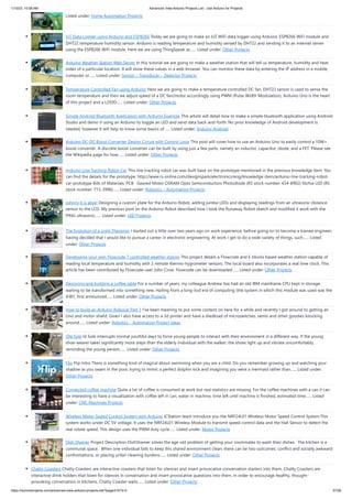 1/10/23, 10:58 AM Advanced View Arduino Projects List - Use Arduino for Projects
https://duino4projects.com/advanced-view-arduino-projects-list/?page31074=3 37/58
Listed under: Home Automation Projects
IoT Data Logger using Arduino and ESP8266 Today we are going to make an IoT WiFi data logger using Arduino, ESP8266 WiFi module and
DHT22 temperature humidity sensor. Arduino is reading temperature and humidity sensed by DHT22 and sending it to an internet server
using the ESP8266 WiFi module. Here we are using ThingSpeak as…... Listed under: Other Projects
Arduino Weather Station Web Server In this tutorial we are going to make a weather station that will tell us temperature, humidity and heat
index of a particular location. It will show these values in a web browser. You can monitor these data by entering the IP address in a mobile,
computer or…... Listed under: Sensor – Transducer – Detector Projects
Temperature Controlled Fan using Arduino Here we are going to make a temperature controlled DC fan. DHT22 sensor is used to sense the
room temperature and then we adjust speed of a DC fan/motor accordingly using PWM (Pulse Width Modulation). Arduino Uno is the heart
of this project and a L293D…... Listed under: Other Projects
Simple Android Bluetooth Application with Arduino Example This article will detail how to make a simple bluetooth application using Android
Studio and demo it using an Arduino to toggle an LED and send data back-and-forth. No prior knowledge of Android development is
needed, however it will help to know some basics of…... Listed under: Arduino Android
Arduino DC-DC Boost Converter Design Circuit with Control Loop This post will cover how to use an Arduino Uno to easily control a 10W+
boost converter. A discrete boost converter can be built by using just a few parts, namely an inductor, capacitor, diode, and a FET. Please see
the Wikipedia page for how…... Listed under: Other Projects
Arduino Line Tracking Robot Car This line tracking robot car was built base on the prototype mentioned in the previous knowledge item. You
can find the details for the prototype: http://www.rs-online.com/designspark/electronics/eng/knowledge-item/arduino-line-tracking-robot-
car-prototype Bills of Materials: PCB Geared Motor OSRAM Opto Semiconductors Photodiode (RS stock number: 654-8902) Nichia LED (RS
stock number: 713-3996)…... Listed under: Robotics – Automation Projects
Johnny 6 is alive! Designing a custom plate for the Arduino Robot, adding jumbo LEDs and displaying readings from an ultrasonic distance
sensor to the LCD. My previous post on the Arduino Robot described how I took the Runaway Robot sketch and modified it work with the
PING ultrasonic…... Listed under: LED Projects
The Evolution of a Light Theremin I started out a little over two years ago on work experience, before going on to become a trainee engineer,
having decided that I would like to pursue a career in electronic engineering. At work I get to do a wide variety of things, such…... Listed
under: Other Projects
Developing your own Flowcode 7 controlled weather station This project details a Flowcode and E-blocks based weather station capable of
reading local temperature and humidity with 2 remote thermo-hygrometer sensors. The local board also incorporates a real time clock. This
article has been contributed by Flowcode user John Crow. Flowcode can be downloaded…... Listed under: Other Projects
Designing and building a coffee table For a number of years, my colleague Andrew has had an old IBM mainframe CPU kept in storage,
waiting to be transformed into something new. Hailing from a long-lost era of computing (the system in which this module was used was the
4381, first announced…... Listed under: Other Projects
How to build an Arduino Robocar Part 1 I've been meaning to put some content on here for a while and recently I got around to getting an
Uno and motor shield. Given I also have access to a 3d printer and have a shedload of microswitches, semis and other goodies knocking
around…... Listed under: Robotics – Automation Project Ideas
Old Sole ld Sole interrupts normal youthful days to force young people to interact with their environment in a different way. If the young
shoe-wearer takes significantly more steps than the elderly individual with the walker, the shoes light up and vibrate uncomfortably,
reminding the young person…... Listed under: Other Projects
Flip Flip Intro There is something kind of magical about swimming when you are a child. Do you remember growing up and watching your
shadow as you swam in the pool, trying to mimic a perfect dolphin kick and imagining you were a mermaid rather than…... Listed under:
Other Projects
Connected coffee machine Quite a lot of coffee is consumed at work but real statistics are missing. For the coffee machines with a can it can
be interesting to have a visualization with coffee left in can, water in machine, time left until machine is finished, estimated time…... Listed
under: CNC Machines Projects
Wireless Motor Speed Control System with Arduino ICStation team introduce you the NRF24L01 Wireless Motor Speed Control System.This
system works under DC 5V voltage. It uses the NRF24L01 Wireless Module to transmit speed control data and the Hall Sensor to detect the
real rotate speed. This design uses the PWM duty cycle…... Listed under: Motor Projects
Dish Shamer Project Description DishShamer solves the age-old problem of getting your roommates to wash their dishes. The kitchen is a
communal space. When one individual fails to keep this shared environment clean, there can be two outcomes: conflict and socially awkward
confrontations, or placing unfair cleaning burdens…... Listed under: Other Projects
Chatty Coasters Chatty Coasters are interactive coasters that listen for silences and insert provocative conversation starters into them. Chatty Coasters are
interactive drink holders that listen for silences in conversation and insert provocative questions into them. In order to encourage healthy, thought-
provoking conversation in kitchens, Chatty Coaster waits…... Listed under: Other Projects
 