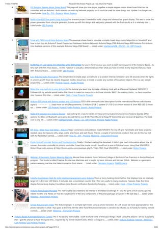 1/10/23, 11:03 AM Advanced View Arduino Projects List - Use Arduino for Projects
https://duino4projects.com/advanced-view-arduino-projects-list/?page31074=4 46/62
DIY Arduino Stepper Motor Driver Board This page will show you how to put together a simple stepper motor driver board that can be
controlled with an Arduino. I built mine to use with my heliostat projects, but it could be used for other things too. Update: I no longer use…...
Listed under: How To – DIY – Projects, Motor Projects
Build A Giant LED bar graph Using Arduino For a recent project I needed to build a large and obvious bar graph display. This was to show the
power generated from a bicycle generator. I came up with this design and was pretty pleased with the final results as it is relatively low…...
Listed under: LED Projects
Drive with PID Control Using Arduino Board This example shows how to simulate a simple closed-loop control algorithm in Simulink® and
how to run it on an Arduino® board. Supported Hardware: Arduino Leonardo Arduino Mega 2560 Arduino Mega ADK Arduino Pro Arduino
Uno Available versions of this example: Arduino Mega 2560 board:…... Listed under: Interfacing(USB – RS232 – I2c -ISP) Projects
BLINKING AN LED USING AN ARDUINO UNO (EXPLAINED) So you’re here because you want to start learning some of the Arduino Basics… So
let’s start with THE most basics… no this "tutorial" is actually a little more basic than what you have in mind. It only requires that you: Have
ANY Arduino Board.…... Listed under: LED Projects
Easy Arduino Audio Annoyatron This simple device simple plays a small tune at a random interval, between 5 and 30 seconds when the lights
in a room go off. It can be cleverly disguised inside a tissue box, or inside or under any number of household objects. This is a vary simple
project (my…... Listed under: Projects, Sound – Audio Projects
Blinky the one-eyed clock using Arduino In this tutorial you learn how to make a blinking clock with a difference! Updated 18/03/2013
Followers of my website would realise that I tend to make too many clocks in those tutorials. Well, I like making clocks… so here is another
one. However this time…... Listed under: Clock – Timer Projects, Projects
Arduino SOS signal with 8ohms speaker and LED blinking SOS is the commonly used description for the international Morse code distress
signal (· · · — — — · · ·). [read more on wiki] Requirements: 1) Arduino 2*) 8 Ω speaker 3*) 150 Ω or similar resistor 4) 5mm RED LED 5) Hook-
up…... Listed under: LED Projects, Projects, Radio Projects, Sound – Audio Projects
Radio link between two Arduino boards I was looking for a way to handle wireless communications between two Arduino boards. Other
options like Xbee or Bluetooth were going to cost $50 to over $100. Then I found a cheap RF transmitter and receiver at Sparkfun. The total
cost is only $9!…... Listed under: Interfacing(USB – RS232 – I2c -ISP) Projects, Projects, Radio Projects
DIY Amp / Watt Hour Volt Meter – Arduino Major corrections and additions made 9/9/2014 For my off-grid Ham Radio and Solar projects, I
needed a way to measure volts, amps, watts, amp hours and watt hours. There's a couple of commercial products that can do this, but not
with the flexibility I wanted.…... Listed under: How To – DIY – Projects, Metering – Instrument Projects
Pololu Motor Controller Testing and Troubleshooting Finally, I finished reading the datasheet. It didn’t give much information about how to
connect the motor controller to a micro-controller. I used the simple circuit I found from a post in Pololu’s forum: Using Dual VNH3SP30
Motor Driver with arduino @ http://forum.pololu.com/viewtopic.php?f=15&t=1923. Dual VNH2SP30…... Listed under: Motor Projects
Webster: A Geometric Pattern Weaving Machine We are three students from California College of the Arts in San Francisco in the Architecture
program. This studio is called Creative Architecture Machines and is taught by Jason Johnson and Michael Shiloh. Webster is a geometric
pattern weaving machine that takes inspiration from Islamic…... Listed under: Calculator Projects, PWM Projects
Colorful Countdown Clock for tight timeline management using Arduino This is a funny looking clock that has that displays time on relatively
large 32x16 Bi-Color LED Matrix. It includes also a countdown counter that I find very useful in many situations. Features: Date And time
display Temperature display Countdown timer Buzzer notification Randomly changing…... Listed under: Clock – Timer Projects, Projects
Arduino Nano based Microbot This instructable was created to be entered in the Robot Challenge. If I win, the parts will of course, go into
robots like this one. Notes on how to include some of the very components in the prize packages are given in the last step. I…... Listed under:
Robotics – Automation Projects
Simple Arduino light meter This Arduino project is a simple light meter using a photo-transistor. An LDR would be more appropriate but the
photo-transistor is what I has spare at the time. On the other hand the photo-transistor is sensitive to infrared, so its handy for testing remote
controls.…... Listed under: Metering – Instrument Projects
Arduino Based Automated Lighting Control This is my second instructable. i want to share some of the basic things i made using the arduino i am so busy lately.
then i got the chance to have this spare time... inspired by my former student and a fellow co league to…... Listed under: Arduino Android, Internet – Ethernet –
LAN Projects, LED Projects, Projects
 