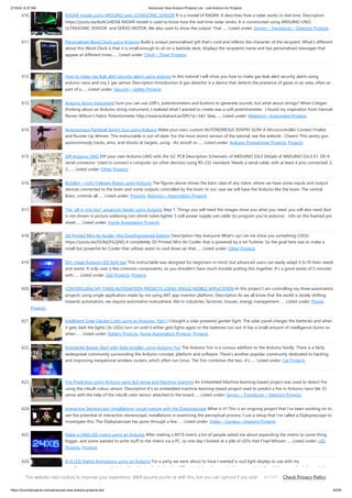 2/19/24, 9:37 AM Advanced View Arduino Projects List - Use Arduino for Projects
https://duino4projects.com/advanced-view-arduino-projects-list/ 40/59
610. RADAR model using ARDUINO and ULTRASONIC SENSOR It is a model of RADAR. It describes how a radar works in real time. Description
https://youtu.be/6zACsitlOS8 RADAR model is used to know how the real time radar works. It is constructed using ARDUINO UNO,
ULTRASONIC SENSOR and SERVO MOTOR. We also used to show the output. That…... Listed under: Sensor – Transducer – Detector Projects
611. Personalised Word Clock using Arduino Build a unique personalised gift that’s cool and reflects the character of the recipient. What’s different
about this Word Clock is that it is small enough to sit on a bedside desk, displays the recipients name and has personalised messages that
appear at different times…... Listed under: Clock – Timer Projects
612. How to make gas leak alert security alarm using arduino In this tutorial I will show you how to make gas leak alert security alarm using
arduino nano and mq 5 gas sensor Description Introduction A gas detector is a device that detects the presence of gases in an area, often as
part of a…... Listed under: Security – Safety Projects
613. Arduino String Instrument Sure you can use LDR's, potentiometers and buttons to generate sounds, but what about strings? When I began
thinking about an Arduino string instrument, I realized what I wanted to create was a soft potentiometer. I found my inspiration from Hannah
Perner-Wilson's Fabric Potentiometer http://www.kobakant.at/DIY/?p=543. Step…... Listed under: Metering – Instrument Projects
614. Autonomous Paintball Sentry Gun using Arduino Make your own, custom AUTONOMOUS SENTRY GUN! A Microcontroller Contest Finalist
and Runner Up Winner. This instructable is out-of-date. For the most recent version of the tutorial, see the website . Cheers! This sentry gun
autonomously tracks, aims, and shoots at targets, using: -An airsoft or…... Listed under: Arduino Programmer Projects, Projects
615. DIY Arduino UNO DIY your own Arduino UNO with the JLC PCB Description Schematic of ARDUINO S3v3 Details of ARDUINO S3v3 X1: DE-9
serial connector Used to connect a computer (or other devices) using RS-232 standard. Needs a serial cable, with at least 4 pins connected: 2,
3,…... Listed under: Other Projects
616. BUGBot – Light Follower Robot using Arduino The figures above shows the basic idea of any robot, where we have some inputs and output
devices connected to the brain and some outputs controlled by the brain. In our case we will have the Arduino like the brain. The central
Brain, controls all…... Listed under: Projects, Robotics – Automation Projects
617. The “all in one box” aquarium feeder using Arduino Step 1: Things you will need the images show you what you need. you will also need (but
is not shown in picture soldering iron shrink tubes lighter 5 volt power supply usb cable (to program you're arduino) info on the foamed pvc
sheet…... Listed under: Home Automation Projects
618. 3D Printed Mini Air Kooler (the OverEngineered Edition) Description Hey everyone What's up! Let me show you something COOL!
https://youtu.be/DLRq5FG2jNQ A completely 3D Printed Mini Air Cooler that is powered by a Jet Turbine. So the goal here was to make a
small but powerful Air Cooler that utilizes water to cool down air that…... Listed under: Other Projects
619. Dirt cheap Arduino LED light bar This instructable was designed for beginners in mind, but advanced users can easily adapt it to fit their needs
and wants. It only uses a few common components, so you shouldn't have much trouble putting this together. It's a good waste of 5 minutes
with…... Listed under: LED Projects, Projects
620. CONTROLLING MY THREE AUTOMATION PROJECTS USING SINGLE MOBILE APPLICATION In this project I am controlling my three automation
projects using single application made by me using MIT app inventor platform. Description As we all know that the world is slowly shifting
towards automation, we require automation everywhere, like in industries, factories, houses, energy management…... Listed under: Phone
Projects
621. Intelligent Solar Garden Light using an Arduino- Part 1 I bought a solar powered garden light. The solar panel charges the batteries and when
it gets dark the lights (3x LEDs) turn on until it either gets lights again or the batteries run out. It has a small amount of intelligence (turns on
when…... Listed under: Battery Projects, Home Automation Projects, Projects
622. Kickstarter Backer Alert with Stats Scroller, using Arduino Yun The Arduino Yún is a curious addition to the Arduino family. There is a fairly
widespread community surrounding the Arduino concept, platform and software. There's another popular community dedicated to hacking
and improving inexpensive wireless routers, which often run Linux. The Yún combines the two...it's…... Listed under: Car Projects
623. Fire Prediction using Arduino nano BLE sense and Machine Learning An Embedded Machine learning-based project was used to detect fire
using the inbuilt colour sensor. Description It's an embedded machine learning-based project used to predict a fire in Arduino nano ble 33
sense with the help of the inbuilt color sensor attached to the board…... Listed under: Sensor – Transducer – Detector Projects
624. Interactive Stereoscopic Installations: visual rupture with the Diplopiascope What is it? This is an ongoing project that i've been working on to
see the potential of interactive stereoscopic installations in examining the perceptual process. I use a setup that i've called a Diplopiascope to
investigate this. The Diplopiascope has gone through a few…... Listed under: Video – Camera – Imaging Projects
625. Make a 24X6 LED matrix using an Arduino After making a 8X10 matrix a lot of people asked me about expanding the matrix to some thing
bigger, and some wanted to write stuff to the matrix via a PC, so one day I looked at a pile of LEDs that I had leftover…... Listed under: LED
Projects, Projects
626. 8×8 LED Matrix Animations using an Arduino For a party we were about to have I wanted a cool light display to use with my
new Xmas present - an Arduino Uno. Having looked at the LED matrix's here I wanted a bigger one that I could hang on the balcony. I also
wanted…... Listed under: LED Projects, Projects
This website uses cookies to improve your experience. We'll assume you're ok with this, but you can opt-out if you wish. Check Privacy Policy
ACCEPT
 