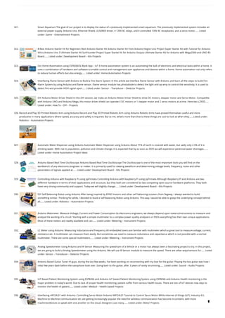 321. Smart Aquarium
The goal of our project is to display the status of a previously implemented smart aquarium. The previously implemented system includes an
external power supply, Arduino Uno, Ethernet Shield, ULN2803 driver, 4 120V AC relays, and 4 controlled 120V AC receptacles, and a servo motor…... Listed
under: Game – Entertainment Projects
322. 8 Best Arduino Starter Kit for Beginners
Best Arduino Starter Kit Arduino Starter Kit from Arduino Elegoo Uno Project Super Starter Kit with Tutorial for Arduino
Vilros Arduino Uno 3 Ultimate Starter Kit SunFounder Project Super Starter Kit for Arduino Osoyoo Ultimate Starter Kit for Arduino with Mega2560 and UNO R3
Board…... Listed under: Development Board – Kits Projects
323. Oct Home Automation using ESP8266 & Blynk App – IoT
A home automation system is an automating the bulk of electronic and electrical tasks within a home. It
uses a combination of hardware and software to enable control and management over appliances and devices within a home. Home automation not only refers
to reduce human efforts but also energy…... Listed under: Home Automation Projects
324. Interfacing Flame Sensor with Arduino to Build a Fire Alarm System
In this article we interface Flame Sensor with Arduino and learn all the steps to build Fire
Alarm System by using Arduino and flame sensor. Flame sensor module has photodiode to detect the light and op-amp to control the sensitivity. It is used to
detect fire and provide HIGH signal upon…... Listed under: Sensor – Transducer – Detector Projects
325. DIY Arduino Motor Driver Shield
In this DIY session, we make an Arduino Motor Driver Shield to drive DC motors, stepper motor and Servo Motor. Compatible
with Arduino UNO and Arduino Mega, this motor driver shield can operate 4 DC motors or 1 stepper motor and 2 servo motors at a time. Here two L293D…...
Listed under: How To – DIY – Projects
326. Record and Play 3D Printed Robotic Arm using Arduino
Record and Play 3D Printed Robotic Arm using Arduino Robotic Arms have proved themselves useful and more
productive in many applications where speed, accuracy and safety is required. But to me, what’s more than that is these things are cool to look at when they…... Listed under:
Robotics – Automation Projects
327. Automatic Water Dispenser using Arduino
Automatic Water Dispenser using Arduino About 71% of earth is covered with water, but sadly only 2.5% of it is
drinking water. With rise in population, pollution and climate change, it is expected that by as soon as 2025 we will experience perennial water shortages.…...
Listed under: Home Automation Project Ideas
328. Arduino Based Real-Time Oscilloscope
Arduino Based Real-Time Oscilloscope The Oscilloscope is one of the most important tools you will find on the
workbench of any electronics engineer or maker. It is primarily used for viewing waveform and determining voltage levels, frequency, noise and other
parameters of signals applied at…... Listed under: Development Board – Kits Projects
329. Controlling Arduino with Raspberry Pi using pyFirmata
Controlling Arduino with Raspberry Pi using pyFirmata Although Raspberry Pi and Arduino are two
different hardware in terms of their applications and structure, but they both are considered as two competing open source hardware platforms. They both
have very strong community and support. Today we will slightly change…... Listed under: Development Board – Kits Projects
330. DIY Self Balancing Robot using Arduino
After being inspired by RYNO motors and other self balancing scooters from Segway, I always wanted to build
something similar. Thinking for while, I decided to build a Self Balancing Robot using Arduino. This way I would be able to grasp the underlying concept behind
all…... Listed under: Robotics – Automation Projects
331. Arduino Wattmeter: Measure Voltage, Current and Power Consumption
As electronics engineers, we always depend upon meters/instruments to measure and
analyse the working of a circuit. Starting with a simple multimeter to a complex power quality analysers or DSOs everything has their own unique applications.
Most of these meters are readily available and can…... Listed under: Metering – Instrument Projects
332. LC Meter using Arduino: Measuring Inductance and Frequency
All embedded lovers are familiar with multimeter which a great tool to measure voltage, current,
resistance etc. A multimeter can measure them easily. But sometimes we need to measure inductance and capacitance which is not possible with a normal
multimeter. There are some special multimeters…... Listed under: Metering – Instrument Projects
333. Analog Speedometer Using Arduino and IR Sensor
Measuring the speed/rpm of a Vehicle or a motor has always been a fascinating project to try. In this project,
we are going to build a Analog Speedometer using the Arduino. We will use IR Sensor module to measure the speed. There are other ways/sensors for…... Listed
under: Sensor – Transducer – Detector Projects
334. Arduino Based Guitar Tuner
Hi guys, during the last few weeks, I’ve been working on reconnecting with my love for the guitar. Playing the box guitar was how I
relax few years back before the saxophone took over. Going back to the guitar, after 3 years of rarely strumming…... Listed under: Sound – Audio Projects
335. IoT Based Patient Monitoring System using ESP8266 and Arduino
IoT based Patient Monitoring System using ESP8266 and Arduino Health monitoring is the
major problem in today’s world. Due to lack of proper health monitoring, patient suffer from serious health issues. There are lots of IoT devices now days to
monitor the health of patient…... Listed under: Medical – Health based Projects
336. Interfacing nRF24L01 with Arduino: Controlling Servo Motor
Arduino NRF24L01 Tutorial to Control Servo Motor While Internet of things (IoT), Industry 4.0,
Machine to Machine communication etc are getting increasingly popular the need for wireless communication has become incumbent, with more
machines/devices to speak with one another on the cloud. Designers use many…... Listed under: Motor Projects 
 