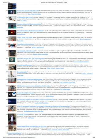 9/6/22, 2:21 PM Advanced View Arduino Projects List - Use Arduino for Projects
https://duino4projects.com/advanced-view-arduino-projects-list/?page31074=2 18/48
295. ABUSED HARD DRIVE BECOMES POV CLOCK
We all know that there’s not much to do with an old hard drive. Once you render the platters unreadable and
perhaps harvest those powerful magnets, there’s not much left of interest. Unless, of course, you turn the whole thing into a persistence-of-vision clock. At
least…... Listed under: Clock – Timer Project Ideas
296. DIY Arduino Mini Laser Engraver
Hello Guys Whatsup, In this instructable, I am making an Awesome mini laser engraver from old DVD writers. It's an
amazing machine. You can use this laser engraver machine to make any kind of design, logo, art on the surface like WOOD, MDF, PLYWOOD, VNYL…... Listed
under: LED Projects
297. Persistence of Vision (PoV) Display Using Arduino
Time for a fun-filled, easy-peasy Japan-easy to make a project! Today, we’re going to show you how to
make an LED POV Display. POV, an acronym for the persistence of vision, is a kind of optical illusion in which a visual image seems to persist…... Listed under:
LED Projects
298. Arduino Based Wireless (RF) Weather Station Network
In this DIY guide I will show you how to make your own wireless weather station! My communication
protocol will allow you to have up to 10 sensor stations in your wireless network, but you can change and extend it up to 254 stations! The…... Listed under:
Wireless Projects
299. Game of Thrones Light Up Map
Spoiler! Winter is definitely coming. But make this cool Game of Thrones light up map for a Spring project. The map lights
up with a flame effect revealing the sigil of the remaining house in power. What do I know, make it with the sigil…... Listed under: Game – Entertainment
Project Ideas
300. PasswordPump Passwords Manager
This is v1.0 of the PasswordPump, a USB device that manages credentials for up to 254 accounts. Credentials (account
names, usernames and passwords) are stored ONLY on the device itself, on two removable EEprom chips using military grade encryption (AES-128). They are
not stored in…... Listed under: Security – Safety Projects
301. UCL-Embedded – Arduino Door Lock
This project was created by Daniel Månsson [], Flemming Andersen [flem781a] and Mikkel Pavia [mikk24b9] as an
exam project at the school University College Lillebælt. As a part of one of our electives, during second semester, in automation engineering, we were tasked
with creating an…... Listed under: Security – Safety Project Ideas
302. Retro Speech Synthesis. Part : 12 IoT, Home Automation
https://youtu.be/MwtR3u_uS0M This article is the 12th in a series on home automation Instructables
documenting how to create and integrate an IoT Retro Speech Synthesis Device into an existing home automation system including all the necessary
software functionality to enable the successful deployment within a domestic environment. Picture…... Listed under: Home Automation Project Ideas
303. Desktop Gigapixel Microscope
https://youtu.be/mKXoA6zDu98 In optical microscopes, there is a fundamental trade-off between field-of-view and
resolution: the finer the detail, the smaller the region imaged by the microscope. One way to overcome this limitation is to translate the sample and acquire
images over a larger field-of-view. The basic…... Listed under: Video – Camera – Imaging Projects
304. Rory the Robot Plant
Rory is a funny looking robot in the form of a plant, interact with some inputs by sensors, play music and detect any human
movements around, in addition, to snap photos when you order it too. It's also caring about a small plant inside the…... Listed under: Robotics – Automation
Project Ideas
305. Extremely Sensitive Cheap Homemade Seismometer
Step 1: Demonstration of Sensitivity https://youtu.be/HwmOgygAbvw On the video you can see the
manufacturing process and the sensitivity of shocks Step 2: Components Otherwise, the seismometer itself consists of two parts, a mechanical tremor
detector, and an electronic part that turns these tremors into electrical…... Listed under: Home Automation Project Ideas
306. ESP32 Capacitive Touch Input Using “Metallic Hole Plugs” for Buttons
https://youtu.be/qQG8SdMgj8I As I was finalizing design decisions for an upcoming
ESP32 WiFi Kit 32 based project requiring three button input, one noticeable problem was that the WiFi Kit 32 does not possess a single mechanical
pushbutton, yet alone three mechanical buttons, for input. However, the…... Listed under: Wifi - WLan Projects
307. Electronic Magic 8 Ball and Eyeball
https://youtu.be/e5p-RsFV5iA https://youtu.be/S2ajD3oJD34 https://youtu.be/uaUTn9RBmPg I wanted to create a digital
version of the Magic 8 Ball... The body of this is 3D printed and the display has been changed from an polyhedron in blue dye to a small OLED controlled by
a random number generator programmed…... Listed under: Battery Projects
308. Play Songs(MP3) With Arduino Using PWM on Speaker or Flyback Transformer
This is my first instructable, I hope you will Like It!! Basically, In this Project I
have used the Serial Communication between my Arduino and my Laptop, to transmit music data from my laptop to the Arduino. And using the Arduino
TIMERS to play the…... Listed under: Sound – Audio Project Ideas
309. ESP32 NTP Temperature Probe Cooking Thermometer With Steinhart-Hart Correction and Temperature Alarm.
https://youtu.be/72ekCautaIQ Still on the
journey to complete an "upcoming project", "ESP32 NTP Temperature Probe Cooking Thermometer With Steinhart-Hart Correction and Temperature Alarm"
is an Instructable showing how I add an NTP temperature probe, piezo buzzer and software to my capacitive touch Instructable "ESP32 Capacitive Touch…...
Listed under: Temperature Measurement Project Ideas
310. Stroboscopic Fountain
For our SIDE project, a year long project that we do for Ms. Berbawy's Principles of Engineering class, we decided to make a
stroboscopic fountain. The stroboscopic effect, pioneered by Harold Edgerton, makes objects appear as though they are moving in slow motion. How
does…... Listed under: LED Projects
311. Arduino Powered, Sensor Controlled Fading LED Light Strips
https://youtu.be/mzeA3yxu_lg https://youtu.be/jH2gEoB5x1w I recently had my kitchen
updated and knew that lighting would ‘lift’ the look of the cupboards. I went for ‘True Handless’ so I have a gap under the work surface, as well as a
kickboard, under cupboard and on the top of…... Listed under: Sensor – Transducer – Detector Project Ideas
312. Arduino Bluetooth Camera
Today you can hardly surprise anyone with a mobile phone with a camera, wireless gadgets and other technical advances. Thanks to the Arduino
platform, millions of people have discovered the wonderful world of electronics and programming. 100,500 instructions were written on how to exchange data…... Listed
 