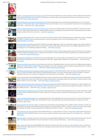 9/6/22, 2:21 PM Advanced View Arduino Projects List - Use Arduino for Projects
https://duino4projects.com/advanced-view-arduino-projects-list/?page31074=2 20/48
331. Pc-Privacy – Arduino Automated Privacy for Your Computer
If you live with other people or have your own office you might be familiar with the problem of
people randomly appearing in your room while you are working on confidential data or just have some weird stuff open on the 2nd Screen from hours…...
Listed under: Security – Safety Project Ideas
332. Arduino Digital Clock Synchronized by the 60Hz Power Line
This Arduino based digital clock is synchronized by the 60Hz power line. It has a simple and
inexpensive common anode 4 digit 7 segment display which shows hours and minutes. It uses a cross over detector to detect when the incoming 60Hz sine
wave crosses…... Listed under: Clock – Timer Project Ideas
333. DIY LED-photometer With Arduino for Physics or Chemistry Lessons
Liquids or other objects appear colored because theyreflect or transmit certain colors
and in turn swallow (absorb) others. With a so-called photometer, those colors (wavelengths) can be determined, which are absorbed by liquids. The basic
principle is simple: with a LED of a certain color…... Listed under: LED Projects
334. Arcade Button MIDI Keyboard
This is a version 2.0 of one of my first forays into Arduino and DIY MIDI programming. I've developed my skills in prototyping
and design so I thought it would be a good demonstration of process and progression. With a more informed design process I…... Listed under:
Development Board – Kits Projects
335. Tilt Compensated Compass
https://youtu.be/PY_17f5RByI This instructable explains how to make a tilt compensated compass using an Arduino UNO R3, an
LCD display, and an IvenSense MPU-9250 multi-chip-module that contains an MPU-6050 accelerometer / gyro and an AK8963 magnetometer within the
same package. The LCD simultaneously displays the Heading,…... Listed under: LCD Projects
336. Automatic Gate Slider Under $100
Over the summer, my dad motivated me to look into buying a gate automation system and setting it up. So I started my
research and looked into package solutions on AliExpress and local vendors. The local vendors were offering complete solutions including installation for
>…... Listed under: Home Automation Projects
337. Animated Word Clock
Build your own Word Clock with an animated display. This is a simple project uses an Arduino Nano, Color LEDs and includes a stylish
3D Printed Case. The Word Clock has three animated patterns- Matrix style - Typewriter Style - Rainbow Color The three buttons…... Listed under: Clock –
Timer Projects
338. Temperature Controlled Vaccine & Insulin Cooler
Keeping cool saves lives In the developing world, vaccines are the front line of defense against dangerous
illnesses such as Ebola, Influenza, Cholera, Tuberculosis and Dengue to name a few. Transporting vaccines and other life-saving materials such as insulin and
blood require careful temperature control.…... Listed under: Temperature Measurement Project Ideas
339. New Wireless IOT Sensor Layer for Home Environmental Monitoring System
This Instructable describes a lower-cost, battery-powered wireless IOT sensor
layer for my earlier Instructable: LoRa IOT Home Environmental Monitoring System. If you haven't already viewed this earlier Instructable, I recommend
reading the introduction for an overview of the capabilities of the system which are now extended…... Listed under: Wireless Projects
340. Arduino RC Robot
https://youtu.be/ytwDgwwSEc0 Description A durable, 3D printed, remote controlled Arduino based robot with several hundred meters
range. A modular quick-connect motor scheme lets you rapidly prototype different robot designs without any tools. Perfect for robotics education for kids.
Whats it all about? So you've just started…... Listed under: Robotics – Automation Projects
341. EqualAir: Wearable NeoPixel Display Triggered by Air Pollution Sensor
https://youtu.be/WUYE5HS9Gtc The aim of the project is to make a wearable t-shirt
that displays an evocative graphic when air pollution is above a set threshold. The graphic is inspired by the classic game "brick breakers", in that the car is
like a paddle which spits…... Listed under: Sensor – Transducer – Detector Projects
342. DIY RGB-LED Glow Poi With Remote Control
Introduction Hello Everyone!This is my first guide and (hopefully) the first one in a series of guides on my quest
to create an open-source RGB-LED visual poi. To keep it simple first, this is going to result in a simple led-poi featuring remote control via…... Listed under:
LED Projects
343. Arduino-controlled DIY Coffee Roaster
In this Instructable we will have a look at modifying a hot-air popcorn machine to turn it into a fully automatic and
temperature-controlled home coffee roaster. Roasting coffee at home is surprisingly simple, and even something as basic as a frying pan can do the…...
Listed under: Other Projects
344. Low Cost Bioprinter
The goal of this project is to develop a low-cost bioprinter to make bioprinting more accessible to research institutions. Currently, low-
end bioprinters cost approximately $10,000 while high-end bioprinters cost approximately $170,000. In contrast, our printer can be built for approximately
$375. Supplies: Parts: Ramps 1.4: https://www.amazon.com/HiLetgo-Control-Printer-Su...Arduino…... Listed under: CNC Machines Projects
345. Super Stylish Automatic Cat Feeder
https://youtu.be/uVHh2rHcWi4 Jojo is a super handsome cat.I love him in every aspect, except he keeps waking me up
everyday 4am in the morning for his food, so it's time to get an automatic cat feeder to save my sleep. However, he is so handsome that…... Listed under:
Motor Projects
346. Raft Bird Repeller
In this project I will show you how to build a solar-powered Raft Bird Repeller that will get rid of those pesky birds that poop on your raft.
Step 1: Intro https://youtu.be/Z9JdDufT_Ss If you have ever been on a raft, you know just how relaxing…... Listed under: Solar energy projects
347. Motion Tracking Face
https://youtu.be/Nqh3Ej8qfTU Meet Chartreuse! Chartreuse's face follows you when you walk by. When she sees you, her eyes turn
yellow and she gets a happy expression in her eyes. As you walk away, her eyes change to blue and she sadly turns away. Chartreuse is powered…... Listed
under: LED Projects
 