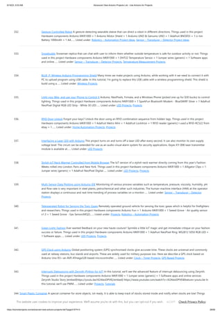 9/19/23, 9:53 AM Advanced View Arduino Projects List - Use Arduino for Projects
https://duino4projects.com/advanced-view-arduino-projects-list/?page31074=3 26/69
332. Gesture-Controlled Robot A gesture-detecting wearable sleeve that can direct a robot in different directions. Things used in this project
Hardware components Arduino MKR1000 × 1 Arduino Motor Shield × 1 Arduino UNO & Genuino UNO × 1 Adafruit BNO055 × 1 Li-Ion
Battery 1000mAh × 1 AA…... Listed under: Robotics – Automation Project Ideas, Sensor – Transducer – Detector Project Ideas
333. Snowbuddy Snowman replica that can chat with user to inform them whether outside temperature is safe for outdoor activity or not. Things
used in this project Hardware components Arduino MKR1000 × 1 DHT22 Temperature Sensor × 1 Jumper wires (generic) × 1 Software apps
and online…... Listed under: Sensor – Transducer – Detector Projects, Temperature Measurement Projects
334. BLUE_P: Wireless Arduino Programming Shield Many times we make projects using Arduino, while working with it we need to connect it with
PC to upload program using USB cable. In this tutorial, I’m going to replace this USB cable with a wireless programming shield. This shield is
build using a…... Listed under: Wireless Projects
335. Light your Bike, and use your Phone to Control It Arduino, NeoPixels, Firmata, and a Windows Phone (picked one up for $30 bucks) to control
lighting. Things used in this project Hardware components Arduino MKR1000 × 1 SparkFun Bluetooth Modem - BlueSMiRF Silver × 1 Adafruit
NeoPixel Digital RGB LED Strip - White 30 LED…... Listed under: LED Projects, Projects
336. RFID Door Unlock Forgot your keys? Unlock the door using an RFID combination sequence from hidden tags. Things used in this project
Hardware components Arduino MKR1000 × 1 Adafruit Metro Mini × 1 Adafruit Lockitron × 1 RFID reader (generic) I used a RFID-RC522 from
ebay × 1…... Listed under: Home Automation Projects, Projects
337. Interfacing a Laser LED with Arduino This project turns on and turns off a laser LED after every second. It can also monitor its own supply
voltage level. The circuit can be extended for use as an audio-visual alarm system for security applications. Keyes KY-008 laser transmitter
module is available at…... Listed under: LED Projects
338. Stylish IoT Neck Warmer Controlled from Mobile Browser The IoT version of a stylish neck warmer directly coming from this year’s Fashion
Weeks rolled into London, Paris and New York. Things used in this project Hardware components Arduino MKR1000 × 1 Alligator Clips × 1
Jumper wires (generic) × 1 Adafruit NeoPixel Digital…... Listed under: LED Projects, Projects
339. Multi-Sensor Data Plotting using Arduino IDE Monitoring of various process variables such as temperature, pressure, viscosity, humidity, pH
and flow-rate is very important in steel plants, petrochemical and other such industries. The human-machine interface (HMI) at the operator
station displays a continuous and real-time trending of process variables on a monitor…... Listed under: Sensor – Transducer – Detector
Projects
340. Teleoperated Robot for Sensing the Toxic Gases Remotely operated ground vehicle for sensing the toxic gases which is helpful for firefighters
and researchers. Things used in this project Hardware components Arduino Yun × 1 Arduino MKR1000 × 1 Seeed Grove - Air quality sensor
v1.3 × 1 Seeed Grove - Gas Sensor(MQ2)…... Listed under: Projects, Robotics – Automation Projects
341. Green Light: Fashion Ever wanted feedback on your new haute couture? Sprinkle a little IoT magic and get immediate critique on your fashion
success or failure. Things used in this project Hardware components Arduino MKR1000 × 1 Adafruit NeoPixel Ring: WS2812 5050 RGB LED ×
1 Software apps…... Listed under: LED Projects, Projects
342. GPS Clock using Arduino Global positioning system (GPS) synchronised clocks give accurate time. These clocks are universal and commonly
used at railway stations, bus stands and airports. These are widely used for military purposes too. Here we describe a GPS clock based on
Arduino Uno R3—an AVR ATmega328-based microcontroller…... Listed under: Clock – Timer Projects, GPS Based Projects
343. Interrupts Debouncing with Zerynth (Python for IoT) In this tutorial, we'll see the advanced feature of interrupt debouncing using Zerynth.
Things used in this project Hardware components Arduino MKR1000 × 1 Jumper wires (generic) × 1 Software apps and online services
Zerynth Studio Story [embed]https://youtu.be/iX2AlezDPVE[/embed] https://www.youtube.com/watch?v=iX2AlezDPVE&feature=youtu.be In
this tutorial, we'll use PWM…... Listed under: Projects, Tutorials
344. Smart Plastic Container A special container for store objects, iot-ready. It is able to keep track of stocks stored inside and notify when stocks are low! Things
used in this project Hardware components SparkFun hx711 × 1 Adafruit Standard LCD - 16x2 White on Blue × 1 Arduino…... Listed under: Projects, Sensor –
Transducer – Detector Projects
This website uses cookies to improve your experience. We'll assume you're ok with this, but you can opt-out if you wish. Check Privacy Policy
ACCEPT
 