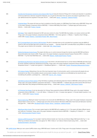 9/19/23, 9:53 AM Advanced View Arduino Projects List - Use Arduino for Projects
https://duino4projects.com/advanced-view-arduino-projects-list/?page31074=3 30/69
384. Humidity And Temperature monitoring Using Arduino With The IoT Using the Internet of Things (IoT) in homes and industries it is possible to
control any electrical or electronic equipment. Moreover, you can get the information from any sensor and analyse it graphically or in any
user-defined format from anywhere in the world. The IoT…... Listed under: Sensor – Transducer – Detector Projects
385. Scheduled Relays This project will show you how to schedule to drive the outputs on a MKR Relay Proto Shield using a MKR1000! Things used
in this project Hardware components Arduino MKR1000 × 1 Arduino MKR Relay Proto Shield × 1 Software apps and online services
Arduino…... Listed under: Projects, Tutorials
386. WiFi Robot I have created the framework for WiFi and voice control of a robot. The MKR1000 chip enables us to receive controls over WiFi.
Things used in this project Hardware components Arduino MKR1000 × 1 DC motor (generic) × 2 Wheels × 1 SparkFun Dual H-Bridge…...
Listed under: Projects, Robotics – Automation Projects, Wifi - WLan Projects
387. Wi-Fi Controlled Robot Using Arduino UNO And Blynk This Wi-Fi controlled robot can be controlled from anywhere using the ARMA IoT
shield for UNO and the Blynk App which provides the user interface. Overview Simple WiFi Controlled Robot Using ARMA IoT and Blynk!
This project uses an Arduino Uno connected…... Listed under: Wifi - WLan Projects
388. Worlds First Remote Control Human This project will allow you to control someone through the internet using the MKR1000 and Electric
Muscle Stimulation also known as EMS. Things used in this project Hardware components General Purpose Transistor NPN × 2 Arduino
MKR1000 × 1 Icy Hot Smart Relief Back and…... Listed under: Medical – Health based Projects, Projects
389. Salt Warehouses Monitoring with Arduino & Artik Cloud In this Article i will demonstrate how to connect Arduino MKR1000 with Artik Cloud
& monitor salt/Dairy warehouses Temperature & Humidity. Things used in this project Hardware components Arduino MKR1000 × 1 DHT22
Temperature Sensor × 1 Jumper wires (generic) × 3 Breadboard (generic) ×…... Listed under: Projects, Temperature Measurement Projects
390. DIY: Arduino Chatting Networking is the one of the most important mean of communication used to communicate with people who are
connected to one. Most of the available network communication modules in the market are not affordable by the overall end users.
Considering this problem, a prototype has…... Listed under: How To – DIY – Projects
391. Intel Edison as Azure IoTHub gateway Using Intel Edison as gateway and redirecting data from Arduimo MKR1000 to Microsoft Azure IoTHub.
Things used in this project Hardware components Intel Edison × 1 Arduino MKR1000 × 1 Software apps and online services Microsoft Azure
Arduino Web Editor Story Background Workshop project during…... Listed under: Internet – Ethernet – LAN Projects, Projects
392. IoT Christmas Tree Topper A cool star decoration for Chritmas Trees powered by Arduino MKR1000 Things used in this project Hardware
components Arduino MKR1000 × 1 3 mm LED: Yellow × 16 Resistor 221 ohm × 4 Jumper wires (generic) × 8 Female header 8 position 2 row
(2*4)…... Listed under: Projects, Tutorials
393. Road to Santa Claus Waiting for Santa? Count down to his arrival with this MKR1000 device. Things used in this project Hardware components
Arduino Road to Santa Claus Kit × 1 Software apps and online services Arduino IDE Arduino Web Editor Hand tools and fabrication machines
Vinyl glue Hot…... Listed under: GPS Based Projects, Projects, Sensor – Transducer – Detector Projects
394. Wide Range Alarm System This is an alarm system based on the MKR1000 and a raspberry pi 2 or 3. The system will detect different alarms
and notify you if necessary. Things used in this project Hardware components Arduino MKR1000 × 1 Raspberry Pi 2 Model B × 1…... Listed
under: Home Automation Projects, Projects
395. Arduino as AVR Programmer For my project I need two Arduino boards, but I have only one Arduino Mega 2560 board (refer Fig. 1). I can
either buy an Arduino Uno board (that costs approx. Rs. 1400 in India) or I can make an Arduino board using a fresh…... Listed under:
Development Board – Kits Projects
396. GoPRO Shutter Make your own custom GoPRO shutter using a MKR1000 board, 3 buttons and 3 LEDs. Things used in this project Hardware components
Arduino MKR1000 × 1 LED (generic) × 3 SparkFun Pushbutton switch 12mm × 3 Breadboard (generic) × 1 Jumper wires (generic) × 1…... Listed under: LED
Projects, Projects, Tutorials
This website uses cookies to improve your experience. We'll assume you're ok with this, but you can opt-out if you wish. Check Privacy Policy
ACCEPT
 