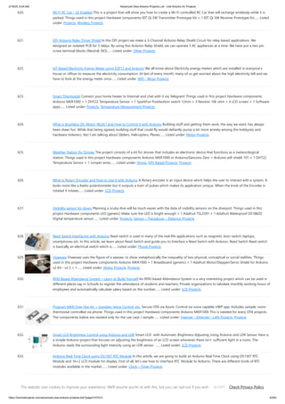 2/19/24, 9:44 AM Advanced View Arduino Projects List - Use Arduino for Projects
https://duino4projects.com/advanced-view-arduino-projects-list/?page31074=3 42/63
620. Wi-Fi RC Car – Qi Enabled This is a project that will show you how to create a Wi-Fi controlled RC Car that will recharge wirelessly while it is
parked. Things used in this project Hardware components IDT Qi 5W Transmitter Prototype Kit × 1 IDT Qi 5W Receiver Prototype Kit…... Listed
under: Projects, Wireless Projects
621. DIY Arduino Relay Driver Shield In this DIY project we make a 3-Channel Arduino Relay Shield Circuit for relay based applications. We
designed an isolated PCB for 3 relays. By using this Arduino Relay Shield, we can operate 3 AC appliances at a time. We have put a two pin
screw terminal blocks (Neutral, NO)…... Listed under: Other Projects
622. IoT Based Electricity Energy Meter using ESP12 and Arduino We all know about Electricity energy meters which are installed in everyone’s
house or offices to measure the electricity consumption. At last of every month, many of us get worried about the high electricity bill and we
have to look at the energy meter once…... Listed under: Wifi - WLan Projects
623. Smart Thermostat Connect your home heater to Internet and chat with it via Telegram! Things used in this project Hardware components
Arduino MKR1000 × 1 DHT22 Temperature Sensor × 1 SparkFun Pushbutton switch 12mm × 3 Resistor 10k ohm × 4 LCD screen × 1 Software
apps…... Listed under: Projects, Temperature Measurement Projects
624. What is Brushless DC Motor (BLDC) and How to Control it with Arduino Building stuff and getting them work, the way we want, has always
been sheer fun. While that being agreed, building stuff that could fly would defiantly pump a bit more anxiety among the hobbyists and
hardware tinkerers. Yes! I am talking about Gliders, Helicopters, Planes…... Listed under: Motor Projects
625. Weather Station for Drones The project consists of a kit for drones that includes an electronic device that functions as a meteorological
station. Things used in this project Hardware components Arduino MKR1000 or Arduino/Genuino Zero + Arduino wifi shield 101 × 1 DHT22
Temperature Sensor × 1 Jumper wires…... Listed under: Drone, GPS Based Projects, Projects
626. What is Rotary Encoder and How to Use It with Arduino A Rotary encoder is an input device which helps the user to interact with a system. It
looks more like a Radio potentiometer but it outputs a train of pulses which makes its application unique. When the knob of the Encoder is
rotated it rotates…... Listed under: LCD Projects
627. Visibility sensor for divers Planning a scuba dive will be much easier with the data of visibility sensors on the divespot. Things used in this
project Hardware components LED (generic) Make sure the LED is bright enough × 1 Adafruit TSL2591 × 1 Adafruit Waterproof DS18B20
Digital temperature sensor…... Listed under: Projects, Sensor – Transducer – Detector Projects
628. Reed Switch Interfacing with Arduino Reed switch is used in many of the real-life applications such as magnetic door switch, laptops,
smartphones etc. In this article, we learn about Reed Switch and guide you to Interface a Reed Switch with Arduino. Reed Switch Reed switch
is basically an electrical switch which is…... Listed under: Phone Projects
629. Viseesaw Viseesaw uses the figure of a seesaw, to show metaphorically the inequality of two physical, conceptual or social realities. Things
used in this project Hardware components Arduino MKR1000 × 1 Breadboard (generic) × 1 Adafruit Motor/Stepper/Servo Shield for Arduino
v2 Kit - v2.3 × 1…... Listed under: Motor Projects, Projects
630. RFID Based Attendance System – Learn to Build Yourself An RFID based Attendance System is a very interesting project which can be used in
different places say in Schools to register the attendance of students and teachers, Private organizations to tabulate monthly working hours of
employees and automatically calculate salary based on the number…... Listed under: LCD Projects
631. Program MKR Over-the-Air + Goodies: Voice Control, etc. Secure OTA via Azure. Control via voice capable UWP app. Includes sample: room
thermostat controlled via phone. Things used in this project Hardware components Arduino MKR1000 This is needed for every OTA projects.
The components below are needed only for the use case / sample:…... Listed under: Internet – Ethernet – LAN Projects, Projects
632. Smart LCD Brightness Control using Arduino and LDR Smart LCD with Automatic Brightness Adjusting Using Arduino and LDR Sensor Here is
a simple Arduino project that focuses on adjusting the brightness of an LCD screen whenever there isn’t sufficient light in a room. The
Arduino reads the surrounding light intensity using an LDR sensor. …... Listed under: LCD Projects
633. Arduino Real Time Clock using DS1307 RTC Module In this article, we are going to build an Arduino Real Time Clock using DS1307 RTC
Module and 16×2 LCD module for display. First of all, let’s see how to interface RTC Module to Arduino. There are different kinds of RTC
modules available in the market.…... Listed under: Clock – Timer Projects
634. Door Sensor Monitor if the door or the valve gas is open... or if someone opened the cookie jar! Things used in this project Hardware components Arduino
MKR1000 × 1 Li-Ion Battery 1000mAh optional × 1 OpenBuilds Micro Limit Switch × 1 Software apps and online services…... Listed under: Projects, Sensor –
This website uses cookies to improve your experience. We'll assume you're ok with this, but you can opt-out if you wish. Check Privacy Policy
ACCEPT
 