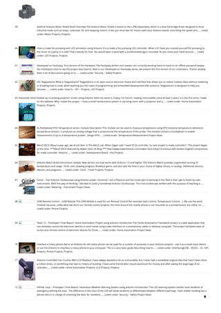 59. Adafruit Arduino Motor Shield Build
Overview The Arduino Motor Shield is based on the L298 (datasheet), which is a dual full-bridge driver designed to drive
inductive loads such as relays, solenoids, DC and stepping motors. It lets you drive two DC motors with your Arduino board, controlling the speed and…... Listed
under: Motor Projects, Projects
60. How to make fist pumping with LED animation using Arduino
It's to make a fist pumping LED controller. What is it? Have you noticed yourself fist pumping to
the music at a party or a club? That's exactly for that. You would wear a band with a accelerometer/gyro mounted. As you move your hand around…... Listed
under: LED Projects, Projects
61. Developed on Hackaday: First Version of the Hardware
The Hackaday writers and readers are currently working hand-in-hand on an offline password keeper,
the mooltipass (click to see the project description). Next in our Developed on Hackaday series, we present the first version of our schematics. There’s already
been a lot of discussions going on in…... Listed under: Security – Safety Projects
62. DIY Teagueduino
What is Teagueduino? Teagueduino is an open source electronic board and interface that allows you to realize creative ideas without soldering
or knowing how to code, while teaching you the ropes of programming and embedded development (like arduino). Teagueduino is designed to help you
discover…... Listed under: How To – DIY – Projects, LED Projects
63. Automatic blind hooked up to existing projector screen using Arduino
Hello my name is Chipsy, I'm French, reading instructables since at least 2 years, it is the first entry i make
on this website. Why i made this project : I have a small homecinema system in my living room, with a projector and a…... Listed under: Home Automation
Projects, Projects
64. 4x Multiplexed RTD Temperature sensor module
Description This module can be used to measure temperature using RTD (resistive temperature detectors)
temperature sensors. It produces an analog voltage that is proportional the temperature of the probe. The module contains a multiplexer to enable
measurement of up to 4 temperature probes.  Design RTD…... Listed under: Temperature Measurement Project Ideas
65. MenZ-DECK
About a year ago, we drunk beer in The-MenZ Lab. When Zagan said "I want PCDJ controller, So next project is make controller!". The project began
at this time. ***MenZ-DECK featured by Maker Faire UK Blog.*** http://www.makerfaireuk.com/maker-faire-tokyo/ (Continue with broken English) Components
for make controller: Arduino…... Listed under: Development Board – Kits Projects
66. Arduino Watch Build Instructions
Update: New version out that works with Arduino 1.0 and higher! The Arduino Watch provides augmented sensing of
temperature and range, 16-bit color drawing program, Breakout game, and also tells the time in your choice of digital, binary, or analog.  Additional sensors,
devices, and programs…... Listed under: Clock – Timer Projects, Projects
67. Girino – Fast Arduino Oscilloscope using Arduino power connector
I am a Physicist and the nicest part of working in this field is that I get to build my own
instruments. With this way of thinking, I decided to build a homebrew Arduino Oscilloscope. This instructable was written with the purpose of teaching a…...
Listed under: Metering – Instrument Project Ideas
68. GSM Remote Control – GSM Module
This GSM Mobile is used for our Remote Control (for example Gate Control, Temperature Control….). We use the word
‘module’ because, unlike what we did in our remote control projects, this time around the mobile phone is not mounted on a printed board, but rather on…...
Listed under: Phone Projects
69. Team 12 – Prototype I Final Report: Home Automation Project using arduino
Introduction The Home Automation Framework project is a web application that
can remotely control the electronic devices in one’s home using a web interface on a smartphone, tablet or desktop computer. The project facilitates ease of
access and remote control of electronic devices for those…... Listed under: Home Automation Project Ideas
70. Interface a rotary phone dial to an Arduino
An old rotary phone can be used for a number of purposes in your Arduino projects - use it as a novel input device,
or use the Arduino to interface a rotary phone to your computer. This is a very basic guide describing how to…... Listed under: Interfacing(USB – RS232 – I2c -ISP)
Projects, Phone Projects, Projects
71. Arduino Controlled Can Crusher With LCD Readout
I have always wanted to do an instructable, but I never had a somewhat original idea that hasn't been done
a million times, or something that had no means of building. I have some friends who recycle aluminum for money and after seeing the large bags of an
unknown…... Listed under: Home Automation Projects, LCD Projects, Projects
72. Infinite Loop – Prototype I Final Report: Hazardous Weather Warning System using arduino
Introduction: The LED warning system notifies local residents of
emergency withing the area.  The difference in the color of the LED will allow residents to differentiate between different warnings.  Each shelter building has a
person who is in charge of unlocking the door for residents…... Listed under: Security – Safety Project Ideas

 