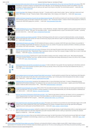 9/6/22, 2:32 PM Advanced View Arduino Projects List - Use Arduino for Projects
https://duino4projects.com/advanced-view-arduino-projects-list/?page31074=4 18/51
278. Beatfly : Make an illuminating blimp and control it with your voice, Keyboard, MIDI Controller, Garageband file, iPhone, Flash, and more! [Mac OSX] using arduino [Mac OSX
Only] Because I use Quartz Composer, my program works only on Mac OSX. I am now extending and improving it toward cross-platform. If you have
knowledge of computer programming, you can make your own system that connects to the blimp. The communication protocol…... Listed under: LED
Projects, Sound – Audio Project Ideas
279. Arduino Solar Radio Solar charging, via the panel on the back. * 12 position switch to select channel number * Seek up / seek down controls and 'store'
button * RDS display of call sign * Frequency display * Battery voltage display * Solar charging current display The…... Listed under: Radio Projects
280. Updating the Arduino Garage Door Circuit for the new Gliderol Garage Controller. We moved house recently and I was obviously very keen to continue the
home automation routine. As described in Adventures with an Arduino – Part 1: The Business Problem, I created an Arduino based garage door interface to
integrate with a BOSS BOL6 garage door controller.…... Listed under: Home Automation Project Ideas
281. PUPPET CONTROLLER using arduino Three kinds of motion:  Human, Mechanical,  Animation.  Blend them together to build a puppet controller for the real
and virtual world. Or, Pacman - three ways. This Instructable includes: - Using an adjustable resistor as input to the Arduino Micro-controller - Controlling
two servo motors from…... Listed under: Game – Entertainment Project Ideas
282. Intelligent Letter Box using Arduino and GSM In the days of technology postman still comes to our house for delivering the letters, couriers and parcels.
Because some things like courier, parcels can’t sends via email and by using any other electronic media. So for getting notification of our letter delivery in
our…... Listed under: Other Projects
283. LED Umbrella with Arduino using arduino The LED Umbrella with Arduino combines an umbrella, an 8x10 LED matrix and an Arduino microcontroller to
create a controllable, programmable LED experience in the privacy of your own umbrella. This project was inspired by the Electric Umbrella by sockmaster
and a number of LED matrix instructables…... Listed under: LED Projects
284. ARDUINO based IR remote control robot using arduino Hi everyone. This my new project IR remote control robot using arduino. This is a simple design
robot you can easily build it. Step 1: Requirements: Project requirements: Arduino uno Tsop1738 (ir receiver) H bridge ic (L293D) Two dc motor A robot base
9v Battery…... Listed under: Robotics – Automation Project Ideas
285. Sleek word clock using arduino nspired by drj113's great instructable on making a word clock, I wanted to make my own.  After seeing the (extremely
overpriced) commercial "qlocktwo" word clock, I decided to borrow its smooth glossy black design while basing the innards of my clock on drj113's design.
In…... Listed under: Clock – Timer Project Ideas
286. Project work3:Arduino code and the circuit diagram using arduino In order to realise the “music garden”,the most important part is the Arduino code and
circuit diagram. First of all,I will present my Arduino code:(I will show you the way I think as a flow chart at first) Flow Chart: Details:this flow chart is a…...
Listed under: Sound – Audio Projects
287. Haptic Feedback device for the Visually Impaired [Project HALO] using arduino I recently watched an episode of Stan Lee’s Superhumans which featured a
blind man who used a series of clicks, like a bat, to echo locate his surroundings. I got to thinking about other blind people and their ability to navigate
freely – without the…... Listed under: Medical – Health based Project Ideas
288. Hobbyduino Mini V1.0 using arduino Introduction The Hobbyduino Mini is a clone of the Arduino main-board.  It contains a ATMega328 processor
programmed with the Arduino bootloader. The Hobbyduino does not contain the circuitry for USB communication.  I opted to rely on the FTDI232R serial
boards to handle the USB-to-Serial protocol.  Here…... Listed under: Development Board – Kits Projects
289. A simple DIY spectrophotometer using raduino What's all this? This instructable will explain how to build a fairly basic but working spectrophotometer out
of easily sourceable parts. Of course, this device is nothing compared to a commercial spectrophotometer, but it will allow the builder to understand how
such a device works.…... Listed under: Metering – Instrument Project Ideas
290. Build Your Own Arduino & Bootload an ATmega Microcontroller – part 1 There are many reasons to build your own Arduino circuit on a protoboard or a
custom-designed printed circuit board. At the heart of the Arduino platform is an AVR microcontroller, in usual way you need a special hardware
programmer and suitable hex files to program…... Listed under: Interfacing(USB – RS232 – I2c -ISP) Projects
291. High-speed Photography with Arduino and CHDK using arduino This project uses an Arduino microcontroller and a laser break-beam trigger to fire via USB
remote a Canon camera modified with CHDK (Canon Hack Development Kit) firmware. Immediate influences are the high-speed flash photography
triggered by sound or light project by Glacial Wanderer and the…... Listed under: Video – Camera – Imaging Projects
292. Arduino PWM Led Control using arduino Looking for a simple circuit to control the light intensity of Light Emitting Diodes (LEDs) or similar lighting sources?
Here is an Arduino based circuit with three independent pulse width modulated (PWM) channels to fulfil your requirements! Just follow the schematic
diagram to complete the…... Listed under: LED Projects
293. Lunchtime Clock using arduino Have you ever wished lunchtime were longer, but didn't know where to find those few extra minutes? Well, wish no longer!
Thanks to great in advances in clock technology, I present to you a clock that speeds up 20% every day at 11:00 and slows…... Listed under: Clock – Timer
Project Ideas
294. Arduino project: Stereo Peak Program Meter using arduino Previously, we introduced the Arduino’s analog-to-digital converter (ADC) in detail, looking at successive-
approximation A-D conversion and how it’s the best compromise between speed and cost. This time, we start putting some of that theory into practice by building a stereo
 