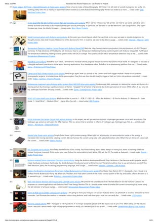 9/6/22, 2:32 PM Advanced View Arduino Projects List - Use Arduino for Projects
https://duino4projects.com/advanced-view-arduino-projects-list/?page31074=4 24/51
374. Build a Laser 3D Printer – Stereolithography at Home using arduino Here is how to make a Stereolithography 3D Printer. It is still a bit of a work in progress but so far it is
working pretty well. This is mainly an experiment which started as a Delta Robot Stereolithography Printer but ended as a more…... Listed under: CNC
Machines Project Ideas
375. A new board for the 3Drag: there’s more than Sanguinololu using arduino When we first released our 3D printer, we tried to use some parts that were
already available and tested, in full respect of the open source philosophy. In particular, we decided to use the electronic card Sanguinololu. The “open”
firmware we chose, the Marlin firmware…... Listed under: Blog, Motor Projects
376. Serial Communications with Arduino using arduino At this point you should have a robot that can think on its own, we need to be able to tap into its
thought process. See what he sees. Make some of his decisions for him. in essence, we need to be able to guage…... Listed under: Internet – Ethernet – LAN
Project Ideas
377. Temperature Detecting Heating Control System with Arduino Mega2560 Web site: http://www.icstation.com/product_info.php?products_id=3517 Project
Summary: To help electronic DIY hobbyists, will show you how to use Temperature Detecting Heating Control System with Arduino Mega2560. Full Project:
The temperature detecting heating control system works with DC5V voltage. This system uses DS18B20 temperature detection chip as the…... Listed under:
Temperature Measurement Projects
378. RoboBrrd using arduino RoboBrrd is an robot / animatronic character whose purpose morphs to mirror that of the virtual world. It is designed to be used as
a tangible real world interface to virtual world learning applications. As a standalone robot, RoboBrrd is an entertaining platform that can…... Listed under:
Game – Entertainment Project Ideas
379. Camera and flash trigger module using arduino Here we go again, here is a picture of the camera and flash trigger module I made for my arduino
photographic projects: It includes three 4N26 optocouplers. One (first one from the left side) to trigger a flash, as I did in the arduino controlled…... Listed
under: Video – Camera – Imaging Projects
380. Stroboscope (zoetrope) using Arduino and a broken Xbox 360 DVD drive using arduino Stroboscope (AKA zoetrope) is a device that creates an illusion of a
moving picture by showing a rapid successions of frames  "stopped" for a fraction of a second due to the persistence-of-vision (POV) effect. It is a very old
toy; zoetropes have been amusing crowds…... Listed under: Game – Entertainment Project Ideas
381. 3x3x3 LED cube shield using arduino What should be in your kit: 1 – PCB 27 – LED’s 2 – 6 Pins for Arduino 2 – 8 Pins for Arduino 3 – Resistors 1 – Foam
Guide 1 – Small Wire 1 – Medium Wire 1 – Large Wire You will…... Listed under: LED Projects
382. MQ-8 Hydrogen Gas Sensor Circuit Built with an Arduino In this project, we will go over how to build a hydrogen gas sensor circuit with an arduino. The
hydrogen gas sensor we will use is the MQ-8 sensor. This is a sensor that is sensitive to effects of hydrogen gas. Hydrogen gas (H2), at…... Listed under:
Sensor – Transducer – Detector Projects
383. Simple Solar Power using arduino Simple Solar Power Light contains energy. When light hits a conductor (or semiconductor) some of the energy is
translated into moving electrons, creating current. We can harness the current using solar cells (aka photovoltaic cells). When the sun shines on a solar cell,
the current…... Listed under: Battery Projects
384. DIY Turntable using arduino You always wanted to be a Disc-Jockey. You know nothing about beats, delays or mixing but, damn, scratching is like the
coolest thing ever invented! If this is also your case, follow this instructable to build a low-fi DJ set: the DIY Turntable as featured…... Listed under: Sound –
Audio Project Ideas
385. Arduino-enabled Patron Interaction Counting using arduino Using the Arduino development board (http://arduino.cc) has become a very popular way to
create hardware prototypes that bridge the divide between the physical world and the Internet. This article outlines how to use an Arduino, some off-the-
shelf electronic parts, the Processing programming language, and Google…... Listed under: Internet – Ethernet – LAN Projects
386. Make a Fire Breathing Animetronic Pony from FurReal Butterscotch or S’Mores usnig arduino For Maker Faire Detroit 2011, I displayed a hack I made to a
FurReal Friends Butterscotch Pony. My fellow LVL1 Hackers and I had taken control of the motor control system of the toy and added a flame thrower to it.
 It seemed to go…... Listed under: Robotics – Automation Project Ideas
387. Real-Time Energy Monitor with Arduino and LabVIEW using arduino We present the candidature of Mr. Michele Mancini for the TiDiGino Contest. He
proposes us a recent application with Arduino: Real-Time Energy Monitor This is a simple power meter to analize the current consuming in a house using
the led indicator of a house energy…... Listed under: Temperature Measurement Project Ideas
388. Using an RGB LED to Detect Colours using arduino I am going to show you how you can use an RGB LED and a Cds photocell as a colour sensor for a micro-
controller. I will illustrate the method to retrieve a colour using Arduino, and I will show you a how you can verify the…... Listed under: LED Projects
389. Reviving a dead arduino Well I managed to kill my arduino. It no longer accepted uploads with the classic out of sync error. After asking on the arduino
forum I was told I would need a high voltage programmer to rectify, so I decided just to buy a new…... Listed under: Development Board – Kits Projects
 