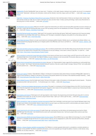 9/6/22, 2:32 PM Advanced View Arduino Projects List - Use Arduino for Projects
https://duino4projects.com/advanced-view-arduino-projects-list/?page31074=4 29/51
457. MultiMovEDIA The title “MultiMovEDIA” does not mean much – if anything – at first sight. However, looking at more carefully, we can see it is a composition
of two words: “Multimedia”, referring to the information content and the channels it uses (text, image, sound), and “Move”,…... Listed under: Sound – Audio
Projects
458. [Team PGH] – Prototype I Final Report: [Motion RC Car] using arduino Introduction: Give a brief description of what you are trying to solve. Include a high-
level overview of what you made, why you made it, what parts you used, and what it does. In today’s growing technology, it seems every little electronic is
becoming touch or motion sensored.…... Listed under: Car Projects
459. The IKEA Robot Lamp using arduino Welcome to the SM-1 project from ArduinoArts.com! (A.K.A as the Annoying IKEA Lamp) We are proud to introduce you
to the SM-1 project (aka the Annoying IKEA lamp), as part of the Toy hacking contest from the SeeedStudio.com friends. The project consists in modifying
an…... Listed under: Robotics – Automation Project Ideas
460. Single Digit Decimal counter using Arduino “Hello world”,I am not going to start this blog with typical “Hello world” program,since lot of resources already
covered Arduino way of telling “hello world”,that is Blinking a LED. This project is absolutely for beginners who prefers to run than taking a walk,I am
going…... Listed under: Clock – Timer Project Ideas
461. Python Meets the Arduino Arduino is an open-source electronics prototyping platform based on flexible, easy-to-use hardware and software. Python is our
favorate programming language that allows you to integrate systems more effectively. Learn how to use Python to  ... Listed under: Internet – Ethernet – LAN
Projects, Projects
462. Alarm Clock with Tetris to Prove You’re Awake using Arduino This is an Arduino powered alarm clock that after hitting snooze twice the alarm will not cancel
until the user has cleared 4 lines in the game Tetris. You physically turn the clock sideways, so the screen is vertical, to play Tetris.  It's never fun…... Listed
under: Clock – Timer Projects, Home Automation Projects, Projects
463. Using a transistor to control high current loads with an Arduino In this tutorial, you'll learn how to control a high-current DC load such as a DC motor or an
incandescent light from a microcontroller. (:toc Table of Contents:) Connect a transistor to the microcontroller The transistor allows you to control a circuit
that's carrying higher…... Listed under: Interfacing(USB – RS232 – I2c -ISP) Project Ideas
464. Wireless Glove-Controlled Electric Mountainboard: An Analysis Hey guys!  So I finally decided to make a page that has everything you could possibly know
about my project.  Even though I had previously answered everyone's questions, they were usually through a message.  Because of that, I was usually asked
the same questions and…... Listed under: Radio Project Ideas
465. IR Harp using arduino Contents 1 Team Members 2 Mentor 3 Introduction 4 Components Used 5 Idea 6 Arduino Uno Board (ATMega328P) 7 Approach to
Project 8 Sound Synthesis 8.1 Delay() 8.2 Interrupts 8.3 The nature of the periodic waveform 8.4 The nature of the amplitude envelope 9 Working…... Listed
under: Home Automation Project Ideas, Security – Safety Project Ideas
466. Arduino Mobile Processing How the mobile sketch works: The brain of the system is really on the arduino or the web page the phone requests. . . The phone
just passes any data it sees back and forth. . . For the phone app to run, it needs…... Listed under: Phone Projects
467. Bleeber – A physical layer between data and action. using ardiuno This project is a contribution to the first belgian Arduino Jam (2012). First of all we would
like to thank the organisation and especially the main sponsor, Capgemini, which made all of this possible. Bleeber is a physical way of interacting with data
trough oobleck. In…... Listed under: Development Board – Kits Project Ideas
468. Lego Spybotics with Arduino A friend gave me his old Lego Spybotics robot, however, the programming environment that goes along with it is a bit too
orientated to the younger user. So why not control it using an Arduino? Step 1: Open up! In order to get this robot…... Listed under: Home Automation
Projects, Robotics – Automation Projects
469. Arduino animatronics- make your awesome costumes more awesome Here's how to add lights, sound and action to your favorite Halloween project using
the open source Arduino microcontroller. Arduino is easy to learn to use and it opens up a whole new world for costume builders and creature creators. If
you want to learn…... Listed under: Game – Entertainment Projects, Projects
470. Custom Large Font For 16×2 LCDs using arduino A couple of years ago i was learning to use the Ardiuno and started playing around with an Hitachi
HD44780 based 16x2 LCD screen. I soon learned that the screen has 8 customizable character slots. I had found a project where someone used those
slots…... Listed under: LCD Projects
471. General Instruments SP0256-AL2 English Phoneme Speech chip & an Arduino The GI SP0256 chip is an early 1980s bit of technology. It's a 5V (to 7V) NMOS
chip which is compatible enough with the 5V TTL circuity common in that era. 5V TTL disappeared for a while, then came back with the Atmel _28-based
Arduino…... Listed under: Home Automation Project Ideas, Sound – Audio Project Ideas
472. CARduino – Arduino-Powered, LabVIEW-Controlled Vehicle The CARduino is a remote-operated vehicle which is controlled by a controller attached to a
computer running LabVIEW. The vehicle is powered by the Arduino, and can be expanded upon through the addition of sensors or other devices. Using
LabVIEW, one can easily modify the…... Listed under: Car Projects
 