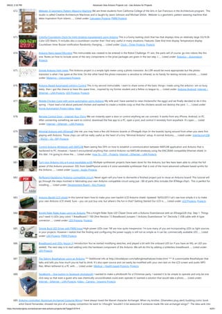 9/6/22, 2:32 PM Advanced View Arduino Projects List - Use Arduino for Projects
https://duino4projects.com/advanced-view-arduino-projects-list/?page31074=4 42/51
672. Webster: A Geometric Pattern Weaving Machine We are three students from California College of the Arts in San Francisco in the Architecture program.  This
studio is called Creative Architecture Machines and is taught by Jason Johnson and Michael Shiloh.  Webster is a geometric pattern weaving machine that
takes inspiration from Islamic…... Listed under: Calculator Projects, PWM Projects
673. Colorful Countdown Clock for tight timeline management using Arduino This is a funny looking clock that has that displays time on relatively large 32x16 Bi-
Color LED Matrix. It includes also a countdown counter that I find very useful in many situations. Features: Date And time display Temperature display
Countdown timer Buzzer notification Randomly changing…... Listed under: Clock – Timer Projects, Projects
674. Arduino Nano based Microbot This instructable was created to be entered in the Robot Challenge. If I win, the parts will of course, go into robots like this
one. Notes on how to include some of the very components in the prize packages are given in the last step. I…... Listed under: Robotics – Automation
Projects
675. Simple Arduino light meter This Arduino project is a simple light meter using a photo-transistor. An LDR would be more appropriate but the photo-
transistor is what I has spare at the time. On the other hand the photo-transistor is sensitive to infrared, so its handy for testing remote controls.…... Listed
under: Metering – Instrument Projects
676. Arduino Based Automated Lighting Control This is my second instructable. i want to share some of the basic things i made using the arduino i am so busy
lately. then i got the chance to have this spare time... inspired by my former student and a fellow co league to…... Listed under: Arduino Android, Internet –
Ethernet – LAN Projects, LED Projects, Projects
677. Mobile Chicken Coop with some automation using Arduino My wife and I have wanted to raise chickens(for the eggs) and we finally decided to do it this
spring.  I have read a lot about pastured chicken and wanted to create a mobile coop so that the chickens would not destroy the yard.  I…... Listed under:
Home Automation Project Ideas, Ideas
678. Remote Control Door – Internet Your Thing We can instantly open a door or control anything we can connect. It works from any iPhone, Android, or PC.
After connecting something we want to control, download the free app to a PC, open a port, and control it remotely from anywhere. It's open…... Listed
under: Internet – Ethernet – LAN Projects
679. Minimal Arduino with ATmega8 Like me, you may have a few old Arduino boards or ATmega8 chips (in the boards) laying around from when you were first
playing with Arduino. Those chips can still be really useful as the heart of a tiny “Minimal Arduino” setup. A normal Arduino…... Listed under: Interfacing(USB
– RS232 – I2c -ISP) Projects
680. Control Arduino Wirelessly with MATLAB Been seeing few DIYs on how to establish a communication between MATLAB application and Arduino that is
hardwired to PC. However, I haven't encountered anything that control Arduino via MATLAB wirelessly using the ENC28J60 compatible Ethernet shield. In
this ible', I'm going to show the…... Listed under: How To – DIY – Projects, Internet – Ethernet – LAN Projects
681. Turn your Arduino into a 4 voice wavetable synth Multiple synthesizer projects have been done for the Arduino, but few have been able to utilize the full
power of the Arduino processor. DZL from GeekPhysical wrote a 4 voice wavetable synthesizer that is one of the more advanced software based synths for
the Arduino.…... Listed under: Sound – Audio Projects
682. Perfboard Hackduino (Arduino-compatible circuit) Never again will you have to dismantle a finished project just to reuse an Arduino board! This tutorial will
go through the steps involved in fabricating your own Arduino-compatible circuit using just ~$8 of parts (this includes the ATMega chip!).  This is perfect for
installing…... Listed under: Development Board – Kits Projects
683. Arduino Backlit LCD shield In this tutorial learn how to make your own backlit-LCD Arduino shield. Updated 18/03/2013 Let’s see how simple it is to make
your own Arduino LCD shield. Sure – you can just buy one, but where’s the fun in that? Getting Started Our LCD is…... Listed under: LCD Projects, Projects
684. Knight Rider Rides Again using an Arduino This a Knight Rider Style LED Chaser Done with a Arduino Duemilanove with an ATmega328 chip. Step 1: Things
you'l need: 6 LEDs (any color) 1 Breadboard 1 100 Ohm Resistor 12 Breadboard Jumpers 1 Arduino Duemilanove "or" Decimila 1 USB cable with A-type
connector…... Listed under: LED Projects, Projects
685. Simple Buck LED Driver with PWM Input High-power LEDs over 1W are now quite inexpensive. I'm sure many of you are incorporating LEDs as light sources
in your projects. However I realize that the finding and configuring the power supply is still not as simple as it can be; commercially available LED…... Listed
under: LED Projects, PWM Projects
686. Breadboard and LEDs (lesson 3) Introduction You’ve started modifying sketches, and played a bit with the onboard LED (or if you have an NG, an LED you
added). The next step is to start adding onto the hardware component of the Arduino. We will do this by adding a solderless breadboard…... Listed under:
LED Projects
687. The Talking Breathalyzer using an Arduino *** Additional info at http://droidalyzer.com/talkingbreathalyzer/index.html *** A customizable Breathalyzer that
talks and tells you how much you’ve had to drink. It’s also open source and can easily be modified with your own text on the LCD screen and audio MP3
files. When tethered to a PC with…... Listed under: Medical – Health based Projects, Projects
688. FaceBooth – One button to facebook photobooth I wanted to make a photbooth for a Christmas party. I wanted it to be simple to operate and only be one
click easy so that even a guest who was chemically uncoordinated could even operate it.I wanted a solution that would take a photo…... Listed under:
Internet – Ethernet – LAN Projects, Video – Camera – Imaging Projects
689. Arduino-controlled, Aluminum Archangel Costume Wings I have always loved the Marvel character Archangel. When my brother, (Shameless plug alert) budding comic book
artist David Fernandez, showed me pics of a cosplay convention he went to I thought "wouldn't it be awesome if someone made life-size archangel wings?". The idea sank into
 