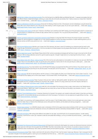 9/6/22, 2:32 PM Advanced View Arduino Projects List - Use Arduino for Projects
https://duino4projects.com/advanced-view-arduino-projects-list/?page31074=4 48/51
777. BaW-Bot Part 3: Adding Sight and Touch to the Bot This is the third part of our BaW-Bot (Bells-and-Whistles Bot) build – 5 separate instructables that look
into different Arduino-related technologies, combining to create a Bot with all the bells-and-whistles. Part 1: Build an Arduino on a Board Part 2: Build the
motor-controller & body…... Listed under: Robotics – Automation Projects
778. Building an Breathalyzer with MQ-3 and Arduino During the First Meeting of Electronic Arts in Florianópolis, we built a Breathalyzer using the Alcohol Gas
Sensor MQ-3 and a Arduino Board to use in the last day of the meeting, in which we gave a party. You can see a quick video two…... Listed under: Medical –
Health based Projects, Projects, Sound – Audio Projects
779. Simple Arduino data-collection At this year's "Arduinos in the Physics Lab" workshop at the AAPT meeting, one of the participants asked for a simple way of
using the Arduino as a tethered A/D converter for data collection direct to a computer. This is my quick & dirty demonstration…... Listed under: Metering –
Instrument Projects
780. Energino: an Arduino-based energy consumption monitoring shield Energino is a plug-load meter that measures the amount of power consumed by
whatever DC electrical appliance is plugged into its. It was originally designed to monitor the energy consumption of simple networking devices such as
Ethernet switches and WiFi access points, but it can…... Listed under: Metering – Instrument Projects
781. More Humane Moisture sensor Recently I got a project from Titan industries, who were in search of something as an interactive plant pot which could
bridge this gap of emotional communication, in mins this reminded me of brilliant projects done by people where the plant could could tweet and…... Listed
under: Sensor – Transducer – Detector Projects
782. Arduino-based event counter I teach Modern Physics here at CSUC, and we occasionally use isotopes with half-lives of a year or less (such as Zinc-65 and
Cadmium-109) for energy-calibration sources for a gamma-spectroscopy lab. I thought it might be fun to try measuring the activity of one of…... Listed
under: Calculator Projects
783. Lithium Battery Solar USB – iPhone – Arduino Charger One of the most fun and useful projects on instructables is to create your very own solar USB/ iPhone
charger. They're not overly difficult to make, nor are the parts overly expensive or hard to find. For the most part they do a rather good…... Listed under:
Battery Projects, Interfacing(USB – RS232 – I2c -ISP) Projects, Phone Projects
784. ATtiny85/45/25 LED dice If you have looked at my 5 LED ATtiny85 POV display, we programmed the ATtiny with the Arduino. (If you haven't seen it, click
here) We will be doing the same thing for this LED Dice project. The total parts cost for this project is…... Listed under: Interfacing(USB – RS232 – I2c -ISP)
Projects, LED Projects
785. Morse-code trainer My kids are learning Morse code this summer, so I threw together this little circuit to help them learn. And to make it more fun... It uses
an ATtiny85 ($2.26 at digikey.com) to drive a piezo beeper (≈ $3.50 at Radio Shack.) The ATtiny85 takes…... Listed under: Arduino Programmer Projects
786. Light Painters Palette aka Light Box Today I'm going to show you how I made my "light painters palette" aka light box. If your into electronics and
photography than this is probably something you are going to like. Supplies: -Arduino (I'm using a arduino pro mini which requires a ftdi basic to
program,…... Listed under: LED Projects, Video – Camera – Imaging Projects
787. How To Make an Obstacle Avoiding Arduino Robot Hello all! In this Instructable I'll be showing you how to make a robot similar to the "Mobile Arduino
Experimental Platform" (MAEP) that I made. It is equipped with two motors that can steer the robot and the ability to see obstacles in front of…... Listed
under: Robotics – Automation Projects
788. “Ayrduino” Single-Sided Arduino Clone I'm teaching "Electronics for Scientists" this semester, and I wanted to allow each student to have their own Arduino
to play with for microcontroller lab exercises and possibly use for their final projects. The Arduino is not very expensive at roughly $30 per, but they…... Listed
under: Development Board – Kits Projects
789. Fijibot Fijibot is an autonomous, self-charging photovore. I built him using a 1.5 liter Fiji Water bottle, an Arduino Uno, 6v solar panel (plus various other
parts) from Radio Shack, an Arduino Proto Shield (plus various other parts) from Adafruit, and the wheels and steering arrangement…... Listed under:
Robotics – Automation Projects
790. Network-status indicator I run a NFS/NIS network under a combination of OS's for the upper-division physics lab here at CSUC, and one source of irritation
is when one machine goes down and nobody lets me know until suddenly that machine is absolutely necessary NOW! So I figured…... Listed under: Internet
– Ethernet – LAN Projects
791. 4x4x4 LED Cube Arduino After seeing all the different instructables for Led cubes i was still left with a lot of unanswered questions.  So after reading
everything i could find this is what i got. I decided to make the instructable after building it...so ill try to recreate the process the best…... Listed under: LED
Projects
792. Quantitative Two-Dimensional Temperature Measurements Lab Experiments involving the Heat Equation are usually one-dimensional exercises involving a
copper pipe and a half-dozen thermocouples. But with DS18B20 "One-Wire" thermometer chips and an Arduino, it's possible to measure hundreds of
temperature values simultaneously. Here's what my students Daniel Lund and Lawrence Lechuga…... Listed under: Temperature Measurement Projects
793. Arduino ATtiny2313 Programming Shield Today, I made a small 3x3x3 LED cube with an ATtiny2313 that I had from about 2 weeks ago. Whenever I had to reprogram the LED
cube when I thought of more awesome patterns, I had to get out my breadboard and then wire up…... Listed under: Arduino Programmer Projects, Development Board – Kits
 