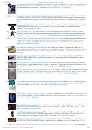 9/19/23, 9:56 AM Advanced View Arduino Projects List - Use Arduino for Projects
https://duino4projects.com/advanced-view-arduino-projects-list/?page31074=5 3/65
25. Arduino Controlled Can Crusher With LCD Readout I have always wanted to do an instructable, but I never had a somewhat original idea that
hasn't been done a million times, or something that had no means of building. I have some friends who recycle aluminum for money and
after seeing the large bags of an unknown…... Listed under: Home Automation Projects, LCD Projects, Projects
26. Infinite Loop – Prototype I Final Report: Hazardous Weather Warning System using arduino Introduction: The LED warning system notifies
local residents of emergency withing the area. The difference in the color of the LED will allow residents to differentiate between different
warnings. Each shelter building has a person who is in charge of unlocking the door for residents…... Listed under: Security – Safety Project
Ideas
27. Computers are Dumb Objective: Overcome your fear of computers! If you can count to two, then you can master the basics of computers. If
you think computers are smarter than you, you are wrong and I will prove it. For normal people, just follow the LOG: comments.
Computers…... Listed under: RTOS – OS Projects
28. Bicycle North Indicator using Arduino Magnetoception is the ability of some animals to detect magnetic fields as a means of orienting
themselves. Although humans do not seem to posses the same biological mechanisms that allow other animals to sense magnetic fields,
there are still many ways that we can improve our…... Listed under: Game – Entertainment Projects, Home Automation Projects, Projects
29. Shade Technologies – Prototype I Final Report: Motorized Wheelchair Canopy using arduino Introduction Our Motorized Wheelchair Canopy
intends to help those people with disabilities that confine them to their motorized wheelchairs and need shelter at times of inclement
weather, such as rain or extreme heat. Although manual wheelchair canopies do exist, no type of motorized wheelchair canopy…... Listed
under: Medical – Health based Project Ideas
30. Fab Lab Barcelona SuperNode /Fab Lab Sevilla /Jose Perez de Lama Retablillo de las Maravillas v1.0 Developed july>>august 2013 4./
Interactivity & electronics 4.1/ Switches / characters 4.2/ Screen / interface 4.3/ Motor controller 4.4/ I/O controller & interface [4./ electronics]
[4.1/ switches / characters] The characters on top of the moving platform function, as interfaces,…... Listed under: Game – Entertainment
Project Ideas
31. SPI interface to the FlySky/Turnigy 9x Interfacing a RC radio to a microcontroller is a bit of a pain, especially if you want a lot of channels,
because you have to time each channel's output individually. An AVR only has one 16 bit timer with two compare channels, so either you…...
Listed under: Radio Projects
32. Arduino powered 7seg led display with Port Manipulation Time for something a little more advanced. Direct Port Manipulation. Normally
when using Arduino software, the actual logic behind changing the values in pins is abstracted away with digitalRead and digitalWrite. Now,
for most people that's just fine. But it has some limitations. For one,…... Listed under: LED Projects, Projects
33. Arduino controlled animatronic wooden head (reading lamp) usnig arduino This head is a reading lamp which can be adjusted for direction of
lighting, and dimmed as required. This Instructable combines Arduino programming, some simple electronics, carving with hand and power
tools, mechanical control and a bit of woodwork. Apart from the Arduino and a…... Listed under: Home Automation Projects
34. How to build an Arduino energy monitor – measuring mains voltage and current This guide details how to build a simple electricity energy
monitor on that can be used to measure how much electrical energy you use in your home. It measures voltage with an AC to AC power
adapter and current with a clip on CT sensor,…... Listed under: Temperature Measurement Project Ideas
35. High Power RGB LED Moodlamp which syncs with Philips Hue In this instructable the main focus lies on the software which I've created - not
so much on the hardware side. You needn't to use a high- power led for this, you can use every RGB- LED you like. The "High Power RGB LED
Moodlamp"…... Listed under: LED Projects
36. Buggy Wheelchair Robot using an Arduino This is a Modification of an electric wheelchair. I called it "Buggy" for two reasons. #1 My kids can
still ride it around because I left the seat intact. #2 I haven't programmed anything for a long time. I plan to create "jobs" for it…... Listed
under: Projects, Robotics – Automation Projects
37. Make A FOBO Bipedal Walking Robot Using Arduino FOBO is the fourth prototype from Project Biped. It is a 3D printed, self-contained,
statically balanced, bipedal robot. It has 8 DOF (degrees of freedom) and can walk around its environment and avoid obstacles using an
ultrasonic range sensor. All of the designs, instructions, source…... Listed under: Robotics – Automation Project Ideas
38. Build the Ultimate Larson Scanner! using arduino I have watched the availability of high power (>10W) LED's jump over the past year or so
and... drop in price. I came across some very inexpensive 10W white LED's from Deal Extreme that were in the $3 dollar range and put out
900lumens, which…... Listed under: CNC Machines Project Ideas
This website uses cookies to improve your experience. We'll assume you're ok with this, but you can opt-out if you wish. Check Privacy Policy
ACCEPT
 