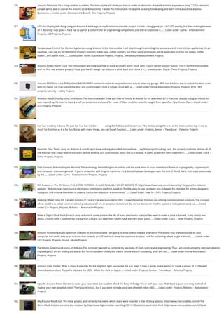 726. Arduino Electronic Dice using random numbers
This instructable will show you how to make an electronic dice with minimal experience using 7 LEDs, resistors,
jumper wires, and of course the arduino (or arduino clone). I wrote this instructable for anyone to easily follow along and learn more about the arduino.
Questions…... Listed under: Development Board – Kits Projects, Projects
727. LED Hat Display with Pong using an Arduino
A while ago, as my first microcontroller project, I made a Pong game on a 5x7 LED display, but then nothing became
of it. Recently I was given a hard hat as part of a uniform (for an engineering competition) and told to customize it,…... Listed under: Game – Entertainment
Projects, LED Projects, Projects
728. Temperature Control For Kitchen Appliances using Arduino
In this Instructable, I will step through controlling the temperature of most kitchen appliances. As an
example, I will use an old Westbend Poppery popcorn maker (aka. coffee roaster), but these same techniques will be applicable to most hot plates, coffee
makers, and waffle irons.…... Listed under: Home Automation Projects, Projects, Temperature Measurement Projects
729. Arduino Binary Alarm Clock
This Instructable will show you how to build an binary alarm clock, with a touch sensor snooze button. This is my first instructable
and my first real arduino project, I hope you like it! I bought an arduino a while back and I think it's…... Listed under: Clock – Timer Projects, Projects
730. Arduino RFID Door Lock
***Updated 8/9/2010*** I wanted to make an easy and secure way to enter my garage. RFID was the best way to unlock my door, even
with my hands full I can unlock the door and push it open! I built a simple circuit with a…... Listed under: Home Automation Projects, Projects, RFID - NFC
projects, Security – Safety Projects
731. Wireless Altoids Display using an Arduino
This Instructable will show you how to modify an Altoids tin for a wireless 2x16 character display. Using an Altoids tin
was inspired by the need to have a small yet protective enclosure for a pair of Xbee modules recently bought from Sparkfun. I purchased the…... Listed under:
LCD Projects, Projects
732. Fun Sun-tracking Arduino
The Just-For-Fun Sun-tracker              using the Arduino and two servos. This device, along the lines of the most useless toy, is not so
much for function as it is for fun. But as with many things, you can't spell function…... Listed under: Projects, Sensor – Transducer – Detector Projects
733. Reaction Time Tester using an Arduino
A month ago I knew nothing about Arduino and now.....my first project! Looking back, this project combines allmost all of
the tutorials that I have read in this short period: blinking LED, push button, piezo and LCD display. A useful project for every beginner! I…... Listed under: Clock –
Timer Projects, Projects
734. Kid’s Game to Arduino Enigma Machine
The technology behind Enigma machines and the work done to crack them has influenced cryptography, cryptanalysis,
and computer science in general.  If you're unfamiliar with Enigma machines, it's a device that was developed near the end of World War I, then used extensively
by the…... Listed under: Game – Entertainment Projects, Projects
735. DIY Arduino or The DIY-Duino
THIS ENTIRE TUTORIAL IS ALSO AVAILABLE ON MY WEBSITE AT http://www.theparsley.com/arduino/diy/ To quote the Arduino
website: "Arduino is an open-source electronics prototyping platform based on flexible, easy-to-use hardware and software. It's intended for artists, designers,
hobbyists, and anyone interested in creating interactive objects or environments."…... Listed under: How To – DIY – Projects, Projects
736. Steering Wheel Drive R/C Car with Arduino
IP Control Car was launched in 2001. I make the similar function car utilizing commercialized products. The concept
of Car No.02 is to utilize commercialized products, and I am an amateur in electrical. So, do not blame me that the system is not sophisticated, i.e.…... Listed
under: Car Projects, Projects, Robotics – Automation Projects
737. Make A Digital Clock From Scratch using arduino
In some point in the life of every electronics hobbyist the need to make a clock is borned, in my case it was
about a month after I soldered my first part on a board, but back then I didn't have the right tools, parts…... Listed under: Clock – Timer Projects, Projects
738. Arduino Processing Audio Spectrum Analyzer
In this Instructable I am going to show how to make a program in Processing that analyzes sound on your
computer and sends data to an Arduino that controls an LED matrix to show the spectrum analysis. I will be explaining where to get materials,…... Listed under:
LED Projects, Projects, Sound – Audio Projects
739. Plantduino Greenhouse using an Arduino
This summer I wanted to combine my two loves of plant science and engineering. Thus I am constructing my very own greenho
my backyard. I am an undergrad, and as any former student knows, this means I move around constantly, and I am not…... Listed under: Home Automation
Projects, Projects
740. Arduino Solar Tracker
What is does: It searches for the brightest light source like the sun. Step 1: How it works How it works: I'd made a sensor of 4 LDRs with
sheets between them The withe stips are the LDRs   When the stick on top is…... Listed under: Projects, Sensor – Transducer – Detector Projects
741. Tyco RC Arduino Robot
Wanted to make your own robot but couldn't afford the fancy H-Bridge IC's or etch your own PCB? Want a quick and dirty method of
making your own wheeled robot? Then you're in luck, but if you want to make your own wheeled robot AND…... Listed under: Projects, Robotics – Automation
Projects
742. My Arduino WordClock
The initial project, and certainly the one to which many were inspired is that of Doug Jackson. http://www.instructables.com/id/The-
Word-Clock-Arduino-version/ also inspired by http://www.highonsolder.com/blog/2011/1/8/arduino-word-clock.html  http://www.instructables.com/id/Sleek-
 