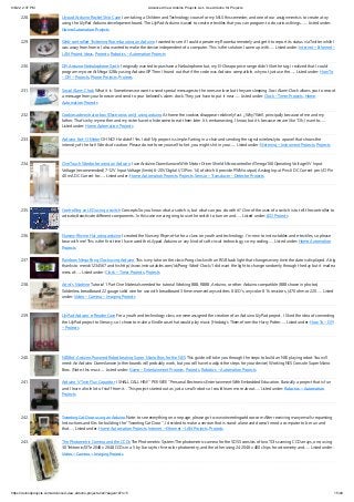 9/6/22, 2:37 PM Advanced View Arduino Projects List - Use Arduino for Projects
https://duino4projects.com/advanced-view-arduino-projects-list/?page31074=5 15/49
228. Lilypad Arduino Rocket Ship Cape I am taking a Children and Technology course for my MLS this semester, and one of our assignments is to create a toy
using the LilyPad Arduino development board. The LilyPad Arduino is used to create e-textiles that you can program to do various things.…... Listed under:
Home Automation Projects
229. Web-controlled Twittering Roomba using an Arduino I wanted to see if I could operate my Roomba remotely and get it to report its status via Twitter while I
was away from home. I also wanted to make the device independent of a computer. This is the solution I came up with…... Listed under: Internet – Ethernet –
LAN Project Ideas, Projects, Robotics – Automation Projects
230. DIY Arduino Nebulophone Synth I originally wanted to purchase a Nebulophone but, my El-Cheapo price range didn't like the tag. I realized that I could
program my own AtMega 328 by using ArduinoISP Then I found out that if the code was Arduino compatible, why not just use the…... Listed under: How To
– DIY – Projects, Phone Projects, Projects
231. Social Alarm Clock What it is: Sometimes we want to send special messages to the ones we love but they are sleeping. Soci Alarm Clock allows you to record
a message from your browser and send to your beloved’s alarm clock. They just have to put it near…... Listed under: Clock – Timer Projects, Home
Automation Projects
232. Cookies adminitrator box [Electronics only] using arduino At home the cookies disappear relatively fast. ¿Why? Well, principally because of me and my
father. That's why my mother and my sister have to hide some to eat them later. It's embarrassing, I know, but it's because we are like "Oh, I want to…...
Listed under: Home Automation Projects
233. Arduino Fart-O-Meter OH NO! He didn't! Yes I did! My project is simple: Farting in a chair and sending the signal wirelessly to a panel that shows the
intensity of the fart! Words of caution: Please do not force yourself to fart, you might shit in your…... Listed under: Metering – Instrument Projects, Projects
234. One Touch Wardrobe using an Arduino I use Arduino Duemilanove With Motor Driver Shield Microcontroller ATmega168 Operating Voltage 5V Input
Voltage (recommended) 7-12V Input Voltage (limits) 6-20V Digital I/O Pins 14 (of which 6 provide PWM output) Analog Input Pins 6 DC Current per I/O Pin
40 mA DC Current for…... Listed under: Home Automation Projects, Projects, Sensor – Transducer – Detector Projects
235. Controlling an LED using a switch Concepts So you know what a switch is, but what can you do with it? One of the uses of a switch is to tell the controller to
activate/deactivate different components. In this case we are going to use the switch to turn on and…... Listed under: LED Projects
236. Nursery Rhyme Hat using arduino I created the Nursery Rhyme Hat for a class on youth and technology.  I'm new to instructables and e-textiles, so please
bear with me! This is the first time I have used the Lilypad Arduino or any kind of soft circuit technology, so my coding…... Listed under: Home Automation
Projects
237. Rainbow Mega Pong Clock using Arduino This is my take on the clasic Pong clock with an RGB back light that changes every time the date is displayed. A big
thanks to mrnick1234567 and his http://www.instructables.com/id/Pong-Word-Clock/ I did want the light to change randomly through the day but it made a
mess of…... Listed under: Clock – Timer Projects, Projects
238. Artist’s Machine Tutorial 1 Part One Materials needed for tutorial Working BBB, RBBB, Arduino, or other Arduino compatible (BBB shown in photos)
Solderless breadboard 22 gauge solid wire for use with breadboard 3 6mm momentary switches 8 LED's, any color 8 1k resistors, (470 ohm or 220…... Listed
under: Video – Camera – Imaging Projects
239. LilyPad Arduino e-Reader Case For a youth and technology class, we were assigned the creation of an Arduino LilyPad project.  I liked the idea of connecting
the LilyPad project to literacy, so I chose to make a Kindle case that would play music [Hedwig’s Theme from the Harry Potter…... Listed under: How To – DIY
– Projects
240. NESBot: Arduino Powered Robot beating Super Mario Bros for the NES This guide will take you through the steps to build an NES playing robot You will
need: An Arduino Duemilanove (other boards will probably work, but you will have to adjust the steps for your device) Working NES Console Super Mario
Bros. (Note: this must…... Listed under: Game – Entertainment Projects, Projects, Robotics – Automation Projects
241. Arduino V-Twin Flux Capacitor I SHALL CALL HIM " PEE-WEE " Personal Electronics Entertainment With Embedded Education. Basically a project that is fun
and I learn a hole lot of stuff from it. . This project started out as just a small robot so I could learn more about…... Listed under: Robotics – Automation
Projects
242. Tweeting Cat Door using an Arduino Note: to see everything on one page, please go to: www.tweetingcatdoor.com After receiving many emails requesting
Instructions and Kits for building the "Tweeting Cat Door ", I decided to make a version that is stand-alone and doesn't need a computer to be run and
that…... Listed under: Home Automation Projects, Internet – Ethernet – LAN Projects, Projects
243. The Photometric Camera and the CCDs The Photometric System The photometric camera for the SDSS consists of two TDI scanning CCD arrays, one, using
30 Tektronix/SITe 2048 x 2048 CCDs in a 5 by 6 array for five-color photometry, and the other using 24 2048 x 400 chips for astrometry and…... Listed under:
Video – Camera – Imaging Projects
 