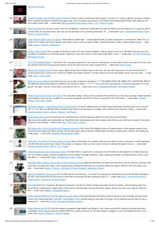 9/6/22, 2:37 PM Advanced View Arduino Projects List - Use Arduino for Projects
https://duino4projects.com/advanced-view-arduino-projects-list/?page31074=5 17/49
LED Projects, Projects
263. Homemade Magic Lamp Card Box using an Arduino A robot is a virtual or mechanical artificial agent. In practice, it is usually an electro-mechanical machine
which is guided by computer or electronic programming, and is thus able to do tasks on its own (http://en.wikipedia.org/wiki/Robot). Well, today you will
learn exactly how to build…... Listed under: Home Automation Project Ideas, How To – DIY – Projects, Projects
264. High Five Camera Can I tell you a secret? I don't like handshakes. I really don't. Handshakes just make me feel dirty. It's too impersonal. It's a gesture with no
soul and reeks of a corporate entity. Why must we limit ourselves to this one boring interaction? Of…... Listed under: Game – Entertainment Projects, Video –
Camera – Imaging Projects
265. Twitter Mention Mood Light using Arduino Twitter Mention Mood Light -- a mood light that alerts you when @username is mentioned on Twitter. This is a
simple intro in how to control your Arduino from Twitter. If you are new to Arduino Twitter / Arduino Processing Twitter / Arduino Python Twitter…... Listed
under: Internet – Ethernet – LAN Projects
266. Arduino makes 2D Level This is a project for Arduino to make a 2D Level, aimed at beginners. Arduino draws a circle on an LED Matrix that moves around
according to readings from a 2D Accelerometer. Objectives: * Learn how to draw a circle using simple Maths * Learn…... Listed under: CNC Machines Projects,
LED Projects, Projects
267. CSCE 236 Embedded Systems 1  Instructions This is a group assignment for you to work on during class. You only need to hand in one copy of this, but make
sure that the names of all of your group members are on this sheet to receive credit. Complete all of…... Listed under: Other Projects
268. Arduino Etch-A-Sketch Clock I've seen various Arduino driven Etch-A-Sketch clocks on the web , but none with instructions (is it some kind of secret? Is
someone planning on making it rich in the Etch-A-Sketch Clock global market?). I've used Arduino, but never used stepper motors, real time clocks,…... Listed
under: Clock – Timer Projects
269. Blinky Fish using an Arduino Assembly instructions for an add-on board for the Arduino. **** FOR INSTRUCTIONS FOR MARCH 2013, KICKSTARTER PROJECT
GO HERE http://www.instructables.com/id/Blinky-Fish-Kickstarter-Project/  ************ It has some LED's and a button. It connects to digital pins 9-13 and
ground.  My hope is that this will be useful to people that want to…... Listed under: Game – Entertainment Projects, LED Projects, Projects
270. Second degree equation solver with Arduino This instuctable is about making sort of a calculator that enables the user by using an analog 12-digit keyboard
and 4 buttons to input the a,b,c variables into a equation and get the solution for it if there is any.(well if u don't know what…... Listed under: Calculator
Projects, LCD Projects, Projects
271. Home Alert: Arduino + Cloud Messaging On A Large Display In the age of mobile phones, you would expect that people would be responsive to your call
24/7. Or… not. Once my wife gets home, the phone stays buried in her hand bag, or its battery is flat. We don’t have a land line. Calling…... Listed under:
Home Automation Projects, Internet – Ethernet – LAN Projects
272. Simple Arduino Book clock This book clock was inspired by florinc and the impresive selection of clocks like the wise clock3 etc
http://www.instructables.com/member/florinc/ My girlfriend likes reading books and there is always a pile of them around the house, however to be able to
build this for her birthday…... Listed under: Clock – Timer Projects, Projects
273. DNA Melting Part 2: Lock-in Amplifier and Temperature Control In Part 2 of the DNA Melting Lab you will make revisions to allow greater control of your
instrument and to reduce the effects of noise. You will add a pulse-width modulation (PWM) heater controller to enable careful control of the heating and
cooling rates…... Listed under: Temperature Measurement Projects
274. Control Any Circuit With a TV Remote (and an Arduino) Most of the buttons on a remote control are never used. So why not use them to control appliances
and other electronics around your house. In this project, I am going to show you how to use an Arduino to decode the signal from your…... Listed under:
Home Automation Projects, How To – DIY – Projects
275. ElectroFried electronic shock game using Arduino The ElectroFried is a game with a shocking fun level. ElectroFried is developed for the Global Game Jam
2011 in Antwerp in design center the winkelhaak. The Team Jekkos/ Cinezaster decided to make a simple game based on colliding electrons. With a nasty
side effect, a…... Listed under: Game – Entertainment Projects, Projects
276. Reginald: a UDP surveillance bot; control via the Internet using Arduino Reginald started from the simple, yet bold idea to control a bot from anywhere in the
world with a live video feed. What I wasn't expecting was for Reginald to develop into an involved, feature rich project. With my work and money, I was
able…... Listed under: Internet – Ethernet – LAN Projects, Projects, Robotics – Automation Projects
277. Hacking a Powerglove using Arduino First of all lets get this out of the way... It's so bad This is going to be showing how to hack the Nintendo Powerglove.
By hack I mean tap into the flex sensors and use the buttons and d pad and add anything you want. In…... Listed under: Game – Entertainment Projects,
Projects, Sensor – Transducer – Detector Projects
278. Chur-Robot Electrical Components The electrical components are the five motors and their associated circuits, the buttons, and the thermocouple. The
Circuit We are controlling two stepper motors, three servos, a thermocouple, and a set of buttons using an Arduino. Our final circuit diagram looks like
this:…... Listed under: Robotics – Automation Projects
279. Build a Complete AVR System and Play Mastermind using Arduino The game Mastermind has been around a long time, and I remember getting a board
version with colored pegs when I was a kid. I love this game, as it is solvable simply by pure logic. One player (or a computer/microcontroller) chooses a
sequence of…... Listed under: Game – Entertainment Projects, Projects
280. Sensor Arduino Lab 2013 This lab most recently revamped by Edgar Berdahl and Wendy Ju. Chris Carlson, possibly Bill Verplank, and others have likely
contributed. For this lab you need your Satellite CCRMA kit, a laptop computer with Ethernet adaptor to program it, and some headphones with a mini…...
Listed under: Sensor – Transducer – Detector Projects
 
