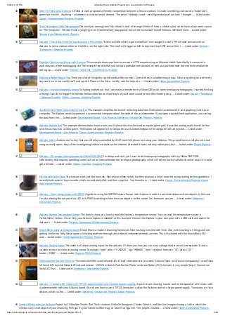 9/6/22, 2:37 PM Advanced View Arduino Projects List - Use Arduino for Projects
https://duino4projects.com/advanced-view-arduino-projects-list/?page31074=5 4/49
48. Mint Tin Hero using Arduino A friend at work proposed a friendly competition between a few co-workers: to make something cool out of a Trader Joe’s
green tea mint tin.  Anything – whatever our creative hearts desired.  The prize?  Nobody cared – we’d figure that part out later. I thought…... Listed under:
Game – Entertainment Projects, Projects
49. Track Honeybees With Temperature Data analysis coming soon! My school is kind of strange. We don't have a cafeteria, but we do have a four week course
on "The Simpsons." We don't have a jungle-gym on the elementary playground, but we do have a half-buried firetruck. We don't have…... Listed under:
Temperature Measurement Projects
50. Arduino – (Very) Basic motion tracking with 2 PIR sensors Took me a little while to get started but I’ve managed to wire 2 PIR infrared sensors with an
Arduino to sense motion either on the left or on the right side. The result will trigger an LED to represent each PIR sensor then I…... Listed under: Sensor –
Transducer – Detector Projects
51. Pachube Client using Strings with Arduino This example shows you how to answer a HTTP request using an Ethernet shield. Specifically, it connects to
pachube.com, a free datalogging site. The example requires that you set up a pachube.com account, as well as a pachube feed (for more information on
setting up…... Listed under: Internet – Ethernet – LAN Projects, Projects
52. Making a Better Mouse Trap There are a lot of things this world needs at the moment.  One of them is a better mouse trap.  Mice are getting smarter every
day and if we're not careful we'll end up with Planet of the Mice.  Luckily, with the help of a…... Listed under: Home Automation Projects
53. Arduino – motion triggered camera So having worked out that I can make a remote for my Nikon D80 to do some timelapse photography. I started thinking
of things I can do to trigger the remote, below video shows it working but you’ll need sound to hear the shutter going.…... Listed under: Sensor – Transducer
– Detector Projects, Video – Camera – Imaging Projects
54. Accelerometer Table using Arduino Esplora This example simplifies the task of collecting data from the Esplora's accelerometer and graphing it with your
computer. The Esplora sends keypresses to a connected computer about the state of the accelerometer. If you open a spreadsheet application, you can log
the data from the…... Listed under: Development Board – Kits Projects, Metering – Instrument Projects, Projects
55. Arduino Esplora Kart This example demonstrates how to turn your Esplora into a customized computer game pad. It uses the analog joystick and the four
switches as inputs to a video game. The Esplora will appear to the computer as a standard keyboard, the computer will see joystick…... Listed under:
Development Board – Kits Projects, Game – Entertainment Projects, Projects
56. Arduino text’in Arduino text‘in. Key Features: 24 relays controlled by 4 I/O lines! Cell phone text using your Arduino. This project hacks a cell phone to text
using normally open relays. After investigating cellular modules on the internet I decided it looks not only rather pricy, but…... Listed under: Phone Projects
57. Arduino – IR remote/ intervalometer for Nikon D80 DSLR I’m cheap and skint, yet I want to do timelapse photography with my Nikon D80 DSLR.
Unfortnately that requires spending some cash on an intervalometer for time lapse photography which will set me back a sizeable chunk of cash. Or I could
get a remote…... Listed under: Video – Camera – Imaging Projects
58. My hat with full of stars Top hats are cool; just like bow ties.  Not only are they stylish, but they give you a lot of room for incorporating techno goodness.  I
recently had cause to buy a tuxedo, which necessitated a kilt, and then a top hat.  You know how…... Listed under: Game – Entertainment Projects, Home
Automation Projects
59. Arduino – Sonic range finder with SRF05 A guide to using the SRF05 Distance Sensor with Arduino in order to calculate distances from objects. In this case
I’m also altering the output of an LED with PWM according to how close an object is to the sensor. So the nearer you are…... Listed under: Metering –
Instrument Projects
60. Arduino Esplora Temperature Sensor This sketch shows you how to read the Esplora's temperature sensor. You can read the temperature sensor in
Farhenheit or Celsius. Circuit Only your Arduino Esplora is needed for this example. Connect the Esplora to your computer with a USB cable and open the
Arduino's…... Listed under: Projects, Temperature Measurement Projects
61. Knock Block using an Arduino board Knock Block: a modern knocking framework Man has long wrestled with Time. Also, with knocking on things and not
getting the time of day. We propose a knocking platform through which these fundamental needs are met. This is illustrated with the Knock Block KUI
and…... Listed under: Home Automation Projects, Projects
62. Arduino Analog Inputs This week is all about analog inputs for the arduino. I’ll show you how you can use a voltage divider circuit (see episode 3) and a
variable resistor to make an analog sensor. [box type="note" color=" #202020 " bg="#ffbb00 " font="verdana" fontsize="14" radius="20 "
border="#000"…... Listed under: Projects, PWM Projects
63. Intervalometer for Sony NEX 5n This intervalometer used infrared LED To built intervalometer you need: Arduino Nano (or Arduino-compability). I used Nano
V3 Serial LCD Joystick Module IR Led and resistor ~200 Ohm Switch Push Button Plastic enclosure Battery 9V Schematic is very simple Step 2: Connection
Serial LCD has…... Listed under: Metering – Instrument Projects
64. Arduino – Control a DC motor with TIP120, potentiometer and multiple power supplies A quick circuit showing how to control the speed of a DC motor with
a potentiometer with your Arduino board. Also shows how to use a TIP120 transistor to allow the Arduino control a larger power supply. Transistors are 3 pin
devices, which via the…... Listed under: Metering – Instrument Projects, Motor Projects
65. Combo Blocks using an Arduino Project by CU Boulder Thinks That Think students: Michelle Bourgeois, Charles Dietrich, and Ben Link Imagine having a safe in which the
combo is any small object of your choosing.  Perhaps it's your favorite coffee mug, or a bat man figurine.  This project is based…... Listed under: Home Automation Projects,
 