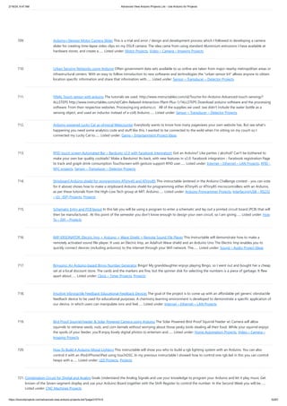 2/19/24, 9:47 AM Advanced View Arduino Projects List - Use Arduino for Projects
https://duino4projects.com/advanced-view-arduino-projects-list/?page31074=5 52/67
709. Arduino+Stepper Motor Camera Slider This is a trial and error / design and development process which I followed in developing a camera
slider for creating time-lapse video clips on my DSLR camera. The idea came from using standard Aluminium extrusions I have available at
hardware stores, and create a…... Listed under: Motor Projects, Video – Camera – Imaging Projects
710. Urban Sensing Networks using Arduino Often government data sets available to us online are taken from major nearby metropolitan areas or
infrastructural centers. With an easy to follow introduction to new softwares and technologies the "urban sensor kit" allows anyone to obtain
location specific information and share that information with…... Listed under: Sensor – Transducer – Detector Projects
711. FINAL Touch sensor with arduino The tutorials we used. http://www.instructables.com/id/Touche-for-Arduino-Advanced-touch-sensing/?
ALLSTEPS http://www.instructables.com/id/Calm-Relaxed-Interaction-Plant-Plus-1/?ALLSTEPS Download arduino software and the processing
software. From their respective websites. Processing.org arduino.cc All of the supplies we used: (we didn't include the water bottle as a
sensing object, and used an inductor instead of a coil) Arduino…... Listed under: Sensor – Transducer – Detector Projects
712. Arduino powered Lucky Cat as physical Webcounter Everybody wants to know how many pageviews your own website has. But see what's
happening you need some analytics code and stuff like this. I wanted to be connected to the wold when I'm sitting on my couch so I
connected my Lucky Cat to…... Listed under: Game – Entertainment Project Ideas
713. RFID touch screen Automated Bar – Barduino v2.0 with Facebook Integration! Got an Arduino? Like parties / alcohol? Can't be bothered to
make your own bar quality cocktails? Make a Barduino! Its back, with new features in v2.0: Facebook integration - Facebook registration Page
to track and graph drink consumption Touchscreen with gesture support RFID user…... Listed under: Internet – Ethernet – LAN Projects, RFID -
NFC projects, Sensor – Transducer – Detector Projects
714. Stripboard Arduino shield for programming ATtiny45 and ATtiny85 This instructable (entered in the Arduino Challenge contest - you can vote
for it above) shows how to make a stripboard Arduino shield for programming either ATtiny45 or ATtiny85 microcontrollers with an Arduino,
as per these tutorials from the High-Low Tech group at MIT: Arduino…... Listed under: Arduino Programmer Projects, Interfacing(USB – RS232
– I2c -ISP) Projects, Projects
715. Schematic Entry and PCB layout In this lab you will be using a program to enter a schematic and lay out a printed circuit board (PCB) that will
then be manufactured. At this point of the semester you don't know enough to design your own circuit, so I am giving…... Listed under: How
To – DIY – Projects
716. IMP-ERSONATOR: Electric Imp + Arduino + Wave Shield = Remote Sound File Player This Instructable will demonstrate how to make a
remotely activated sound file player. It uses an Electric Imp, an Adafruit Wave shield and an Arduino Uno The Electric Imp enables you to
quickly connect devices (including arduinos) to the internet through your Wifi network. The…... Listed under: Sound – Audio Project Ideas
717. Binguino: An Arduino-based Bingo Number Generator Bingo! My granddaughter enjoys playing Bingo, so I went out and bought her a cheap
set at a local discount store. The cards and the markers are fine, but the spinner disk for selecting the numbers is a piece of garbage. It flew
apart about…... Listed under: Clock – Timer Projects, Projects
718. Intuitive Vibrotactile Feedback Educational Feedback Devices The goal of the project is to come up with an affordable yet generic vibrotactile
feedback device to be used for educational purposes. A chemistry learning environment is developed to demonstrate a specific application of
our device, in which users can manipulate ions and feel…... Listed under: Internet – Ethernet – LAN Projects
719. Bird Proof Squirrel Feeder & Solar Powered Camera using Arduino The Solar Powered-Bird Proof Squirrel Feeder w Camera will allow
squirrels to retrieve seeds, nuts, and corn kernels without worrying about those pesky birds stealing all their food. While your squirrel enjoys
the spoils of your feeder, you'll enjoy lovely digital photos to entertain and…... Listed under: Home Automation Projects, Video – Camera –
Imaging Projects
720. How To Build A Arduino Mood Lighting This instructable will show you who to build a rgb lighting system with an Arduino. You can also
control it with an iPod/iPhone/iPad using touchOSC. In my previous instructable I showed how to control one rgb led in this you can control
heaps with a…... Listed under: LED Projects, Projects
721. Combination Circuit for Digital and Analog Goals Understand the Analog Signals and use your knowledge to program your Arduino and let it play music Get
known of the Seven-segment display and use your Arduino Board together with the Shift Register to control the number. In the Second Week you will be…...
Listed under: CNC Machines Projects
 