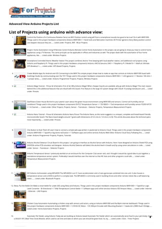 Advanced View Arduino Projects List
List of Projects using arduino with advance view:
1. Control the Position of a Continuous Rotation Servo via WiFi
Position control using wifi from a smartphone sounds too good to be true? Do it with MKR1000.
Things used in this project Hardware components Arduino MKR1000 × 1 Hand tools and fabrication machines 3D Printer (generic) Story Many position control
use steppers because they are…... Listed under: Projects, Wifi - WLan Projects
2. Project: Home Automation Using IR Remote Control
Arduino-Remote Control Home Automation In this project, we are going to show you how to control home
appliances using a TV Remote. This same principle can be applicable in offices and industries as well. The project deals with the automation of four home
appliances, like…... Listed under: Wireless Projects
3. Smartphone Controlled Atomic Weather Station
This project combines Atomic Time keeping with local weather station, and additional cool projects using
Arduino and Raspberry Pi. Things used in this project Hardware components Arduino UNO & Genuino UNO × 1 Raspberry Pi 2 Model B × 1 Adafruit Ultimate
GPS Breakout ×…... Listed under: GPS Based Projects, Projects
4. Create Mobile Apps for Android and iOS Connecting to the MKR
This simple project shows how to make an app that controls an Arduino MKR1000 board with
Evothings Studio by communicating over the TCP. Things used in this project Hardware components Arduino MKR1000 × 1 LED (generic) × 1 Resistor 100 ohm ×
1 Jumper wires…... Listed under: Arduino Programmer Projects, Projects, Wireless Projects
5. Arduino Mega Tutorial – Pinout & Schematics
First of all, Why Arduino Mega? When cheaper boards are available, why go with Arduino Mega? The main reason
behind this is the additional features that are inbuilt with this board. First feature is the large I/O system design with inbuilt 16 analog transducers and…... Listed
under: Pinouts
6. DasFilisera Green House
Be kind to your plants! Learn about the green house environment using MKR1000 and sensors. Control soil humidity and air
conditions! Things used in this project Hardware components DHT22 Temperature Sensor × 1 DS18B20 × 1 Soil temperature and humidity sensor FS200-SHT25
× 1 4-Channel…... Listed under: Other Projects, Projects, Sensor – Transducer – Detector Projects, Temperature Measurement Projects
7. Arduino Nano Tutorial – Pinout & Schematics
Arduino Nano Pinout The Arduino Nano, as the name suggests is a compact, complete and bread-board friendly
microcontroller board. The Nano board weighs around 7 grams with dimensions of 4.5 cms to 1.8 cms (L to B). This article discusses about the technical specs
most importantly…... Listed under: Pinouts
8. One Button to Rule Them All
Learn how to connect a simple web app written in JavaScript to Arduino Cloud. Things used in this project Hardware components
Arduino MKR1000 × 1 SparkFun big dome red button × 1 Software apps and online services Arduino Web Editor Arduino Cloud Story Following this…... Listed
under: Arduino Programmer Projects, Projects, Tutorials
9. Arduino Alcohol Detector Circuit Board
In this project, I am going to Interface an Alcohol Sensor with Arduino. Here I have designed an Arduino Shield PCB using
EASYEDA online PCB simulator and designer. Arduino Alcohol Detector will detect the alcohol level in breath and by using some calculations in code…... Listed
under: Sensor – Transducer – Detector Projects
10. Arduino Temperature Sensor
I previously worked on an enclosure for the Computer Club server rack, and I thought it would be a good idea to put together a
standalone temperature sensor system. Preferably it would interface over the internet so that IRC bots and other programs could talk…... Listed under:
Temperature Measurement Projects
11. DIY Arduino Inclinometer using MPU6050
The MPU6050 is an IC 3-axis accelerometer and a 3-axis gyroscope combined into one unit. It also houses a
temperature sensor and a DCM to perform a complex task. The MPU6050 is commonly used in building Drone and other remote robots like a self-balancing
robot.…... Listed under: Bluetooth Projects
12. Alexa, Put the Kettle On!
Make a smart kettle for under £60 using Alexa and Arduino. Things used in this project Hardware components Arduino MKR1000 × 1 SparkFun Logic
Level Converter - Bi-Directional × 1 Tefal Temperature Control Kettle × 1 Software apps and online services Arduino IDE Amazon Alexa…... Listed under: Internet
– Ethernet – LAN Projects
13. Chicken Coop Automation
Automating a chicken coop with sensors and actors, using an Arduino MKR1000 and the Blynk internet dashboard. Things used in
this project Hardware components Arduino MKR1000 × 1 CHIHAI DC Motor - 12V 200rpm Encoder with Mounting Bracket × 1 Geekcreit L298N Dual H Bridge…...
Listed under: Home Automation Projects, Projects
14. Automatic Pet Feeder using Arduino
Today we are building an Arduino based Automatic Pet Feeder which can automatically serve food to your pet timely. It has
a DS3231 RTC (Real Time Clock) Module, which used to set time and date on which your pet should be given food. So, by…... Listed under: Clock – Timer Projects

 