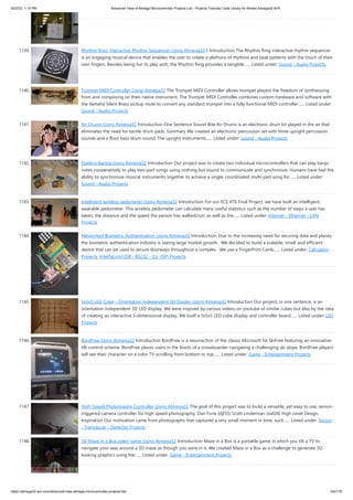 8/22/23, 1:14 PM Advanced View of Atmega Microcontroller Projects List - Projects Tutorials Code Library for Atmels Atmega32 AVR
https://atmega32-avr.com/advanced-view-atmega-microcontroller-projects-list/ 102/178
1139. Rhythm Ring: Interactive Rhythm Sequencer Using Atmega32 I. Introduction The Rhythm Ring interactive rhythm sequencer
is an engaging musical device that enables the user to create a plethora of rhythms and beat patterns with the touch of their
own fingers. Besides being fun to play with, the Rhythm Ring provides a tangible…... Listed under: Sound - Audio Projects
1140. Trumpet MIDI Controller Using Atmega32 The Trumpet MIDI Controller allows trumpet players the freedom of synthesizing
from and composing on their native instrument. The Trumpet MIDI Controller combines custom hardware and software with
the Yamaha Silent Brass pickup mute to convert any standard trumpet into a fully functional MIDI controller…... Listed under:
Sound - Audio Projects
1141. Air Drums Using Atmega32 Introduction One Sentence Sound Bite Air Drums is an electronic drum kit played in the air that
eliminates the need for tactile drum pads. Summary We created an electronic percussion set with three upright percussion
sounds and a floor bass drum sound. The upright instruments…... Listed under: Sound - Audio Projects
1142. Dueling Banjos Using Atmega32 Introduction Our project was to create two individual microcontrollers that can play banjo
notes cooperatively to play two-part songs using nothing but sound to communicate and synchronize. Humans have had the
ability to synchronize musical instruments together to achieve a single, coordinated multi-part song for…... Listed under:
Sound - Audio Projects
1143. Intelligent wireless pedometer Using Atmega32 Introduction For our ECE 476 Final Project, we have built an intelligent,
wearable pedometer. This wireless pedometer can calculate many useful statistics such as the number of steps a user has
taken, the distance and the speed the person has walked/run, as well as the…... Listed under: Internet - Ethernet - LAN
Projects
1144. Networked Biometric Authentication Using Atmega32 Introduction: Due to the increasing need for securing data and places,
the biometric authentication industry is seeing large market growth. We decided to build a scalable, small, and efficient
device that can be used to secure doorways throughout a complex. We use a FingerPrint Cards…... Listed under: Calculator
Projects, Interfacing(USB - RS232 - I2c -ISP) Projects
1145. 5x5x5 LED Cube – Orientation Independent 3D Display Using Atmega32 Introduction Our project, in one sentence, is an
orientation independent 3D LED display. We were inspired by various videos on youtube of similar cubes but also by the idea
of creating an interactive 3-dimensional display. We built a 5x5x5 LED cube display and controller board…... Listed under: LED
Projects
1146. BordFree Using Atmega32 Introduction BordFree is a resurrection of the classic Microsoft hit SkiFree featuring an innovative
tilt-control scheme. BordFree places users in the boots of a snowboarder navigating a challenging ski slope. BordFree players
will see their character on a color TV scrolling from bottom to top…... Listed under: Game - Entertainment Projects
1147. High Speed Photography Controller Using Atmega32 The goal of this project was to build a versatile, yet easy to use, sensor-
triggered camera controller for high speed photography. Dan Furie (djf35) Scott Linderman (swl28) High Level Design
Inspiration Our motivation came from photographs that captured a very small moment in time, such…... Listed under: Sensor
- Transducer - Detector Projects
1148. 3D Maze in a Box video game Using Atmega32 Introduction Maze in a Box is a portable game in which you tilt a TV to
navigate your way around a 3D maze as though you were in it. We created Maze in a Box as a challenge to generate 3D
looking graphics using the…... Listed under: Game - Entertainment Projects
 