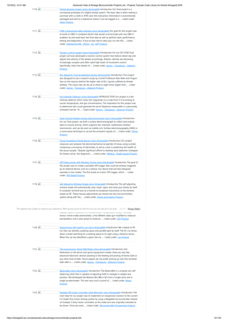 10/18/23, 10:41 AM Advanced View of Atmega Microcontroller Projects List - Projects Tutorials Code Library for Atmels Atmega32 AVR
https://atmega32-avr.com/advanced-view-atmega-microcontroller-projects-list/ 81/144
1110. Digital Receipts System Using Atmega644 Introduction Our final project is a
conceptual prototype of a digital receipt system. The basic idea is when making a
purchase with a credit or ATM card, the transaction information is automatically
packaged and sent to a webserver where it can be logged in a…... Listed under:
Other Projects
1111. ODB-II Automotive data interface using Atmega644 Our goal for this project was
to build an OBD-II compliant device that would communicate with any OBD-II
enabled car and read back real time data as well as perform basic performance
testing and diagnostics. If you've ever had to take your car into the…... Listed
under: Interfacing(USB - RS232 - I2c -ISP) Projects
1112. Traction control system Using Atmega644 Introduction For our ECE 4760 Final
project we have developed a traction control system that detects wheel slip and
adjusts the velocity of the wheels accordingly. Robotic vehicles are becoming
increasingly complex and often need high levels of movement control.
Specifically, when the wheels of…... Listed under: Sensor - Transducer - Detector
Projects
1113. ACL Research: Foot Acceleration Sensor Atmega324p Introduction This project
was designed to aid a research study by Cornell Professors Bob Nafis and Yingxin
Gao on the reasons behind the higher rate of ACL injuries suffered by female
athletes. This injury rate can be up to three to eight times higher than…... Listed
under: Sensor - Transducer - Detector Projects
1114. Fart Intensity Detector Using Atmega644 INTRODUCTION Our project is a fart
intensity detector which ranks fart magnitude on a scale from 0-9 according to
sound, temperature, and gas concentrations. The inspiration for this project was
to determine who could generate the worst flatulence measurable in a personally
unbiased manner. To…... Listed under: Sensor - Transducer - Detector Projects
1115. Dual-Channel Mobile Surface Electromyograph Using Atmega644 Introduction
For our final project, we built a surface electromyograph to collect and analyze
data on muscle activity, which supports two channels, implements wireless
transmission, and can be worn as mobile unit. Surface electromyography (EMG) is
a noninvasive technique to record the activation signals of…... Listed under: Phone
Projects
1116. Tissue Impedance Digital Biopsy Using Atmega644 Introduction Our project
measures and analyzes the electromechanical properties of tissue using a probe
containing a microarray of electrodes, to aid as a tool in predicting the health of
the tissue sample. “Despite significant efforts to develop early detection strategies
for breast cancer, the diagnostic…... Listed under: Medical - Health based Projects
1117. GPS Data Logger with Wireless Trigger Using Atmega644 Introduction The goal of
this project was to create a portable GPS logger that could be wireless triggered
by an external device, such as a camera. Our device that we have designed
operates in two modes. The first works as a basic GPS logger, which…... Listed
under: GPS Based Projects
1118. Self-Adjusting Window Shade Using Atmega644 Introduction The self adjusting
window shade will automatically raise, lower, open, and close your blinds by itself.
A computer terminal acts as a remote to broadcast instructions to the window
shade via RF. These manual adjustments are stored into the microcontrollers
system along with the…... Listed under: Home Automation Projects
1119. Weather Canvas Using Atmega644 Introduction The Weather Canvas is a robust
outdoor weather monitoring system coupled with an indoor LED display. The
outdoor system consists of a microcontroller, temperature sensor, humidity
sensor, home-made anemometer, a Hot Wheels radar gun modified to measure
precipitation, and a solar panel to measure…... Listed under: LED Projects
1120. Autonomous Self-parking car Using Atmega644 Introduction We created an RC
Car that can identify a parking space and parallel park by itself. The RC Car drives
down a street searching for a parking space to its right using a distance sensor.
When the car has identified a space, the car…... Listed under: Car Projects
1121. The Autonomous Tennis Ball Picker Using Atmega644 Introduction and
Motivation In the tennis and sports equipment market, there are very few
advanced electronic devices assisting in the feeding and picking of tennis balls or
any other kind of balls. Tennis players do not prefer picking up over five hundred
balls after a…... Listed under: Sensor - Transducer - Detector Projects
1122. BalanceBot Using Atmega644 Introduction The BalanceBot is a singular axis self
balancing robot that is capable of adjusting itself to changes in weight and
position. We developed the Balance Bot (BB or B2) from a single servo and a
single accelerometer. This was very much a proof of…... Listed under: Motor
Projects
1123. Multiple PID motor controller (with Wiimote!) using Atmega644 Introduction The
main idea for our project was to implement an inexpensive solution to the current
CU Snake Arm motor-driving system by using a Mega644 microcontroller instead
of multiple 3-Amp motor controllers as the snake arm was originally intended to
be driven. Since we used…... Listed under: Microcontroller Programmer Projects
This website uses cookies to improve your experience. We'll assume you're ok with this, but you can opt-out if you wish. Privacy Policy
ACCEPT
 