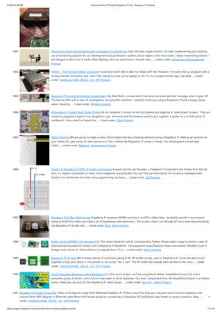 2/18/23, 9:56 AM Advanced View of Projects Raspberry Pi List - Raspberry PI Projects
https://projects-raspberry.com/advanced-view-of-projects-raspberry-pi-list/ 171/181
1881. Monitoring Room Temperatures with a Raspberry Pi and Nagios Over the past couple months I’ve been implementing and building
out a monitoring solution for our development and production systems. Since nagios is the most loved / hated monitoring solution I
felt obliged to learn how it works. After fighting with user permissions, firewall rules,…... Listed under: Temperature Measurement
Projects
1882. Mjolnir – The Portable Media Computer I travel a lot and I like to take my media with me. However, I'm rarely end up at places with a
strong internet connection and I don't like having to hook up my laptop to the TV. So a couple months ago I decided…... Listed
under: Interfacing(USB - RS232 - I2c -ISP) Projects
1883. Raspberry PI connected Wireless Smoke Alarm My Brief Build a smoke alarm that sends an email and text message when it goes off.
The Device After a fe w days of investigation into possible solutions, I opted to build one using a Raspberry PI and a cheap smoke
alarm, linked by…... Listed under: Wireless projects
1884. A Raspberry Pi-based State Poster Project At our daughter’s school, all the 2nd graders put together a “state board” project. They are
randomly assigned a state (in our daughter’s case, Vermont) and the students work to put together a poster on a tri-fold piece of
cardboard. From what I’ve heard, the…... Listed under: Other Projects
1885. Robot Antenna We are going to make a robot which beeps and has a flashing antenna using a Raspberry Pi. Making an antenna for
your robot Let's get hands-on with electronics! This is where the Raspberry Pi comes in handy. You will program a small light
called…... Listed under: Robotics - Automation Projects
1886. Scratch & Raspberry Pi GPIO: A Great Combination A guest post by Les Pounder, a Freelance IT Consultant and Trainer from the UK
who is a regular contributor to many Linux magazines and podcasts. You can find out more about him at about.me/lespounder.
Scratch, the well known first step into programming, has been…... Listed under: LED Projects
1887. Raspberry Pi Coffee Table Arcade Raspberry Pi powered MAME machine in an IKEA coffee table. I probably wouldn’t recommend
trying to build this unless you have a bit of experience with electronics. This is only a basic run through of how I went about building
my Raspberry Pi arcade and…... Listed under: Blog, Other Projects
1888. Motor Driver DRV8835 (for Raspberry Pi) This motor driver kit and its corresponding Python library make it easy to control a pair of
bidirectional, brushed DC motors with a Raspberry Pi Model B+. The expansion board features Texas Instruments’ DRV8835 dual H-
bridge motor driver IC, which allows it to operate from 1.5 V…... Listed under: Motor Projects
1889. Raspberry Pi IRI Host We've heard plenty of customers asking if the IRI toolkit can be used on Raspberry Pi, so we decided to put
together a blog post about it. The answer is, of course, "Yes it can!" The IRI toolkit has already been ported to the Linux…... Listed
under: Interfacing(USB - RS232 - I2c -ISP) Projects
1890. Touch free water dispenser with a Raspberry Pi In this quick project, we’ll be using Monk Makes’ RaspiRobot board (v2) and a
peristaltic pump, to build a sort of touch free water or drink dispenser. Our main component here, the RaspiRobot board, is a brilliant
motor shield you can buy for the Raspberry Pi, which plugs…... Listed under: Security - Safety Projects
1891. Raspberry Pi Twitter Candy Bot Video of all steps at a high level Materials Raspberry Pi (If this is your first time you may also need monitor, keyboard, and
mouse) Servo WiFi Adapter or Ethernet cable Wires with female plugs for connecting to Raspberry PiCandyPlastic pop-bottle or similar container. Step…... Listed
under: Interfacing(USB - RS232 - I2c -ISP) Projects
 