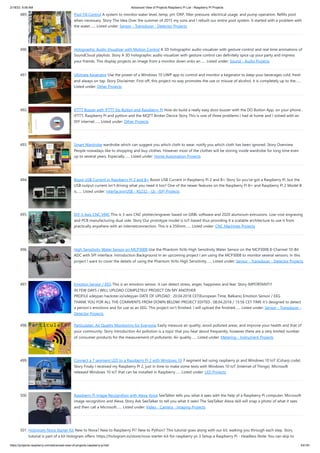 2/18/23, 9:56 AM Advanced View of Projects Raspberry Pi List - Raspberry PI Projects
https://projects-raspberry.com/advanced-view-of-projects-raspberry-pi-list/ 43/181
489. Pool Fill Control A system to monitor water level, temp, pH, ORP, filter pressure, electrical usage, and pump operation. Refills pool
when necessary. Story The Idea Over the summer of 2015 my sons and I rebuilt our entire pool system. It started with a problem with
the water…... Listed under: Sensor - Transducer - Detector Projects
490. Holographic Audio Visualizer with Motion Control A 3D holographic audio visualizer with gesture control and real time animations of
SoundCloud playlists. Story A 3D holographic audio visualizer with gesture control can definitely spice up your party and impress
your friends. This display projects an image from a monitor down onto an…... Listed under: Sound - Audio Projects
491. Ultimate Kegerator Use the power of a Windows 10 UWP app to control and monitor a kegerator to keep your beverages cold, fresh
and always on tap. Story Disclaimer: First off, this project no way promotes the use or misuse of alcohol, it is completely up to the…...
Listed under: Other Projects
492. IFTTT Buzzer with IFTTT Do Button and Raspberry Pi How do build a really easy door buzzer with the DO Button App, on your phone ,
IFTTT, Raspberry Pi and python and the MQTT Broker Device Story This is one of three problems I had at home and I solved with an
DIY internet…... Listed under: Other Projects
493. Smart Wardrobe wardrobe which can suggest you which cloth to wear, notify you which cloth has been ignored. Story Overview
People nowadays like to shopping and buy clothes. However most of the clothes will be storing inside wardrobe for long time even
up to several years. Especially…... Listed under: Home Automation Projects
494. Boost USB Current in Raspberry Pi 2 and B+ Boost USB Current in Raspberry Pi 2 and B+ Story So you've got a Raspberry Pi, but the
USB output current isn't driving what you need it too? One of the newer features on the Raspberry Pi B+ and Raspberry Pi 2 Model B
is…... Listed under: Interfacing(USB - RS232 - I2c -ISP) Projects
495. DIY 3-Axis CNC VMC This is 3-axis CNC plotter/engraver based on GRBL software and 2020 aluminum extrusions. Low-cost engraving
and PCB manufacturing dual side. Story Our prototype model is IoT-based thus providing it a scalable architecture to use it from
practically anywhere with an internetconnection. This is a 350mm…... Listed under: CNC Machines Projects
496. High Sensitivity Water Sensor on MCP3008 Use the Phantom YoYo High Sensitivity Water Sensor on the MCP3008 8-Channel 10-Bit
ADC with SPI interface. Introduction Background In an upcoming project I am using the MCP3008 to monitor several sensors. In this
project I want to cover the details of using the Phantom YoYo High Sensitivity…... Listed under: Sensor - Transducer - Detector Projects
497. Emotion Sensor / EEG This is an emotion sensor. It can detect stress, anger, happiness and fear. Story IMPORTANT!!!
IN FEW DAYS I WILL UPLOAD COMPLETELY PROJECT ON MY ANOTHER
PROFILE xdeyyan hackster.io/xdeyyan DATE OF UPLOAD : 20.04.2018 CET(European Time, Balkans) Emotion Sensor / EEG
THANK YOU FOR ALL THE COMMENTS FROM DOWN BELOW! PROJECT EDITED : 08.04.2018 / 15:56 CET TIME It's designed to detect
a person's emotions and for use as an EEG. This project isn't finished. I will upload the finished…... Listed under: Sensor - Transducer -
Detector Projects
498. Particulater: Air Quality Monitoring for Everyone Easily measure air quality, avoid polluted areas, and improve your health and that of
your community. Story Introduction Air pollution is a topic that you hear about frequently, however there are a very limited number
of consumer products for the measurement of pollutants. Air quality…... Listed under: Metering - Instrument Projects
499. Connect a 7 segment LED to a Raspberry Pi 2 with Windows 10 7 segment led using raspberry pi and Windows 10 IoT (Csharp code)
Story Finaly I received my Raspberry PI 2, just in time to make some tests with Windows 10 IoT (Internet of Things). Microsoft
released Windows 10 IoT that can be installed in Raspberry…... Listed under: LED Projects
500. Raspberry Pi Image Recognition with Alexa Voice SeeTalker tells you what it sees with the help of a Raspberry Pi computer, Microsoft
image recognition and Alexa. Story Ask SeeTalker to tell you what it sees! The SeeTalker Alexa skill will snap a photo of what it sees
and then call a Microsoft…... Listed under: Video - Camera - Imaging Projects
501. Hologram Nova Starter Kit New to Nova? New to Raspberry Pi? New to Python? This tutorial goes along with our kit, walking you through each step. Story This
tutorial is part of a kit Hologram offers: https://hologram.io/store/nova-starter-kit-for-raspberry-pi-3 Setup a Raspberry Pi - Headless Note: You can skip to
 