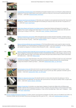 2/18/23, 9:56 AM Advanced View of Projects Raspberry Pi List - Raspberry PI Projects
https://projects-raspberry.com/advanced-view-of-projects-raspberry-pi-list/ 97/181
1088. Simple Raspberry Pi Shutdown Button Since the Raspberry Pi foundation decided to leave out an off button to safely shutdown the
Raspberry pi, I'll show you a simple method I came up with to build one, so there are no more excuses for yanking the power cable
out of your…... Listed under: Development Board - Kits Projects
1089. Intermission Sound Control with Raspberry Pi A few times a year I volunteer to an arts organization and serve as their “house sound
and light guy.” I usually run sound and do the lights for the traveling acts if they don’t have a tech with them. The auditorium is in
a…... Listed under: Sound - Audio Projects
1090. Analog Sensors Reading with Raspberry Pi and Zabbix Supervisor Analog Sensors Reading with Raspberry Pi as Interface The
Raspberry Pi has no built in analogue inputs which means it is a bit of a pain to use many of the available sensors. We need a A/D
interface easy to configure in the RPi and…... Listed under: Sensor - Transducer - Detector Projects
1091. Raspberry Pi Android App communication Hello everyone Because app's are being used almost everywhere, I decided to make my
own tutorial on how to make an app and connect to a MySQL database hosted on a raspberry pi. For exchanging the data between
the server and the client, I'm going…... Listed under: Raspberry Android
1092. Talking to the Formula AllCode robot using the Raspberry Pi The Formula AllCode robotics course is great for makers to test their
skills and capabilities or for introducing learners to programming and robotics in a fun and motivating way. The robot is compatible
with hardware from Raspberry Pi to Android to iPhone, Windows PC’s, MAC…... Listed under: Car Projects
1093. RasPI-Surv: a Raspberry-based scalable SMS remote controlled video surveillance system RasPI-Surv, based on: A system controller
based on Raspberry PI A practical (and modifications-friendly) command/telemetry interface via SMS messages, using the very well
known SIM-900 module from ITEAD. A set of wireless video cameras with good motion detection feature A internet router/modem
with wireless access…... Listed under: Wireless projects
1094. Arm/Disarm Using a Switch Project Description In this project I will show you how to arm/disarm an alarm zone using a tactile switch
connected to your Raspberry Pi. Software Edit the globals.py file by typing the following command at the command prompt:
Configure the arm/disarm variables as per figure…... Listed under: Interfacing(USB - RS232 - I2c -ISP) Projects
1095. Boot the Raspberry Pi from USB Hello world, time for me to gift some raspberry pi to the people. So here's my story, I recently
graduated high school and I've been working with the school's IT guy for my senior year. When I graduated, he decided to get me
the latest…... Listed under: Interfacing(USB - RS232 - I2c -ISP) Projects
1096. Raspberry Pi – Network Spy Energy Saver The subwoofer we had in our home cinema setup died a few weeks ago, so I did my
research and found a nice replacement. The only thing I didn't spot was the fact it never goes into standby if there's no signal (unlike
the old…... Listed under: Internet - Ethernet - LAN Projects
1097. Raspberry Pi Audio Player A minimalistic music player based on Raspberry Pi model B with HifiBerry DAC and ATXRaspi power
controller I made this with the help (also economical) of my father. Inspired by: http://www.hifiberry.com/forums/topic/small-media-...
and http://www.crazy-audio.com/2014/03/a-standalone-st... Here's my first instructable! Step 1: What I used 1. A Raspberry…... Listed
under: Sound - Audio Projects
1098. A 50 year-old Teletype Powered by a Raspberry Pi I’ve been a nerd for a very long time; As a teenager in the 1970’s I drove up to the Western Union office in my
hometown of Buffalo, New York and asked if they had any old teletypes they’d like to get rid of; The…... Listed under: Development Board - Kits Projects
 