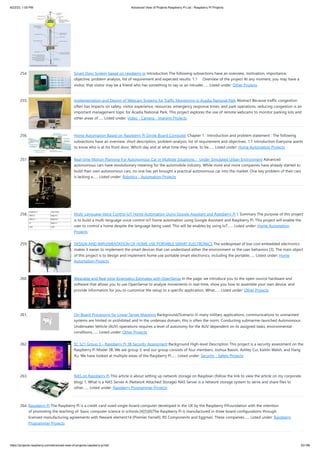 8/22/23, 1:00 PM Advanced View of Projects Raspberry Pi List - Raspberry PI Projects
https://projects-raspberry.com/advanced-view-of-projects-raspberry-pi-list/ 23/186
254. Smart Door System based on raspberry pi Introduction The following subsections have an overview, motivation, importance,
objective, problem analysis, list of requirement and expected results. 1.1 Overview of the project At any moment, you may have a
visitor, that visitor may be a friend who has something to say or an intruder…... Listed under: Other Projects
255. Implementation and Design of Webcam Systems for Traffic Monitoring in Acadia National Park Abstract Because traffic congestion
often has impacts on safety, visitor experience, resources, emergency response times, and park operations, reducing congestion is an
important management topic for Acadia National Park. This project explores the use of remote webcams to monitor parking lots and
other areas of…... Listed under: Video - Camera - Imaging Projects
256. Home Automation Based on Raspberry Pi Single Board Computer Chapter 1 : Introduction and problem statement : The following
subsections have an overview, short description, problem analysis, list of requirement and objectives. 1.1 Introduction Everyone wants
to know who is at his front door, Which day and at what time they came, to be…... Listed under: Home Automation Projects
257. Real-time Motion Planning For Autonomous Car in Multiple Situations， Under Simulated Urban Environment Advanced
autonomous cars have revolutionary meaning for the automobile industry. While more and more companies have already started to
build their own autonomous cars, no one has yet brought a practical autonomous car into the market. One key problem of their cars
is lacking a…... Listed under: Robotics - Automation Projects
258. Multi-Language Voice Control IoT Home Automation Using Google Assistant and Raspberry Pi I. Summary The purpose of this project
is to build a multi-language voice control IoT home automation using Google Assistant and Raspberry Pi. This project will enable the
user to control a home despite the language being used. This will be enables by using IoT…... Listed under: Home Automation
Projects
259. DESIGN AND IMPLEMENTATION OF HOME USE PORTABLE SMART ELECTRONICS The widespread of low cost embedded electronics
makes it easier to implement the smart devices that can understand either the environment or the user behaviors [3]. The main object
of this project is to design and implement home use portable smart electronics, including the portable…... Listed under: Home
Automation Projects
260. Wearable and Real-time Kinematics Estimates with OpenSense In the page, we introduce you to the open-source hardware and
software that allows you to use OpenSense to analyze movements in real-time, show you how to assemble your own device, and
provide information for you to customize the setup to a specific application. What…... Listed under: Other Projects
261. On-Board Processing for Linear Target Mapping Background/Scenario In many military applications, communications to unmanned
systems are limited or prohibited and In the undersea domain, this is often the norm. Conducting submarine-launched Autonomous
Underwater Vehicle (AUV) operations requires a level of autonomy for the AUV dependent on its assigned tasks, environmental
conditions,…... Listed under: Other Projects
262. EC 521 Group 3 – Raspberry Pi 3B Security Assessment Background High-level Description This project is a security assessment on the
Raspberry Pi Model 3B. We are group 3, and our group consists of four members: Joshua Bassin, Ashley Cui, Kaitlin Walsh, and Hang
Xu. We have looked at multiple areas of the Raspberry Pi…... Listed under: Security - Safety Projects
263. NAS on Raspberry Pi This article is about setting up network storage on Raspbian (follow the link to view the article on my corporate
blog) 1. What is a NAS Server A (Network Attached Storage) NAS Server is a network storage system to serve and share files to
other…... Listed under: Raspberry Programmer Projects
264. Raspberry Pi The Raspberry Pi is a credit-card-sized single-board computer developed in the UK by the Raspberry PiFoundation with the intention
of promoting the teaching of basic computer science in schools.[4][5][6]The Raspberry Pi is manufactured in three board configurations through
licensed manufacturing agreements with Newark element14 (Premier Farnell), RS Components and Eggman. These companies…... Listed under: Raspberry
Programmer Projects
 