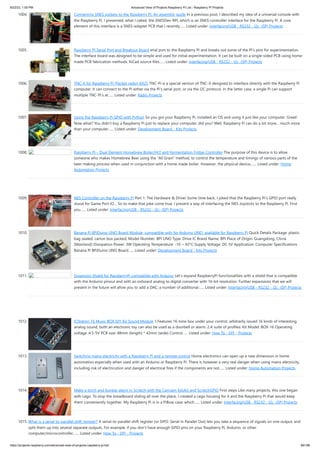 8/22/23, 1:00 PM Advanced View of Projects Raspberry Pi List - Raspberry PI Projects
https://projects-raspberry.com/advanced-view-of-projects-raspberry-pi-list/ 89/186
1004. Connecting SNES sockets to the Raspberry Pi: An assembly guide In a previous post, I described my idea of a universal console with
the Raspberry Pi. I presented, what I called, the SNESDev-RPi, which is an SNES-controller interface for the Raspberry Pi. A core
element of this interface is a SNES-adapter PCB that I recently…... Listed under: Interfacing(USB - RS232 - I2c -ISP) Projects
1005. Raspberry PI Serial Port and Breakout Board erial port to the Raspberry PI and breaks out some of the PI's pins for experimentation.
The interface board was designed to be simple and used for initial experimentation. It can be built on a single-sided PCB using home-
made PCB fabrication methods. KiCad source files…... Listed under: Interfacing(USB - RS232 - I2c -ISP) Projects
1006. TNC-X for Raspberry Pi (Packet radio) AX25 TNC-Pi is a special version of TNC-X designed to interface directly with the Raspberry Pi
computer. It can connect to the Pi either via the Pi's serial port, or via the I2C protocol. In the latter case, a single Pi can support
multiple TNC-Pi's at…... Listed under: Radio Projects
1007. Using the Raspberry Pi GPIO with Python So you got your Raspberry Pi, installed an OS and using it just like your computer. Great!
Now what? You didn’t buy a Raspberry Pi just to replace your computer, did you? Well, Raspberry Pi can do a lot more… much more
than your computer…... Listed under: Development Board - Kits Projects
1008. Raspberry Pi – Dual Element Homebrew Boiler/HLT and Fermentation Fridge Controller The purpose of this device is to allow
someone who makes Homebrew Beer using the “All Grain” method, to control the temperature and timings of various parts of the
beer making process when used in conjunction with a home made boiler. However, the physical device,…... Listed under: Home
Automation Projects
1009. NES Controller on the Raspberry Pi Part 1: The Hardware & Driver Some time back, I joked that the Raspberry Pi’s GPIO port really
stood for Game Port IO… So to make that joke come true, I present a way of interfacing the NES Joysticks to the Raspberry Pi. First
you…... Listed under: Interfacing(USB - RS232 - I2c -ISP) Projects
1010. Banana Pi BPiDuino UNO Board Module, compatible with for Arduino UNO, available for Raspberry Pi Quick Details Package: plastic
bag sealed; carton box packed; Model Number: BPI UNO Type: Drive IC Brand Name: BPI Place of Origin: Guangdong, China
(Mainland) Dissipation Power: 3W Operating Temperature: -10 ~ 65℃ Supply Voltage: DC 5V Application: Computer Specifications
Banana Pi BPiDuino UNO Board…... Listed under: Development Board - Kits Projects
1011. Expansion Shield for RaspberryPi compatible with Arduino Let’s expand RaspberryPi functionalities with a shield that is compatible
with the Arduino pinout and with an onboard analog to digital converter with 16-bit resolution. Further expansions that we will
present in the future will allow you to add a DAC, a number of additional…... Listed under: Interfacing(USB - RS232 - I2c -ISP) Projects
1012. ICStation 16 Music BOX DIY Kit Sound Module 1.Features 16-tone box under your control, arbitrarily issued 16 kinds of interesting
analog sound, both an electronic toy can also be used as a doorbell or alarm. 2.A suite of profiles: Kit Model: BOX-16 Operating
voltage :4.5-5V PCB size: 48mm (length) * 42mm (wide) Control…... Listed under: How To - DIY - Projects
1013. Switching mains electricity with a Raspberry Pi and a remote control Home electronics can open up a new dimension in home
automation especially when used with an Arduino or Raspberry Pi. There is however a very real danger when using mains electricity,
including risk of electricution and danger of electrical fires if the components are not…... Listed under: Home Automation Projects
1014. Make a torch and burglar alarm in Scratch with the CamJam EduKit and ScratchGPIO First steps Like many projects, this one began
with Lego. To stop the breadboard sliding all over the place, I created a Lego housing for it and the Raspberry Pi that would keep
them conveniently together. My Raspberry Pi is in a PiBow case, which…... Listed under: Interfacing(USB - RS232 - I2c -ISP) Projects
1015. What is a serial-to-parallel shift register? A serial-to-parallel shift register (or SIPO: Serial In Parallel Out) lets you take a sequence of signals on one output, and
split them up into several separate outputs. For example, if you don’t have enough GPIO pins on your Raspberry Pi, Arduino, or other
computer/microcontroller,…... Listed under: How To - DIY - Projects
 