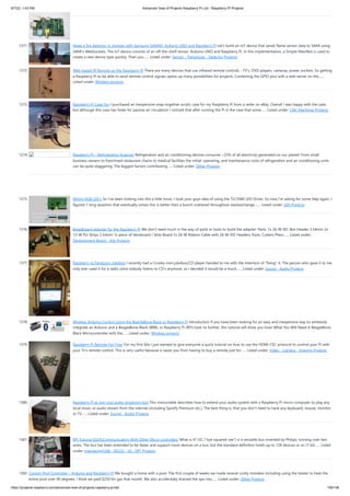 9/7/22, 1:43 PM Advanced View of Projects Raspberry Pi List - Raspberry PI Projects
https://projects-raspberry.com/advanced-view-of-projects-raspberry-pi-list/ 109/156
1371. Make a fire detector in minutes with Samsung SAMIIO, Arduino UNO and Raspberry Pi Let's build an IoT device that sends flame sensor data to SAMI using
SAMI's WebSockets. The IoT device consists of an off-the-shelf sensor, Arduino UNO and Raspberry Pi. In this implementation, a Simple Manifest is used to
create a new device type quickly. Then you…... Listed under: Sensor - Transducer - Detector Projects
1372. Web-based IR Remote on the Raspberry Pi There are many devices that use infrared remote controls - TV's, DVD players, cameras, power sockets. So getting
a Raspberry Pi to be able to send remote control signals opens up many possibilities for projects. Combining the GPIO pins with a web server on the…...
Listed under: Wireless projects
1373. Raspberry Pi Case Fan I purchased an inexpensive snap-together acrylic case for my Raspberry Pi from a seller on eBay. Overall I was happy with the case,
but although this case has holes for passive air circulation I noticed that after running the Pi in the case that some…... Listed under: CNC Machines Projects
1374. Raspberry Pi – Refrigeration Analyzer Refrigeration and air conditioning devices consume ~25% of all electricity generated on our planet! From small
business owners to franchised restaurant chains to medical facilities the initial, operating, and maintenance costs of refrigeration and air conditioning units
can be quite staggering. The biggest factors contributing…... Listed under: Other Projects
1375. Wiring RGB LED’s So I've been looking into this a little more. I took your guys idea of using the TLC5940 LED Driver. So now I'm asking for some help again. I
figured 1 long question that eventually solves this is better then a bunch scattered throughout stackexchange.…... Listed under: LED Projects
1376. Breadboard Adapter for the Raspberry Pi We don't need much in the way of parts or tools to build the adapter: Parts: 1x 26-W IDC Box Header 2.54mm 2x
13-W Pin Strips 2.54mm 1x piece of Veroboard / Strip Board 1x 26-W Ribbon Cable with 26-W IDC Headers Tools: Cutters Pliers…... Listed under:
Development Board - Kits Projects
1377. Raspberry pi Pandora’s Jukebox I recently had a Crosley mini jukebox/CD player handed to me with the intention of "fixing" it. The person who gave it to me
only ever used it for a radio since nobody listens to CD's anymore, so I decided it would be a much…... Listed under: Sound - Audio Projects
1378. Wireless Arduino Control Using the BeagleBone Black or Raspberry Pi Introduction If you have been looking for an easy and inexpensive way to wirelessly
integrate an Arduino and a BeagleBone Black (BBB), or Raspberry Pi (RPi) look no further, this tutorial will show you how! What You Will Need A BeagleBone
Black Microcontroller with the…... Listed under: Wireless projects
1379. Raspberry Pi Remote For Free! For my first ible I just wanted to give everyone a quick tutorial on how to use the HDMI-CEC protocol to control your Pi with
your Tv's remote control. This is very useful because is saves you from having to buy a remote just for…... Listed under: Video - Camera - Imaging Projects
1380. Raspberry Pi as low-cost audio streaming box This instructable describes how to extend your audio system with a Raspberry Pi micro-computer to play any
local music or audio stream from the internet (including Spotify Premium etc.). The best thing is, that you don't need to have any keyboard, mouse, monitor
or TV…... Listed under: Sound - Audio Projects
1381. RPi Tutorial EGHS:Communicating With Other Micro-controllers What is it? I2C ("eye squared cee") is a versatile bus invented by Philips, running over two
wires. The bus has been extended to be faster and support more devices on a bus, but the standard definition holds up to 128 devices or so (7-bit…... Listed
under: Interfacing(USB - RS232 - I2c -ISP) Projects
1382. Custom Pool Controller – Arduino and Raspberry Pi We bought a home with a pool. The first couple of weeks we made several costly mistakes including using the heater to heat the
entire pool over 90 degrees. I think we paid $250 for gas that month. We also accidentally drained the spa into…... Listed under: Other Projects
 