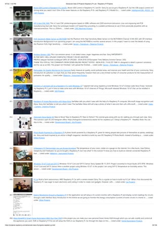 9/7/22, 1:43 PM Advanced View of Projects Raspberry Pi List - Raspberry PI Projects
https://projects-raspberry.com/advanced-view-of-projects-raspberry-pi-list/ 34/156
445. Boost USB Current in Raspberry Pi 2 and B+ Boost USB Current in Raspberry Pi 2 and B+ Story So you've got a Raspberry Pi, but the USB output current isn't
driving what you need it too? One of the newer features on the Raspberry Pi B+ and Raspberry Pi 2 Model B is…... Listed under: Interfacing(USB - RS232 - I2c
-ISP) Projects
446. DIY 3-Axis CNC VMC This is 3-axis CNC plotter/engraver based on GRBL software and 2020 aluminum extrusions. Low-cost engraving and PCB
manufacturing dual side. Story Our prototype model is IoT-based thus providing it a scalable architecture to use it from practically anywhere with an
internetconnection. This is a 350mm…... Listed under: CNC Machines Projects
447. High Sensitivity Water Sensor on MCP3008 Use the Phantom YoYo High Sensitivity Water Sensor on the MCP3008 8-Channel 10-Bit ADC with SPI interface.
Introduction Background In an upcoming project I am using the MCP3008 to monitor several sensors. In this project I want to cover the details of using
the Phantom YoYo High Sensitivity…... Listed under: Sensor - Transducer - Detector Projects
448. Emotion Sensor / EEG This is an emotion sensor. It can detect stress, anger, happiness and fear. Story IMPORTANT!!!
IN FEW DAYS I WILL UPLOAD COMPLETELY PROJECT ON MY ANOTHER
PROFILE xdeyyan hackster.io/xdeyyan DATE OF UPLOAD : 20.04.2018 CET(European Time, Balkans) Emotion Sensor / EEG
THANK YOU FOR ALL THE COMMENTS FROM DOWN BELOW! PROJECT EDITED : 08.04.2018 / 15:56 CET TIME It's designed to detect a person's emotions
and for use as an EEG. This project isn't finished. I will upload the finished…... Listed under: Sensor - Transducer - Detector Projects
449. Particulater: Air Quality Monitoring for Everyone Easily measure air quality, avoid polluted areas, and improve your health and that of your community. Story
Introduction Air pollution is a topic that you hear about frequently, however there are a very limited number of consumer products for the measurement of
pollutants. Air quality…... Listed under: Metering - Instrument Projects
450. Connect a 7 segment LED to a Raspberry Pi 2 with Windows 10 7 segment led using raspberry pi and Windows 10 IoT (Csharp code) Story Finaly I received
my Raspberry PI 2, just in time to make some tests with Windows 10 IoT (Internet of Things). Microsoft released Windows 10 IoT that can be installed in
Raspberry…... Listed under: LED Projects
451. Raspberry Pi Image Recognition with Alexa Voice SeeTalker tells you what it sees with the help of a Raspberry Pi computer, Microsoft image recognition and
Alexa. Story Ask SeeTalker to tell you what it sees! The SeeTalker Alexa skill will snap a photo of what it sees and then call a Microsoft…... Listed under: Video
- Camera - Imaging Projects
452. Hologram Nova Starter Kit New to Nova? New to Raspberry Pi? New to Python? This tutorial goes along with our kit, walking you through each step. Story
This tutorial is part of a kit Hologram offers: https://hologram.io/store/nova-starter-kit-for-raspberry-pi-3 Setup a Raspberry Pi - Headless Note: You can
skip to the…... Listed under: Development Board - Kits Projects
453. Photo Booth Powered by a Raspberry PI A photo booth powered by a Raspberry PI, great for letting people take pictures of themselves at parties, weddings,
etc. Story and build Inspired by an article in MagPi magazine I decided to build my own DIY Raspberry Pi Photo Booth. Instead of building a…... Listed under:
Other Projects
454. A Raspberry Pi Thermometer you can Access Anywhere The temperature of your room, visible on a gauge on the internet. For a few bucks. Uses Python,
Dataplicity and Freeboard. So you’ve bought a Raspberry Pi, but now what? In this tutorial I’ll show you how to build an internet connected Raspberry Pi
that…... Listed under: Metering - Instrument Projects
455. Windows 10 IoT Core and SHT15 Windows 10 IoT Core and SHT15 Sensor Story Update 08-15-2015: Project converted to Visual Studio 2015 RTM  Windows
10 IoT Core and SHT15 Sensor Here is another project using Window 10 IoT. In this project I am using SHT15 Temperature an Humidity sensor. This
sensor…... Listed under: Development Board - Kits Projects
456. Pi Car Build a Semi-autonomous, 4WD Raspberry Pi Car with a camera stream! Story This is a guide on how to build my Pi Car!  When I first discovered the
Raspberry Pi I was eager to learn electronics and coding in order to create cool gadgets. However, with…... Listed under: Car Projects
457. Energy Monitoring through a Raspberry Pi In this application we will setup a CE current monitor with a Raspberry Pi and display current readings for circuits
through a web interface Story Introduction In this Article we are going to monitor the energy consumption (current) of some circuits in a home or…... Listed
under: Other Projects
458. Alexa NodeMCU Smart Home Automation With Your Own HUB In this project you can make your own personal Smart Home HUB through which you can add, modify and control all
the appliances you want. HUB on Raspberry Pi First we will setup the HUB on our Raspberry Pi. Go through the steps on this…... Listed under: Home Automation Projects
 