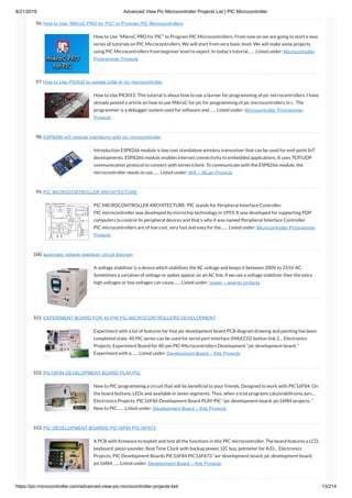 8/21/2019 Advanced View Pic Microcontroller Projects List | PIC Microcontroller
https://pic-microcontroller.com/advanced-view-pic-microcontroller-projects-list/ 13/214
96. How to Use “MikroC PRO for PIC” to Program PIC Microcontrollers
How to Use “MikroC PRO for PIC” to Program PIC Microcontrollers: From now on we are going to start a new
series of tutorials on PIC Microcontrollers. We will start from very basic level. We will make some projects
using PIC Microcontrollers from beginner level to expert. In today’s tutorial…… Listed under: Microcontroller
Programmer Projects
97. How to Use PICKit3 to upload code to pic microcontroller
How to Use PICKit3: This tutorial is about how to use a burner for programming of pic microcontrollers. I have
already posted a article on how to use MikroC for pic for programming of pic microcontrollers in c.  The
programmer is a debugger system used for software and…… Listed under: Microcontroller Programmer
Projects
98. ESP8266 wifi module interfacing with pic microcontroller
Introduction ESP8266 module is low cost standalone wireless transceiver that can be used for end-point IoT
developments. ESP8266 module enables internet connectivity to embedded applications. It uses TCP/UDP
communication protocol to connect with server/client. To communicate with the ESP8266 module, the
microcontroller needs to use…… Listed under: Wifi – WLan Projects
99. PIC MICROCONTROLLER ARCHITECTURE
PIC MICROCONTROLLER ARCHITECTURE: PIC stands for Peripheral Interface Controller.
PIC microcontroller was developed by microchip technology in 1993. It was developed for supporting PDP
computers to control its peripheral devices and that’s why it was named Peripheral Interface Controller.
PIC microcontrollers are of low cost, very fast and easy for the…… Listed under: Microcontroller Programmer
Projects
100. automatic voltage stabilizer circuit diagram
A voltage stabilizer is a device which stabilizes the AC voltage and keeps it between 200V to 255V AC.
Sometimes a variation of voltage or spikes appear on an AC line, if we use a voltage stabilizer then the extra
high voltages or low voltages can cause…… Listed under: power – energy projects
101. EXPERIMENT BOARD FOR 40-PIN PIC-MICROCONTROLLERS DEVELOPMENT
Experiment with a lot of features for free pic development board PCB diagram drawing and painting has been
completed state. 40 PIC series can be used for serial port interface (MAX232) button link 2… Electronics
Projects, Experiment Board for 40-pin PIC-Microcontrollers Development “pic development board, ”
Experiment with a…… Listed under: Development Board – Kits Projects
102. PIC16F84 DEVELOPMENT BOARD PLAY-PIC
New to PIC programming a circuit that will be bene cial to your friends. Designed to work with PIC16F84. On
the board buttons, LEDs and available in seven segments. Thus, when a trial programs çalıştırabilirsiniz.ayrı…
Electronics Projects, PIC16F84 Development Board PLAY-PIC “pic development board, pic16f84 projects, ”
New to PIC…… Listed under: Development Board – Kits Projects
103. PIC DEVELOPMENT BOARDS PIC16F84 PIC16F873
A PCB with rmware to exploit and test all the functions in this PIC microcontroller. The board features a LCD,
keyboard, piezo sounder, Real Time Clock with backup power, I2C bus, potmeter for A/D… Electronics
Projects, PIC Development Boards PIC16F84 PIC16F873 “avr development board, pic development board,
pic16f84…… Listed under: Development Board – Kits Projects
 