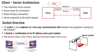 Client – Server Architecture
 Two machines must connect
 Server waits for connection
 Client initiates connection
 Server responds to the client request
Server Client
socket socket
Request
Response
Waits
Socket Overview
 “A socket is one endpoint of a two-way communication link between two programs running on
the network.”
 A Socket is combination of an IP address and a port number.
 The Socket class is for clients, and ServerSocket class is for server.
 