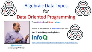 Algebraic Data Types
for
Data Oriented Programming
From Haskell and Scala to Java
Data Oriented Programming in Java
https://www.infoq.com/articles/data-oriented-programming-java/
Inspired by and based on by Brian Goetz’s blog post
@BrianGoetz
Java Language Architect
 