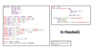 data Expr = Add Expr Expr |
Mul Expr Expr |
Pow Expr Int |
Neg Expr |
Const Double |
Var String
eval :: Expr -> (String -> Double) -> Double
eval (Add l r) vars = eval l vars + eval r vars
eval (Mul l r) vars = eval l vars * eval r vars
eval (Pow e n) vars = eval e vars ^ n
eval (Neg e) vars = - eval e vars
eval (Const i) _ = i
eval (Var v) vars = vars v
format :: Expr -> String
format (Add l r) = "(" ++ format l ++ " + " ++ format r ++ ")"
format (Mul l r) = "(" ++ format l ++ " * " ++ format r ++ ")"
format (Pow e n) = format e ++ " ^ " ++ show n
format (Neg e) = "-" ++ format e
format (Const i) = show i
format (Var v) = v
bindings = [("x", 4.0), ("y", 2.0)]
vars :: String -> Double
vars v = maybe undefined id (lookup v bindings)
main :: IO ()
main = let expression = (Add
(Mul
(Pow (Const 3.0) 2)
(Var "x")
)
(Neg (Const 5.0))
)
in do putStrLn ("expr=" ++ format expression)
putStr "vars="
print bindings
putStrLn ("value=" ++ show (eval expression vars))
expr=((3.0 ^ 2 * x) + -5.0)
vars=[("x",4.0),("y",2.0)]
value=31.0
 