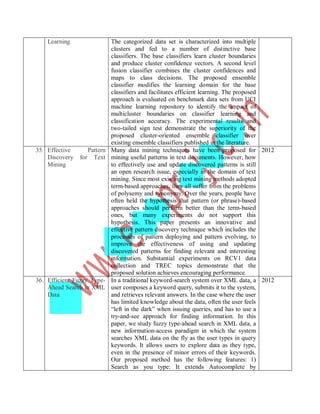 Learning                 The categorized data set is characterized into multiple
                             clusters and fed to a number of distinctive base
                             classifiers. The base classifiers learn cluster boundaries
                             and produce cluster confidence vectors. A second level
                             fusion classifier combines the cluster confidences and
                             maps to class decisions. The proposed ensemble
                             classifier modifies the learning domain for the base
                             classifiers and facilitates efficient learning. The proposed
                             approach is evaluated on benchmark data sets from UCI
                             machine learning repository to identify the impact of
                             multicluster boundaries on classifier learning and
                             classification accuracy. The experimental results and
                             two-tailed sign test demonstrate the superiority of the
                             proposed cluster-oriented ensemble classifier over
                             existing ensemble classifiers published in the literature.
35. Effective      Pattern   Many data mining techniques have been proposed for 2012
    Discovery   for Text     mining useful patterns in text documents. However, how
    Mining                   to effectively use and update discovered patterns is still
                             an open research issue, especially in the domain of text
                             mining. Since most existing text mining methods adopted
                             term-based approaches, they all suffer from the problems
                             of polysemy and synonymy. Over the years, people have
                             often held the hypothesis that pattern (or phrase)-based
                             approaches should perform better than the term-based
                             ones, but many experiments do not support this
                             hypothesis. This paper presents an innovative and
                             effective pattern discovery technique which includes the
                             processes of pattern deploying and pattern evolving, to
                             improve the effectiveness of using and updating
                             discovered patterns for finding relevant and interesting
                             information. Substantial experiments on RCV1 data
                             collection and TREC topics demonstrate that the
                             proposed solution achieves encouraging performance.
36. Efficient Fuzzy Type-    In a traditional keyword-search system over XML data, a 2012
    Ahead Search in XML      user composes a keyword query, submits it to the system,
    Data                     and retrieves relevant answers. In the case where the user
                             has limited knowledge about the data, often the user feels
                             “left in the dark” when issuing queries, and has to use a
                             try-and-see approach for finding information. In this
                             paper, we study fuzzy type-ahead search in XML data, a
                             new information-access paradigm in which the system
                             searches XML data on the fly as the user types in query
                             keywords. It allows users to explore data as they type,
                             even in the presence of minor errors of their keywords.
                             Our proposed method has the following features: 1)
                             Search as you type: It extends Autocomplete by
 