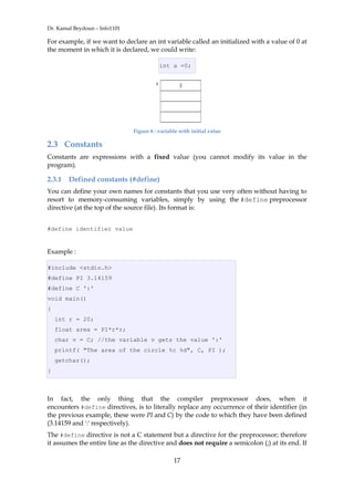 Dr. Kamal Beydoun – Info1101
17
For example, if we want to declare an int variable called an initialized with a value of 0 at
the moment in which it is declared, we could write:
int a =0;
Figure 6 : variable with initial value
2.3 Constants
Constants are expressions with a fixed value (you cannot modify its value in the
program).
2.3.1 Defined constants (#define)
You can define your own names for constants that you use very often without having to
resort to memory-consuming variables, simply by using the #define preprocessor
directive (at the top of the source file). Its format is:
#define identifier value
Example :
#include <stdio.h>
#define PI 3.14159
#define C ':'
void main()
{
int r = 20;
float area = PI*r*r;
char v = C; //the variable v gets the value ':'
printf( "The area of the circle %c %d", C, PI );
getchar();
}
In fact, the only thing that the compiler preprocessor does, when it
encounters #define directives, is to literally replace any occurrence of their identifier (in
the previous example, these were PI and C) by the code to which they have been defined
(3.14159 and ':' respectively).
The #define directive is not a C statement but a directive for the preprocessor; therefore
it assumes the entire line as the directive and does not require a semicolon (;) at its end. If
 