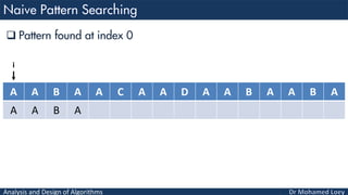 Analysis and Design of Algorithms
 Pattern found at index 0
A A B A A C A A D A A B A A B A
A A B A
i
 