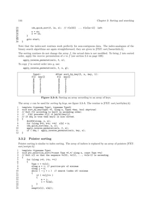 144
23
24
25
26
27
28
29
30

Chapter 3: Sorting and searching
idx_quick_sort(f, ln, x);

// f[x[0]]

... f[x[ln-1]]

left

n = rn;
x += ln;
}
goto start;
}

Note that the index-sort routines work perfectly for non-contiguous data. The index-analogues of the
binary search algorithms are again straightforward, they are given in [FXT: sort/bsearchidx.h].
The sorting routines do not change the array f , the actual data is not modiﬁed. To bring f into sorted
order, apply the inverse permutation of x to f (see section 2.4 on page 109):
apply_inverse_permutation(x, f, n);

To copy f in sorted order into g, use:
apply_inverse_permutation(x, f, n, g);

Input:
f[] key[]
A
0
B
1
C
1
D
3
E
1
F
3
E
3
G
7

After sort_by_key(f, n, key, 1):
f[] key[]
A
0
E
1
C
1
B
1
D
3
F
3
E
3
G
7

Figure 3.3-A: Sorting an array according to an array of keys.
The array x can be used for sorting by keys, see ﬁgure 3.3-A. The routine is [FXT: sort/sortbykey.h]:
1
2
3
4
5
6
7
8
9
10
11
12

template <typename Type1, typename Type2>
void sort_by_key(Type1 *f, ulong n, Type2 *key, bool skq=true)
// Sort f[] according to key[] in ascending order:
//
f[k] precedes f[j] if key[k]<key[j].
// If skq is true then key[] is also sorted.
{
ALLOCA(ulong, x, n);
for (ulong k=0; k<n; ++k) x[k] = k;
idx_quick_sort(key, n, x);
apply_inverse_permutation(x, f, n);
if ( skq ) apply_inverse_permutation(x, key, n);
}

3.3.2

Pointer sorting

Pointer sorting is similar to index sorting. The array of indices is replaced by an array of pointers [FXT:
sort/sortptr.h]:
1
2
3
4
5
6
7
8
9
10
11
12
13
14
15
16
17
18

template <typename Type>
void ptr_selection_sort(/*const Type *f,*/ ulong n, const Type **x)
// Sort x[] so that the sequence *x[0], *x[1], ..., *x[n-1] is ascending.
{
for (ulong i=0; i<n; ++i)
{
Type v = *x[i];
ulong m = i; // position-ptr of minimum
ulong j = n;
while ( --j > i ) // search (index of) minimum
{
if ( *x[j]<v )
{
m = j;
v = *x[m];
}
}
swap2(x[i], x[m]);

 