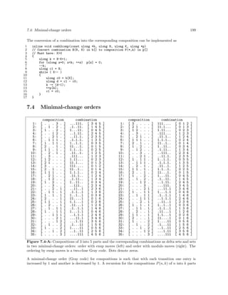 7.4: Minimal-change orders

199

The conversion of a combination into the corresponding composition can be implemented as
1
2
3
4
5
6
7
8
9
10
11
12
13
14
15
16
17

inline void comb2comp(const ulong *b, ulong N, ulong K, ulong *p)
// Convert combination B(N, K) in b[] to composition P(*,k) in p[]
// Must have: K>0
{
ulong k = N-K+1;
for (ulong z=0; z<k; ++z) p[z] = 0;
--k;
ulong c1 = N;
while ( K-- )
{
ulong c0 = b[K];
ulong d = c1 - c0;
k -= (d-1);
++p[k];
c1 = c0;
}
}

7.4
1:
2:
3:
4:
5:
6:
7:
8:
9:
10:
11:
12:
13:
14:
15:
16:
17:
18:
19:
20:
21:
22:
23:
24:
25:
26:
27:
28:
29:
30:
31:
32:
33:
34:
35:

Minimal-change orders
composition
[ . . . 3 . ]
[ . 1 . 2 . ]
[ 1 . . 2 . ]
[ . . 1 2 . ]
[ . . 2 1 . ]
[ . 1 1 1 . ]
[ 1 . 1 1 . ]
[ 2 . . 1 . ]
[ 1 1 . 1 . ]
[ . 2 . 1 . ]
[ . 3 . . . ]
[ 1 2 . . . ]
[ 2 1 . . . ]
[ 3 . . . . ]
[ 2 . 1 . . ]
[ 1 1 1 . . ]
[ . 2 1 . . ]
[ . 1 2 . . ]
[ 1 . 2 . . ]
[ . . 3 . . ]
[ . . 2 . 1 ]
[ . 1 1 . 1 ]
[ 1 . 1 . 1 ]
[ 2 . . . 1 ]
[ 1 1 . . 1 ]
[ . 2 . . 1 ]
[ . 1 . 1 1 ]
[ 1 . . 1 1 ]
[ . . 1 1 1 ]
[ . . . 2 1 ]
[ . . . 1 2 ]
[ . 1 . . 2 ]
[ 1 . . . 2 ]
[ . . 1 . 2 ]
[ . . . . 3 ]

combination
...111. [ 3 4
.1..11. [ 1 4
1...11. [ 0 4
..1.11. [ 2 4
..11.1. [ 2 3
.1.1.1. [ 1 3
1..1.1. [ 0 3
11...1. [ 0 1
1.1..1. [ 0 2
.11..1. [ 1 2
.111... [ 1 2
1.11... [ 0 2
11.1... [ 0 1
111.... [ 0 1
11..1.. [ 0 1
1.1.1.. [ 0 2
.11.1.. [ 1 2
.1.11.. [ 1 3
1..11.. [ 0 3
..111.. [ 2 3
..11..1 [ 2 3
.1.1..1 [ 1 3
1..1..1 [ 0 3
11....1 [ 0 1
1.1...1 [ 0 2
.11...1 [ 1 2
.1..1.1 [ 1 4
1...1.1 [ 0 4
..1.1.1 [ 2 4
...11.1 [ 3 4
...1.11 [ 3 5
.1...11 [ 1 5
1....11 [ 0 5
..1..11 [ 2 5
....111 [ 4 5

5
5
5
5
5
5
5
5
5
5
3
3
3
2
4
4
4
4
4
4
6
6
6
6
6
6
6
6
6
6
6
6
6
6
6

]
]
]
]
]
]
]
]
]
]
]
]
]
]
]
]
]
]
]
]
]
]
]
]
]
]
]
]
]
]
]
]
]
]
]

1:
2:
3:
4:
5:
6:
7:
8:
9:
10:
11:
12:
13:
14:
15:
16:
17:
18:
19:
20:
21:
22:
23:
24:
25:
26:
27:
28:
29:
30:
31:
32:
33:
34:
35:

composition
[ 3 . . . .
[ 2 1 . . .
[ 1 2 . . .
[ . 3 . . .
[ . 2 1 . .
[ 1 1 1 . .
[ 2 . 1 . .
[ 1 . 2 . .
[ . 1 2 . .
[ . . 3 . .
[ . . 2 1 .
[ 1 . 1 1 .
[ . 1 1 1 .
[ . 2 . 1 .
[ 1 1 . 1 .
[ 2 . . 1 .
[ 1 . . 2 .
[ . 1 . 2 .
[ . . 1 2 .
[ . . . 3 .
[ . . . 2 1
[ 1 . . 1 1
[ . 1 . 1 1
[ . . 1 1 1
[ . . 2 . 1
[ 1 . 1 . 1
[ . 1 1 . 1
[ . 2 . . 1
[ 1 1 . . 1
[ 2 . . . 1
[ 1 . . . 2
[ . 1 . . 2
[ . . 1 . 2
[ . . . 1 2
[ . . . . 3

]
]
]
]
]
]
]
]
]
]
]
]
]
]
]
]
]
]
]
]
]
]
]
]
]
]
]
]
]
]
]
]
]
]
]

combination
111.... [ 0 1
11.1... [ 0 1
1.11... [ 0 2
.111... [ 1 2
.11.1.. [ 1 2
1.1.1.. [ 0 2
11..1.. [ 0 1
1..11.. [ 0 3
.1.11.. [ 1 3
..111.. [ 2 3
..11.1. [ 2 3
1..1.1. [ 0 3
.1.1.1. [ 1 3
.11..1. [ 1 2
1.1..1. [ 0 2
11...1. [ 0 1
1...11. [ 0 4
.1..11. [ 1 4
..1.11. [ 2 4
...111. [ 3 4
...11.1 [ 3 4
1...1.1 [ 0 4
.1..1.1 [ 1 4
..1.1.1 [ 2 4
..11..1 [ 2 3
1..1..1 [ 0 3
.1.1..1 [ 1 3
.11...1 [ 1 2
1.1...1 [ 0 2
11....1 [ 0 1
1....11 [ 0 5
.1...11 [ 1 5
..1..11 [ 2 5
...1.11 [ 3 5
....111 [ 4 5

2
3
3
3
4
4
4
4
4
4
5
5
5
5
5
5
5
5
5
5
6
6
6
6
6
6
6
6
6
6
6
6
6
6
6

]
]
]
]
]
]
]
]
]
]
]
]
]
]
]
]
]
]
]
]
]
]
]
]
]
]
]
]
]
]
]
]
]
]
]

Figure 7.4-A: Compositions of 3 into 5 parts and the corresponding combinations as delta sets and sets
in two minimal-change orders: order with enup moves (left) and order with modulo moves (right). The
ordering by enup moves is a two-close Gray code. Dots denote zeros.
A minimal-change order (Gray code) for compositions is such that with each transition one entry is
increased by 1 and another is decreased by 1. A recursion for the compositions P (n, k) of n into k parts

 