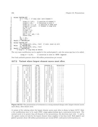 256
3
4
5
6
7
8
9
10
11
12
13
14
15
16
17
18
19
20
21
22
23
24
25
26
27

Chapter 10: Permutations

#ifdef TROTTER_OPT
if ( --ctm_ ) // easy
{
ulong i1 = xi0_;
ulong d = d0_;
ulong i2 = i1 + d;
ulong e2 = x_[i2];
xi_[0] = i2;
xi0_ = i2;
xi_[e2] = i1;
x_[i1] = e2;
x_[i2] = 0;
sw1_ = i1; sw2_ =
return true;
}
d0_ = -d0_;
ctm_ = n_;
#endif // TROTTER_OPT

case: move element 0
// position of element 0
// direction to move 0
// position to swap with
// element to swap with

i2;

#ifdef TROTTER_OPT
for (ulong e1=1; e1<n_; ++e1) // note: start at e1=1
#else
// TROTTER_OPT
for (ulong e1=0; e1<n_; ++e1)
#endif // TROTTER_OPT
[--snip--] // loop body as before

The very same modiﬁcation can be applied to the method prev(), only the minus sign has to be added:
ulong d = -d_[0];

// direction to move e1 (NOTE: negated)

Now both methods generate about 190 million permutations per second.

10.7.2
0:
1:
2:
3:
4:
5:
6:
7:
8:
9:
10:
11:
12:
13:
14:
15:
16:
17:
18:
19:
20:
21:
22:
23:

Variant where largest element moves most often
permutation
[ . 1 2 3 ]
[ . 1 3 2 ]
[ . 3 1 2 ]
[ 3 . 1 2 ]
[ 3 . 2 1 ]
[ . 3 2 1 ]
[ . 2 3 1 ]
[ . 2 1 3 ]
[ 2 . 1 3 ]
[ 2 . 3 1 ]
[ 2 3 . 1 ]
[ 3 2 . 1 ]
[ 3 2 1 . ]
[ 2 3 1 . ]
[ 2 1 3 . ]
[ 2 1 . 3 ]
[ 1 2 . 3 ]
[ 1 2 3 . ]
[ 1 3 2 . ]
[ 3 1 2 . ]
[ 3 1 . 2 ]
[ 1 3 . 2 ]
[ 1 . 3 2 ]
[ 1 . 2 3 ]

swap
(0, 1)
(3, 2)
(2, 1)
(1, 0)
(3, 2)
(0, 1)
(1, 2)
(2, 3)
(1, 0)
(3, 2)
(2, 1)
(1, 0)
(3, 2)
(0, 1)
(1, 2)
(2, 3)
(0, 1)
(3, 2)
(2, 1)
(1, 0)
(2, 3)
(0, 1)
(1, 2)
(2, 3)

inverse
[ . 1 2
[ . 1 3
[ . 2 3
[ 1 2 3
[ 1 3 2
[ . 3 2
[ . 3 1
[ . 2 1
[ 1 2 .
[ 1 3 .
[ 2 3 .
[ 2 3 1
[ 3 2 1
[ 3 2 .
[ 3 1 .
[ 2 1 .
[ 2 . 1
[ 3 . 1
[ 3 . 2
[ 3 1 2
[ 2 1 3
[ 2 . 3
[ 1 . 3
[ 1 . 2

p.
3 ]
2 ]
1 ]
. ]
. ]
1 ]
2 ]
3 ]
3 ]
2 ]
1 ]
. ]
. ]
1 ]
2 ]
3 ]
3 ]
2 ]
1 ]
. ]
. ]
1 ]
2 ]
3 ]

direction
- - - - - - - - - - - - - - - +
- - - +
- - - +
- - - +
- - - - - - - - - - - - - - + +
- - + +
- - + +
- - + +
- - + - - + - - + - - + - - + +
- - + +
- - + +
- - + +

Figure 10.7-C: The permutations of 4 elements in a strong minimal-change order (largest element moves
most often). Dots denote zeros.
A variant of the ordering where the largest element moves most often is shown in ﬁgure 10.7-C. Only
a few modiﬁcations have to be made [FXT: class perm trotter lg in comb/perm-trotter-lg.h]. The
sentinel needs to be greater than all elements of the permutations, the directions start with −1, and in
the update routine we look for the largest element whose neighbor is less than itself. Both next() and
prev() generate about 146 million permutations per second [FXT: comb/perm-trotter-lg-demo.cc].

 