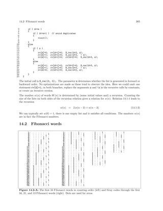 14.2: Fibonacci words
3
4
5
6
7
8
9
10
11
12
13
14
15
16
17
18
19
20
21
22
23
24
25

305

if ( d>=n )
{
if ( d<=n+1 )
{
visit();
}
}
else
{
if ( z )
{
rv[d]=0;
rv[d]=1;
rv[d]=1;
}
else
{
rv[d]=1;
rv[d]=1;
rv[d]=0;
}
}

// avoid duplicates

rv[d+1]=0;
rv[d+1]=0;
rv[d+1]=2;

X_rec(d+2, z);
X_rec(d+2, ! z);
rv[d+2]=0; X_rec(d+3, z);

rv[d+1]=2;
rv[d+1]=0;
rv[d+1]=0;

rv[d+2]=0; X_rec(d+3, z);
X_rec(d+2, ! z);
X_rec(d+2, z);

}

The initial call is X_rec(0, 0);. The parameter z determines whether the list is generated in forward or
backward order. No optimizations are made as these tend to obscure the idea. Here we could omit one
statement rv[d]=1; in both branches, replace the arguments z and !z in the recursive calls by constants,
or create an iterative version.
The number w(n) of words W (n) is determined by (some initial values and) a recursion. Counting the
size of the lists on both sides of the recursion relation gives a relation for w(n). Relation 14.1-1 leads to
the recursion
w(n)

=

2 w(n − 2) + w(n − 3)

(14.1-3)

We can typically set w(0) = 1, there is one empty list and it satisﬁes all conditions. The numbers w(n)
are in fact the Fibonacci numbers.

14.2
1:
2:
3:
4:
5:
6:
7:
8:
9:
10:
11:
12:
13:
14:
15:
16:
17:
18:
19:
20:
21:
22:
23:
24:
25:
26:
27:
28:
29:
30:
31:
32:
33:
34:

Fibonacci words
.
.
.
.
.
.
.
.
.
.
.
.
.
.
.
.
.
.
.
.
.
1
1
1
1
1
1
1
1
1
1
1
1
1

.
.
.
.
.
.
.
.
.
.
.
.
.
1
1
1
1
1
1
1
1
.
.
.
.
.
.
.
.
.
.
.
.
.

.
.
.
.
.
.
.
.
1
1
1
1
1
.
.
.
.
.
.
.
.
.
.
.
.
.
.
.
.
1
1
1
1
1

.
.
.
.
.
1
1
1
.
.
.
.
.
.
.
.
.
.
1
1
1
.
.
.
.
.
1
1
1
.
.
.
.
.

.
.
.
1
1
.
.
.
.
.
.
1
1
.
.
.
1
1
.
.
.
.
.
.
1
1
.
.
.
.
.
.
1
1

.
.
1
.
.
.
.
1
.
.
1
.
.
.
.
1
.
.
.
.
1
.
.
1
.
.
.
.
1
.
.
1
.
.

.
1
.
.
1
.
1
.
.
1
.
.
1
.
1
.
.
1
.
1
.
.
1
.
.
1
.
1
.
.
1
.
.
1

1:
2:
3:
4:
5:
6:
7:
8:
9:
10:
11:
12:
13:
14:
15:
16:
17:
18:
19:
20:
21:
22:
23:
24:
25:
26:
27:
28:
29:
30:
31:
32:
33:
34:

.
.
.
.
.
.
.
.
.
.
.
.
.
.
.
.
.
.
.
.
.
1
1
1
1
1
1
1
1
1
1
1
1
1

1
1
1
1
1
1
1
1
.
.
.
.
.
.
.
.
.
.
.
.
.
.
.
.
.
.
.
.
.
.
.
.
.
.

.
.
.
.
.
.
.
.
.
.
.
.
.
.
.
.
1
1
1
1
1
1
1
1
1
1
.
.
.
.
.
.
.
.

.
.
.
.
.
1
1
1
1
1
1
.
.
.
.
.
.
.
.
.
.
.
.
.
.
.
.
.
.
.
.
1
1
1

1
1
.
.
.
.
.
.
.
.
.
.
.
.
1
1
1
1
.
.
.
.
.
.
1
1
1
1
.
.
.
.
.
.

.
.
.
.
1
1
.
.
.
.
1
1
.
.
.
.
.
.
.
.
1
1
.
.
.
.
.
.
.
.
1
1
.
.

.
1
1
.
.
.
.
1
1
.
.
.
.
1
1
.
.
1
1
.
.
.
.
1
1
.
.
1
1
.
.
.
.
1

.
.
.
.
.
.
.
.
.
.
.
.
.
1
1
1
1
1
1
1
1

1
1
1
1
1
.
.
.
.
.
.
.
.
.
.
.
.
.
.
.
.

.
.
.
.
.
.
.
.
.
.
1
1
1
1
1
1
.
.
.
.
.

.
.
.
1
1
1
1
.
.
.
.
.
.
.
.
.
.
.
.
1
1

1
.
.
.
.
.
.
.
.
1
1
.
.
.
.
1
1
.
.
.
.

.
.
1
1
.
.
1
1
.
.
.
.
1
1
.
.
.
.
1
1
.

.
.
.
.
.
.
.
.
1
1
1
1
1

1
1
1
.
.
.
.
.
.
.
.
.
.

.
.
.
.
.
.
1
1
1
1
.
.
.

.
.
1
1
.
.
.
.
.
.
.
.
1

1
.
.
.
.
1
1
.
.
1
1
.
.

Figure 14.2-A: The ﬁrst 34 Fibonacci words in counting order (left) and Gray codes through the ﬁrst
34, 21, and 13 Fibonacci words (right). Dots are used for zeros.

 