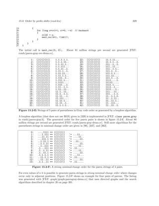15.3: Order by preﬁx shifts (cool-lex)
19
20
21
22
23
24
25
26
27

329

{
for (long x=rv1+1; x>=0; --x)
{
rv[d] = x;
next_rec(d+1, !(x&1));
}

// backward

}
}
}

The initial call is next_rec(0, 0);.
comb/paren-gray-rec-demo.cc].
1:
2:
3:
4:
5:
6:
7:
8:
9:
10:
11:
12:
13:
14:
15:
16:
17:
18:
19:
20:
21:

()()()()()
()()()(())
()()(()())
()()((()))
()()(())()
()(()())()
()(()(()))
()(()()())
()((())())
()((()()))
()(((())))
()((()))()
()(())()()
()(())(())
(()())(())
(()())()()
(()(()))()
(()((())))
(()(()()))
(()(())())
(()()()())

About 81 million strings per second are generated [FXT:

1.1.1.1.1.
1.1.1.11..
1.1.11.1..
1.1.111...
1.1.11..1.
1.11.1..1.
1.11.11...
1.11.1.1..
1.111..1..
1.111.1...
1.1111....
1.111...1.
1.11..1.1.
1.11..11..
11.1..11..
11.1..1.1.
11.11...1.
11.111....
11.11.1...
11.11..1..
11.1.1.1..

22:
23:
24:
25:
26:
27:
28:
29:
30:
31:
32:
33:
34:
35:
36:
37:
38:
39:
40:
41:
42:

(()()(()))
(()()())()
((())())()
((())(()))
((())()())
((()())())
((()()()))
((()(())))
((()()))()
(((())))()
((((()))))
(((()())))
(((())()))
(((()))())
((()))(())
((()))()()
(())()()()
(())()(())
(())(()())
(())((()))
(())(())()

11.1.11...
11.1.1..1.
111..1..1.
111..11...
111..1.1..
111.1..1..
111.1.1...
111.11....
111.1...1.
1111....1.
11111.....
1111.1....
1111..1...
1111...1..
111...11..
111...1.1.
11..1.1.1.
11..1.11..
11..11.1..
11..111...
11..11..1.

Figure 15.2-E: Strings of 5 pairs of parentheses in Gray code order as generated by a loopless algorithm.
A loopless algorithm (that does not use RGS) given in [329] is implemented in [FXT: class paren gray
in comb/paren-gray.h]. The generated order for ﬁve paren pairs is shown in ﬁgure 15.2-E. About 80
million strings per second are generated [FXT: comb/paren-gray-demo.cc]. Still more algorithms for the
parentheses strings in minimal-change order are given in [90], [337], and [363].
0:
1:
2:
3:
4:
5:
6:
7:
8:
9:
10:
11:
12:
13:

....1111
...1.111
...11.11
...111.1
..1.11.1
..1.1.11
..1..111
.1...111
.1..1.11
.1..11.1
.1.1.1.1
..11.1.1
..11..11
.1.1..11

==
==
==
==
==
==
==
==
==
==
==
==
==
==

(((())))
((()()))
(()(()))
()((()))
()(()())
(()()())
((())())
((()))()
(()())()
()(())()
()()()()
()()(())
(())(())
(())()()

^=
^=
^=
^=
^=
^=
^=
^=
^=
^=
^=
^=
^=

...11...
....11..
.....11.
..11....
.....11.
....11..
.11.....
....11..
.....11.
...11...
.11.....
.....11.
.11.....

Figure 15.2-F: A strong minimal-change order for the paren strings of 4 pairs.
For even values of n it is possible to generate paren strings in strong minimal-change order where changes
occur only in adjacent positions. Figure 15.2-F shows an example for four pairs of parens. The listing
was generated with [FXT: graph/graph-parengray-demo.cc] that uses directed graphs and the search
algorithms described in chapter 20 on page 391.

 