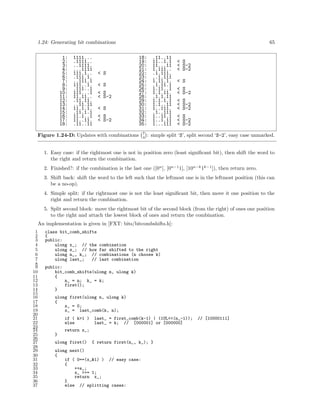 1.24: Generating bit combinations
1:
2:
3:
4:
5:
6:
7:
8:
9:
10:
11:
12:
13:
14:
15:
16:
17:
18:

1111...
.1111..
..1111.
...1111
111.1..
.111.1.
..111.1
111..1.
.111..1
111...1
11.11..
.11.11.
..11.11
11.1.1.
.11.1.1
11.1..1
11..11.
.11..11

< S
< S
< S
< S-2
< S
< S
< S-2

65
18:
19:
20:
21:
22:
23:
24:
25:
26:
27:
28:
29:
30:
31:
32:
33:
34:
35:

Figure 1.24-D: Updates with combinations

7
4

.11..11
11..1.1
11...11
1.111..
.1.111.
..1.111
1.11.1.
.1.11.1
1.11..1
1.1.11.
.1.1.11
1.1.1.1
1.1..11
1..111.
.1..111
1..11.1
1..1.11
1...111

< S
< S-2
< S-2
< S
< S
< S-2
< S
< S-2
< S-2
< S
< S-2
< S-2

: simple split ‘S’, split second ‘S-2’, easy case unmarked.

1. Easy case: if the rightmost one is not in position zero (least signiﬁcant bit), then shift the word to
the right and return the combination.
2. Finished?: if the combination is the last one ([0n ], [0n−1 1], [10n−k 1k−1 ]), then return zero.
3. Shift back: shift the word to the left such that the leftmost one is in the leftmost position (this can
be a no-op).
4. Simple split: if the rightmost one is not the least signiﬁcant bit, then move it one position to the
right and return the combination.
5. Split second block: move the rightmost bit of the second block (from the right) of ones one position
to the right and attach the lowest block of ones and return the combination.
An implementation is given in [FXT: bits/bitcombshifts.h]:
1
2
3
4
5
6
7
8
9
10
11
12
13
14
15
16
17
18
19
20
21
22
23
24
25
26
27
28
29
30
31
32
33
34
35
36
37

class bit_comb_shifts
{
public:
ulong x_; // the
ulong s_; // how
ulong n_, k_; //
ulong last_;
//

combination
far shifted to the right
combinations (n choose k)
last combination

public:
bit_comb_shifts(ulong n, ulong k)
{
n_ = n; k_ = k;
first();
}
ulong first(ulong n, ulong k)
{
s_ = 0;
x_ = last_comb(k, n);
if ( k>1 )
else

last_ = first_comb(k-1) | (1UL<<(n_-1));
last_ = k; // [000001] or [000000]

return x_;
}
ulong first()

{ return first(n_, k_); }

ulong next()
{
if ( 0==(x_&1) ) // easy case:
{
++s_;
x_ >>= 1;
return x_;
}
else // splitting cases:

// [10000111]

 