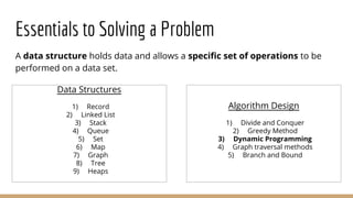 Essentials to Solving a Problem
A data structure holds data and allows a specific set of operations to be
performed on a data set.
Data Structures
1) Record
2) Linked List
3) Stack
4) Queue
5) Set
6) Map
7) Graph
8) Tree
9) Heaps
Algorithm Design
1) Divide and Conquer
2) Greedy Method
3) Dynamic Programming
4) Graph traversal methods
5) Branch and Bound
 