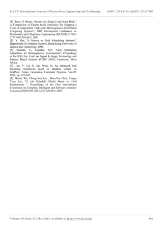 IJRET: International Journal of Research in Engineering and Technology eISSN: 2319-1163 | pISSN: 2321-7308
_______________________________________________________________________________________
Volume: 04 Issue: 03 | Mar-2015, Available @ http://www.ijret.org 446
[4]. Tracy D. Braun, Howard Jay Siegel,2 and Noah Beck,”
A Comparison of Eleven Static Heuristics for Mapping a
Class of Independent Tasks onto Heterogeneous Distributed
Computing Systems”, 2007 International Conference on
Multimedia and Ubiquitous Engineering (MUE'07) 0-7695-
2777-9/07 $20.00 © 2007.
[5]. Y. Zhu, "A Survey on Grid Scheduling Systems",
Department of Computer Science, Hong Kong University of
science and Technology, 2003.
[6]. Sumathi. G., Gopalan. N.P, "Grid Scheduling
Algorithms for Heterogeneous Environment", Proceedings
of the IEEE Int. Conf. on Signal & Image Technology and
Internet Based Systems (SITIS 2005), Cameroon, West
Africa.
[7]. Hao Y, Liu G. and Wenc N, An enhanced load
balancing mechanism based on deadline control on
GridSim, Future Generation Computer Systems, Vol.28,
2012, pp. 657-665.
[8]. Homer Wu, Chong-Yen Lee , Wuu-Yee Chen, Tsang-
Yean Lee, "A Job Schedule Model Based on Grid
Environment ", Proceedings of the First International
Conference on Complex, Intelligent and Software Intensive
Systems (CISIS'7695-2823-6/07 $20.00 © 2007
 