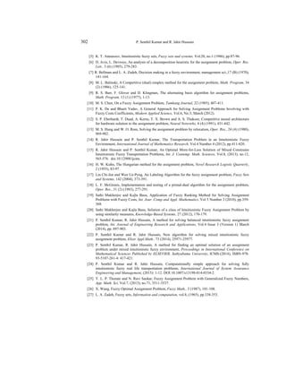302 P. Senthil Kumar and R. Jahir Hussain
[5] K. T. Atanassov, Intuitionistic fuzzy sets, Fuzzy sets and systems, Vol.20, no.1 (1986), pp.87-96.
[6] D. Avis, L. Devroye, An analysis of a decomposition heuristic for the assignment problem, Oper. Res.
Lett., 3 (6) (1985), 279-283.
[7] R. Bellman and L. A. Zadeh, Decision making in a fuzzy environment, management sci.,17 (B) (1970),
141-164.
[8] M. L. Balinski, A Competitive (dual) simplex method for the assignment problem, Math. Program, 34
(2) (1986), 125-141.
[9] R. S. Barr, F. Glover and D. Klingman, The alternating basis algorithm for assignment problems,
Math. Program, 13 (1) (1977), 1-13.
[10] M. S. Chen, On a Fuzzy Assignment Problem, Tamkang Journal, 22 (1985), 407-411.
[11] P. K. De and Bharti Yadav, A General Approach for Solving Assignment Problems Involving with
Fuzzy Costs Coefficients, Modern Applied Science, Vol.6, No.3; March (2012).
[12] S. P. Eberhardt, T. Duad, A. Kerns, T. X. Brown and A. S. Thakoor, Competitive neural architecture
for hardware solution to the assignment problem, Neural Networks, 4 (4) (1991), 431-442.
[13] M. S. Hung and W. O. Rom, Solving the assignment problem by relaxation, Oper. Res., 24 (4) (1980),
969-982.
[14] R. Jahir Hussain and P. Senthil Kumar, The Transportation Problem in an Intuitionistic Fuzzy
Environment, International Journal of Mathematics Research, Vol.4 Number 4 (2012), pp.411-420.
[15] R. Jahir Hussain and P. Senthil Kumar, An Optimal More-for-Less Solution of Mixed Constrains
Intuitionistic Fuzzy Transportation Problems, Int. J. Contemp. Math. Sciences, Vol.8, (2013), no.12,
565-576. doi.10.12988/ijcms.
[16] H. W. Kuhn, The Hungarian method for the assignment problem, Novel Research Logistic Quarterly,
2 (1955), 83-97.
[17] Lin Chi-Jen and Wen Ue-Pyng, An Labeling Algorithm for the fuzzy assignment problem, Fuzzy Sets
and Systems, 142 (2004), 373-391.
[18] L. F. McGinnis, Implementation and testing of a primal-dual algorithm for the assignment problem,
Oper. Res., 31 (2) (1983), 277-291.
[19] Sathi Mukherjee and Kajla Basu, Application of Fuzzy Ranking Method for Solving Assignment
Problems with Fuzzy Costs, Int. Jour. Comp and Appl. Mathematics, Vol 5 Number 3 (2010), pp.359-
368.
[20] Sathi Mukherjee and Kajla Basu, Solution of a class of Intuitionistic Fuzzy Assignment Problem by
using similarity measures, Knowledge-Based Systems, 27 (2012), 170-179.
[21] P. Senthil Kumar, R. Jahir Hussain, A method for solving balanced intuitionistic fuzzy assignment
problem, Int. Journal of Engineering Research and Applications, Vol.4 Issue 3 (Version 1) March
(2014), pp. 897-903.
[22] P. Senthil Kumar and R. Jahir Hussain, New algorithm for solving mixed intuitionistic fuzzy
assignment problem, Elixir Appl.Math., 73 (2014), 25971-25977.
[23] P. Senthil Kumar, R. Jahir Hussain, A method for finding an optimal solution of an assignment
problem under mixed intuitionistic fuzzy environment, Proceedings in International Conference on
Mathematical Sciences Published by ELSEVIER, Sathyabama University, ICMS-(2014), ISBN-978-
93-5107-261-4: 417-421.
[24] P. Senthil Kumar and R. Jahir Hussain, Computationally simple approach for solving fully
intuitionistic fuzzy real life transportation problems, International Journal of System Assurance
Engineering and Management, (2015): 1-12. DOI 10.1007/s13198-014-0334-2.
[25] Y. L. P. Thorani and N. Ravi Sankar, Fuzzy Assignment Problem with Generalized Fuzzy Numbers,
App. Math. Sci, Vol.7, (2013), no.71, 3511-3537.
[26] X. Wang, Fuzzy Optimal Assignment Problem, Fuzzy Math., 3 (1987), 101-108.
[27] L. A. Zadeh, Fuzzy sets, Information and computation, vol.8, (1965), pp.338-353.
 