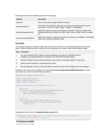 TUTORIALS POINT
Simply Easy Learning
Following are the important attributes specific to FrameLayout:
Attribute Description
android:id This is the ID which uniquely identifies the layout.
android:foreground
This defines the drawable to draw over the content and possible values may be a
color value, in the form of "#rgb", "#argb", "#rrggbb", or "#aarrggbb".
android:foregroundGravity
Defines the gravity to apply to the foreground drawable. The gravity defaults to fill.
Possible values are top, bottom, left, right, center, center_vertical, center_horizontal
etc.
android:measureAllChildren
Determines whether to measure all children or just those in the VISIBLE or INVISIBLE
state when measuring. Defaults to false.
Example
This example will take you through simple steps to show how to create your own Android application using frame
layout. Follow the following steps to modify the Android application we created in Hello World Example chapter:
Step Description
1
You will use Eclipse IDE to create an Android application and name it as HelloWorld under a
package com.example.helloworld as explained in the Hello World Example chapter.
2 Modify the detault content of res/layout/activity_main.xml file to include few widgets in frame layout.
3 Define required constants in res/values/strings.xml file
4 Run the application to launch Android emulator and verify the result of the changes done in the aplication.
Following is the content of the modified main activity filesrc/com.example.helloworld/MainActivity.java. This file
can include each of the fundamental lifecycle methods.
package com.example.helloworld;
import android.os.Bundle;
import android.app.Activity;
import android.view.Menu;
public class MainActivity extends Activity {
@Override
protected void onCreate(Bundle savedInstanceState) {
super.onCreate(savedInstanceState);
setContentView(R.layout.activity_main);
}
@Override
public boolean onCreateOptionsMenu(Menu menu) {
getMenuInflater().inflate(R.menu.main, menu);
return true;
}
}
Following will be the content of res/layout/activity_main.xml file:
<FrameLayout xmlns:android="http://schemas.android.com/apk/res/android"
android:layout_width="fill_parent"
 